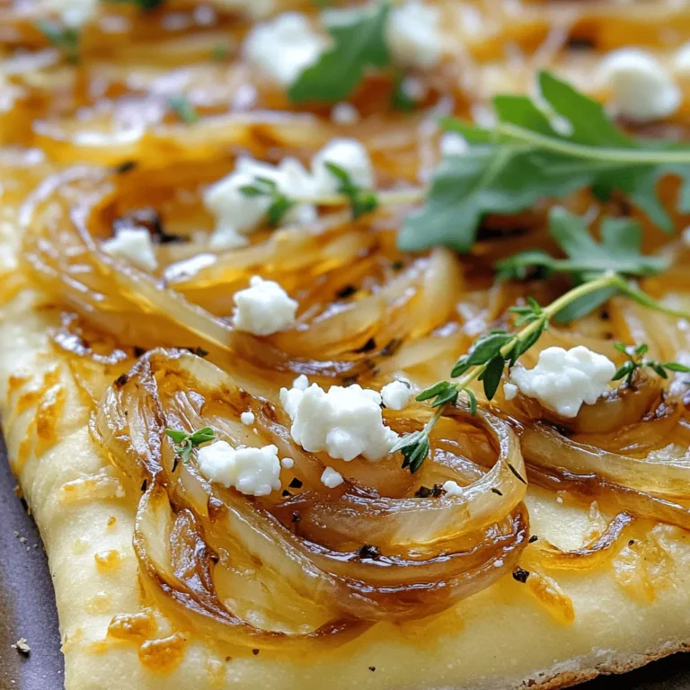 To make the Caramelized Onion and Goat Cheese Flatbread, gather these items: - 1 pre-made flatbread or pizza dough - 2 large onions, thinly sliced - 2 tablespoons olive oil - 1 tablespoon balsamic vinegar - 4 ounces goat cheese, crumbled - 1 tablespoon fresh thyme leaves (or 1 teaspoon dried thyme) - Salt and freshly ground black pepper, to taste - Optional: 1/4 cup fresh arugula for topping Quality Goat Cheese: Look for soft, creamy goat cheese. It should have a fresh smell and a slight tang. A good goat cheese enhances the flatbread's taste. Fresh Thyme: Fresh thyme brings a lovely aroma. It's bright and herbal. If fresh is not available, dried thyme works too, but use less as it is stronger. If you need to make swaps, here are some ideas: - Flatbread: You can substitute with pita bread or naan for a different texture. - Onions: Shallots or leeks can also work well. - Goat Cheese: Feta cheese or ricotta can provide a similar creamy texture. - Arugula: Spinach or mixed greens can replace arugula for a fresh topping. These options help you customize your flatbread to your taste and what you have on hand. Enjoy the cooking process, and don't hesitate to experiment! For the full recipe, refer to the section above. To start, heat 2 tablespoons of olive oil in a large skillet. Use medium heat for best results. Next, thinly slice 2 large onions. Add the onions to the skillet along with a pinch of salt. The salt helps to draw out moisture, making them soft. Stir the onions often for about 15-20 minutes. You want them to turn golden-brown. If they start to stick, reduce the heat. Once the onions are nicely caramelized, add 1 tablespoon of balsamic vinegar. Stir the mix well and let it cook for another 2-3 minutes. The vinegar will glaze the onions and add a sweet flavor. After that, remove the skillet from heat and let the mixture cool a bit. Now, preheat your oven to 450°F (232°C). If you are using pizza dough, roll it out to your desired shape. Aim for 1/4 inch thick for a crispy texture. If you are using pre-made flatbread, just lay it out on a baking sheet or pizza stone. Make sure the surface is lightly floured to prevent sticking. This step is important for getting a nice, crispy bottom on your flatbread. It’s time to put it all together! Place the rolled-out dough on your baking sheet. Use a spoon to spread the caramelized onion mixture over the top. Make sure to cover the dough evenly. Next, sprinkle 4 ounces of crumbled goat cheese over the onions. For added freshness, add 1 tablespoon of fresh thyme leaves or 1 teaspoon of dried thyme. Season with salt and freshly ground black pepper to taste. Carefully transfer the flatbread to the oven. Bake it for about 10-12 minutes. You want the edges to be crispy and the goat cheese slightly melted. When it’s done, take it out of the oven. If you like, add some fresh arugula on top for a peppery flavor. Slice the flatbread into equal pieces and serve warm. Enjoy your delicious Caramelized Onion and Goat Cheese Flatbread! For the complete recipe, check out the Full Recipe. Caramelizing onions takes time, but it’s worth it. Start with medium heat and use a good pan. I prefer cast iron for even cooking. Add a pinch of salt to help the onions release moisture. Stir them often, but not too much. This way, they develop that nice golden color. If they start to stick, lower the heat. Keep cooking for 15-20 minutes. The longer you cook, the sweeter they get. Think about fresh herbs to enhance the flatbread. Thyme pairs well with goat cheese. You can also try rosemary or oregano for a different twist. For sauces, a drizzle of balsamic glaze adds sweetness. If you like heat, a touch of red pepper flakes can wake up the flavors. Consider adding arugula for a fresh bite. How you serve matters! Use a wooden cutting board for a rustic look. Drizzle olive oil over the flatbread before serving. A sprinkle of fresh thyme on top adds color. Slice it into even pieces for easy sharing. You can also add a small bowl of extra balsamic for dipping. This makes your dish look inviting and tasty. For the full recipe, check out the details above. {{image_4}} You can easily make this dish vegetarian. Just keep the flatbread as it is. The sweet caramelized onions and tangy goat cheese shine on their own. You can add more veggies too. Try bell peppers, mushrooms, or spinach. They bring extra flavor and texture. Roasted veggies work well too. This way, you keep it colorful and nutritious! Want to make it heartier? Add some protein! Grilled chicken is a great choice. Just slice it thin and layer it over the caramelized onions. Prosciutto is another tasty option. Its salty flavor pairs nicely with the sweet onions and creamy cheese. Just tear it into pieces and sprinkle it on top before baking. These proteins elevate the dish to a new level! If you need a gluten-free option, don’t worry! You can use a gluten-free flatbread or pizza crust. Many stores sell pre-made options now. You can also make your own using almond flour or cauliflower. Just follow a simple gluten-free dough recipe. This way, you can still enjoy the delicious flavors of caramelized onion and goat cheese flatbread without gluten. For the full recipe, check out the detailed instructions above. After enjoying your flatbread, let it cool down. Place any leftover flatbread in an airtight container. This keeps it fresh and tasty. You can also wrap it in foil or plastic wrap. Store it in the fridge for up to three days. Be sure to keep it away from strong-smelling foods. This helps maintain its flavor. To reheat the flatbread, preheat your oven to 350°F (175°C). Place the flatbread on a baking sheet. Heat it for about 10 minutes. This will help restore its crispness. If you want it even crispier, broil it for 1-2 minutes. Keep a close eye on it to avoid burning. You can also use a microwave, but this may make it chewy instead of crispy. If you want to save your flatbread for later, freezing is a great option. Wrap the cooled flatbread tightly in plastic wrap. Then, place it in a freezer-safe bag or container. This helps prevent freezer burn. You can freeze it for up to three months. When ready to eat, let it thaw in the fridge overnight. Then, reheat it using the instructions above. Enjoy the flavors just like when it was fresh! For the full recipe, check out the complete details above. To caramelize onions well, heat olive oil in a large skillet over medium heat. Add thinly sliced onions with a pinch of salt. Stir them often for about 15-20 minutes. The goal is to get them soft and golden brown. If they stick, lower the heat a bit. This slow cooking brings out their sweet flavor. Yes, you can replace goat cheese with other options. Feta cheese gives a nice tang. Mozzarella melts well and creates a gooey texture. Ricotta adds creaminess, while aged cheddar offers a sharp taste. Each cheese will change the flatbread's flavor, so feel free to experiment. Caramelized onion flatbread lasts about 3-4 days in the fridge. To keep it fresh, wrap it tightly in plastic wrap or store it in an airtight container. This helps prevent it from drying out or absorbing odors from other foods. Enjoy it cold or reheat in the oven for a crispy texture. For the full recipe, check out the detailed instructions above. This article covered the essential ingredients and step-by-step instructions for making delicious caramelized onion flatbread. You learned tips to enhance flavor and presentation and options for variations. Remember, caramelizing onions takes patience, but the sweet, rich flavor is worth it. Feel free to try substitutions and variations to suit your taste. Enjoy every bite of your tasty flatbread creation!