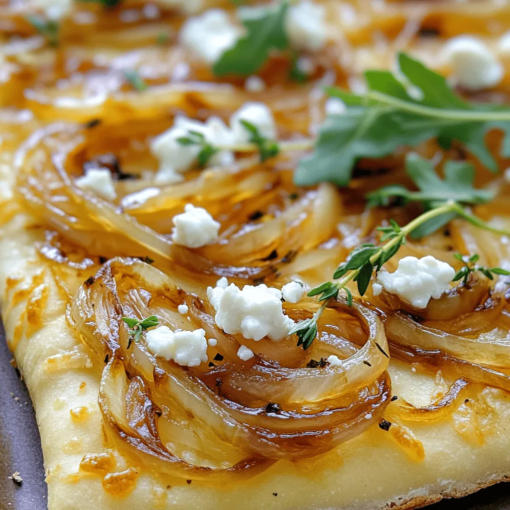 To make the Caramelized Onion and Goat Cheese Flatbread, gather these items: - 1 pre-made flatbread or pizza dough - 2 large onions, thinly sliced - 2 tablespoons olive oil - 1 tablespoon balsamic vinegar - 4 ounces goat cheese, crumbled - 1 tablespoon fresh thyme leaves (or 1 teaspoon dried thyme) - Salt and freshly ground black pepper, to taste - Optional: 1/4 cup fresh arugula for topping Quality Goat Cheese: Look for soft, creamy goat cheese. It should have a fresh smell and a slight tang. A good goat cheese enhances the flatbread's taste. Fresh Thyme: Fresh thyme brings a lovely aroma. It's bright and herbal. If fresh is not available, dried thyme works too, but use less as it is stronger. If you need to make swaps, here are some ideas: - Flatbread: You can substitute with pita bread or naan for a different texture. - Onions: Shallots or leeks can also work well. - Goat Cheese: Feta cheese or ricotta can provide a similar creamy texture. - Arugula: Spinach or mixed greens can replace arugula for a fresh topping. These options help you customize your flatbread to your taste and what you have on hand. Enjoy the cooking process, and don't hesitate to experiment! For the full recipe, refer to the section above. To start, heat 2 tablespoons of olive oil in a large skillet. Use medium heat for best results. Next, thinly slice 2 large onions. Add the onions to the skillet along with a pinch of salt. The salt helps to draw out moisture, making them soft. Stir the onions often for about 15-20 minutes. You want them to turn golden-brown. If they start to stick, reduce the heat. Once the onions are nicely caramelized, add 1 tablespoon of balsamic vinegar. Stir the mix well and let it cook for another 2-3 minutes. The vinegar will glaze the onions and add a sweet flavor. After that, remove the skillet from heat and let the mixture cool a bit. Now, preheat your oven to 450°F (232°C). If you are using pizza dough, roll it out to your desired shape. Aim for 1/4 inch thick for a crispy texture. If you are using pre-made flatbread, just lay it out on a baking sheet or pizza stone. Make sure the surface is lightly floured to prevent sticking. This step is important for getting a nice, crispy bottom on your flatbread. It’s time to put it all together! Place the rolled-out dough on your baking sheet. Use a spoon to spread the caramelized onion mixture over the top. Make sure to cover the dough evenly. Next, sprinkle 4 ounces of crumbled goat cheese over the onions. For added freshness, add 1 tablespoon of fresh thyme leaves or 1 teaspoon of dried thyme. Season with salt and freshly ground black pepper to taste. Carefully transfer the flatbread to the oven. Bake it for about 10-12 minutes. You want the edges to be crispy and the goat cheese slightly melted. When it’s done, take it out of the oven. If you like, add some fresh arugula on top for a peppery flavor. Slice the flatbread into equal pieces and serve warm. Enjoy your delicious Caramelized Onion and Goat Cheese Flatbread! For the complete recipe, check out the Full Recipe. Caramelizing onions takes time, but it’s worth it. Start with medium heat and use a good pan. I prefer cast iron for even cooking. Add a pinch of salt to help the onions release moisture. Stir them often, but not too much. This way, they develop that nice golden color. If they start to stick, lower the heat. Keep cooking for 15-20 minutes. The longer you cook, the sweeter they get. Think about fresh herbs to enhance the flatbread. Thyme pairs well with goat cheese. You can also try rosemary or oregano for a different twist. For sauces, a drizzle of balsamic glaze adds sweetness. If you like heat, a touch of red pepper flakes can wake up the flavors. Consider adding arugula for a fresh bite. How you serve matters! Use a wooden cutting board for a rustic look. Drizzle olive oil over the flatbread before serving. A sprinkle of fresh thyme on top adds color. Slice it into even pieces for easy sharing. You can also add a small bowl of extra balsamic for dipping. This makes your dish look inviting and tasty. For the full recipe, check out the details above. {{image_4}} You can easily make this dish vegetarian. Just keep the flatbread as it is. The sweet caramelized onions and tangy goat cheese shine on their own. You can add more veggies too. Try bell peppers, mushrooms, or spinach. They bring extra flavor and texture. Roasted veggies work well too. This way, you keep it colorful and nutritious! Want to make it heartier? Add some protein! Grilled chicken is a great choice. Just slice it thin and layer it over the caramelized onions. Prosciutto is another tasty option. Its salty flavor pairs nicely with the sweet onions and creamy cheese. Just tear it into pieces and sprinkle it on top before baking. These proteins elevate the dish to a new level! If you need a gluten-free option, don’t worry! You can use a gluten-free flatbread or pizza crust. Many stores sell pre-made options now. You can also make your own using almond flour or cauliflower. Just follow a simple gluten-free dough recipe. This way, you can still enjoy the delicious flavors of caramelized onion and goat cheese flatbread without gluten. For the full recipe, check out the detailed instructions above. After enjoying your flatbread, let it cool down. Place any leftover flatbread in an airtight container. This keeps it fresh and tasty. You can also wrap it in foil or plastic wrap. Store it in the fridge for up to three days. Be sure to keep it away from strong-smelling foods. This helps maintain its flavor. To reheat the flatbread, preheat your oven to 350°F (175°C). Place the flatbread on a baking sheet. Heat it for about 10 minutes. This will help restore its crispness. If you want it even crispier, broil it for 1-2 minutes. Keep a close eye on it to avoid burning. You can also use a microwave, but this may make it chewy instead of crispy. If you want to save your flatbread for later, freezing is a great option. Wrap the cooled flatbread tightly in plastic wrap. Then, place it in a freezer-safe bag or container. This helps prevent freezer burn. You can freeze it for up to three months. When ready to eat, let it thaw in the fridge overnight. Then, reheat it using the instructions above. Enjoy the flavors just like when it was fresh! For the full recipe, check out the complete details above. To caramelize onions well, heat olive oil in a large skillet over medium heat. Add thinly sliced onions with a pinch of salt. Stir them often for about 15-20 minutes. The goal is to get them soft and golden brown. If they stick, lower the heat a bit. This slow cooking brings out their sweet flavor. Yes, you can replace goat cheese with other options. Feta cheese gives a nice tang. Mozzarella melts well and creates a gooey texture. Ricotta adds creaminess, while aged cheddar offers a sharp taste. Each cheese will change the flatbread's flavor, so feel free to experiment. Caramelized onion flatbread lasts about 3-4 days in the fridge. To keep it fresh, wrap it tightly in plastic wrap or store it in an airtight container. This helps prevent it from drying out or absorbing odors from other foods. Enjoy it cold or reheat in the oven for a crispy texture. For the full recipe, check out the detailed instructions above. This article covered the essential ingredients and step-by-step instructions for making delicious caramelized onion flatbread. You learned tips to enhance flavor and presentation and options for variations. Remember, caramelizing onions takes patience, but the sweet, rich flavor is worth it. Feel free to try substitutions and variations to suit your taste. Enjoy every bite of your tasty flatbread creation!