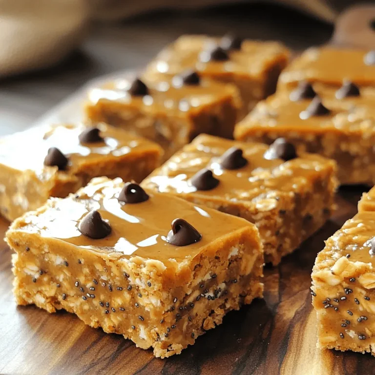 To make these tasty energy bars, you need simple, wholesome ingredients. Here’s what you’ll need: - 1 cup rolled oats - 1/2 cup natural peanut butter - 1/4 cup honey or maple syrup - 1/2 cup mashed banana (about 1 medium banana) - 1/4 cup chia seeds - 1/4 teaspoon salt - 1 teaspoon vanilla extract - 1/2 teaspoon ground cinnamon These ingredients blend well to create a chewy and satisfying snack. The oats provide fiber. Peanut butter gives healthy fats and protein. Honey adds natural sweetness. You can get creative with your energy bars. Here are a few optional ingredients you can add: - 1/4 cup mini chocolate chips (for a sweet touch) - 1/4 cup dried fruit (like cranberries or raisins) - 1/4 cup nuts (such as almonds or walnuts) Feel free to mix and match these options. Adding chocolate chips makes them extra fun. Dried fruit adds a chewy texture. Each ingredient brings unique health benefits. Here’s a closer look: - Rolled oats: High in fiber, they help keep you full longer. - Natural peanut butter: Packed with protein and good fats, it boosts energy. - Honey or maple syrup: Natural sweeteners that provide quick energy. - Mashed banana: Adds potassium and natural sweetness without extra sugar. - Chia seeds: Full of omega-3 fatty acids and fiber, they support heart health. - Salt: Enhances flavor and helps maintain hydration. - Vanilla extract: Adds flavor without calories. - Ground cinnamon: May help with blood sugar control and adds warmth. This blend of ingredients creates a balanced snack. You get energy from carbs, protein for muscle, and healthy fats for satiety. Eating these bars can keep you energized and happy throughout the day. For the full recipe, check the details above! First, gather your ingredients. You will need: - 1 cup rolled oats - 1/2 cup natural peanut butter - 1/4 cup honey or maple syrup - 1/2 cup mashed banana - 1/4 cup chia seeds - 1/4 cup mini chocolate chips (optional) - 1/4 teaspoon salt - 1 teaspoon vanilla extract - 1/2 teaspoon ground cinnamon Start by preheating your oven to 350°F (175°C). Take an 8x8 inch baking dish and line it with parchment paper. This makes it easy to lift out the bars after baking. Next, mix the dry ingredients. In a large bowl, combine the rolled oats, chia seeds, ground cinnamon, and salt. Stir them together well. Now, let’s prepare the wet ingredients. In another bowl, whisk together the peanut butter, honey or maple syrup, mashed banana, and vanilla extract. Mix until it is smooth and creamy. Pour this mixture into the dry ingredients. Stir until everything combines well. If you want to add mini chocolate chips, fold them in gently. Transfer the mixture into your prepared baking dish. Spread it evenly across the bottom. Use a spatula or your hands to press it down firmly. This helps the bars hold their shape. Bake in the preheated oven for 20-25 minutes. Watch for the edges to turn golden brown. This shows the bars are done. Once baked, remove the dish from the oven. Let the bars cool in the pan for about 10 minutes. After this, use the parchment paper to lift the block out of the pan. Place the block on a wire rack to cool completely. This step is key for cutting the bars easily. Once cool, cut into individual bars. For storage, keep them in an airtight container. They stay fresh for about a week. For longer storage, you can freeze them. This recipe makes 12 bars. Enjoy your healthy snack! When making Peanut Butter Oatmeal Energy Bars, start with the dry stuff. Combine rolled oats, chia seeds, ground cinnamon, and salt in a bowl. Mix them well so that every bite has flavor. Next, in another bowl, blend your wet ingredients. Whisk together peanut butter, honey, mashed banana, and vanilla extract until it's smooth. This helps the flavors mix better. After that, pour the wet mix into the dry mix. Stir until everything comes together. If you love a sweet twist, fold in mini chocolate chips for extra joy. To get those bars firm, press the mixture down hard in the baking dish. Use the back of a spatula or your hands for this. Make sure it’s packed tightly. This step is key for keeping the bars from crumbling. Bake them until the edges turn golden brown. After baking, let them cool in the pan for a bit. This cooling time helps them set. Then, lift them out using the parchment paper. Wait until they cool fully before cutting. Enjoy your energy bars in many ways! They make great snacks for school or work. Pair them with yogurt or fruit for breakfast. You can also crumble them over oatmeal for a crunchy treat. For a fun twist, serve them with a spread of extra peanut butter or a drizzle of honey. Wrap them in parchment for easy grab-and-go snacks. These bars are tasty and healthy, making them a perfect choice for any time! {{image_4}} You can add many tasty things to your energy bars. Want a crunch? Try chopped nuts like almonds or walnuts. They add texture and healthy fats. Dried fruits, like cranberries or raisins, bring sweetness and chewiness. For extra flavor, sprinkle in some coconut flakes. It's fun to mix and match to find your favorite combo! If you have allergies or special diets, you can easily swap ingredients. Use almond butter instead of peanut butter if you need a nut-free option. For a gluten-free version, choose certified gluten-free oats. You can also use agave syrup if you want a vegan sweetener. These swaps keep the bars tasty and friendly for everyone. Deciding on chocolate is an easy choice! If you love chocolate, add mini chocolate chips for a sweet treat. They melt just right and make the bars feel like dessert. If you prefer a healthier option, skip the chocolate. You can add extra cinnamon or a touch of nutmeg for a warm flavor. Either way, your energy bars will be delicious! For the full recipe, check out the Peanut Butter Oatmeal Energy Bars 🥜 section. To keep your peanut butter oatmeal energy bars fresh, store them in an airtight container. Place the container in a cool, dry spot. If you can, keep them in the fridge. The cold helps them stay fresh longer. They will last about a week when stored this way. If you want to save some for later, freezing is a great option. First, cut the bars into individual pieces. Wrap each bar in plastic wrap or parchment paper. Then, place them in a freezer-safe bag. Be sure to remove as much air as possible from the bag. The bars can last up to three months in the freezer. When you’re ready to eat one, just take it out and let it thaw. If you prefer your energy bars warm, you can reheat them. Preheat your oven to 350°F (175°C). Place the bars on a baking sheet. Heat them for about 5-10 minutes. This will make them soft and tasty again. You can also microwave them for around 15-20 seconds. Just check to ensure they don’t get too hot. Enjoy your warm snack! You can make these bars vegan by swapping the honey or maple syrup for agave syrup. Use a plant-based peanut butter that contains no added ingredients. This simple change keeps the bars tasty and plant-based. If you need a peanut-free option, almond butter or sunflower seed butter works great. Both will provide a nice texture and flavor. Just keep in mind that the taste will slightly change with these swaps. These energy bars last about one week stored in an airtight container at room temperature. For longer freshness, you can refrigerate them. They stay good for up to two weeks in the fridge. Yes, you can use other sweeteners like brown rice syrup or coconut sugar. Just remember that different sweeteners may change the taste and texture a bit. Always adjust the amount based on sweetness level. Absolutely! These bars are a healthy snack for kids. They have natural ingredients, which provide energy without a sugar crash. Plus, kids love the taste, especially with the chocolate chips! For the full recipe, check below. Peanut Butter Oatmeal Energy Bars are simple yet packed with nutrition. We discussed the important ingredients, easy steps to make them, and ways to store them. You can customize these bars and get creative with different flavors. Remember, these bars are great snacks for everyone, even kids. Enjoy making them your own and share them with friends. Healthier treats can be both tasty and fun!