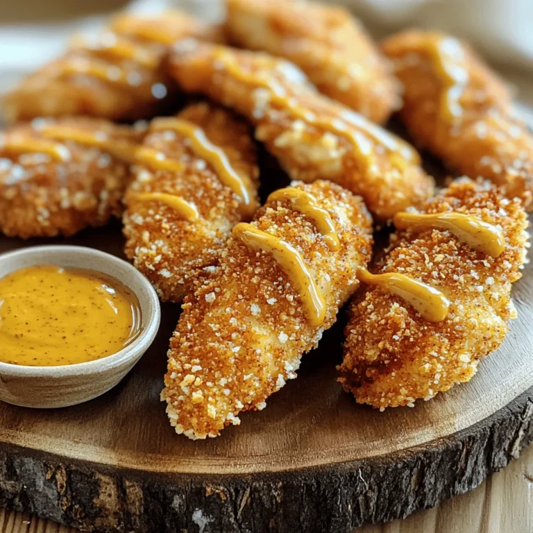 - 1 pound chicken tenderloins - 1/3 cup honey - 1/3 cup Dijon mustard - 1 tablespoon apple cider vinegar - 1 teaspoon garlic powder - 1 teaspoon onion powder - 1/2 teaspoon smoked paprika - Salt and freshly ground black pepper to taste The main stars here are chicken tenderloins. They are juicy and cook quickly. Honey and Dijon mustard bring sweet and tangy flavors. Apple cider vinegar adds a nice kick. Garlic and onion powder enhance the taste without being too strong. Smoked paprika gives a warm, smoky flavor. Don’t forget to add salt and pepper to your liking! - 1 cup breadcrumbs (use panko for added crunch) - 1/2 cup all-purpose flour - 2 large eggs, beaten Next, we set up for coating. Breadcrumbs are key for that crispiness. I love using panko; it creates a great crunch. You also need flour to help the coating stick. Beaten eggs act as glue for the breadcrumbs. For an extra touch, consider garnishing your dish with fresh herbs or lemon wedges. You can find the full recipe to guide you through this process! Preheat the Oven and Prepare the Baking Sheet First, set your oven to 400°F (200°C). This heat makes the chicken crispy. Next, grab a baking sheet. Line it with parchment paper or spray it lightly with cooking spray. This step helps the tenders not stick. Make the Honey Mustard Sauce In a mixing bowl, combine the following: - 1/3 cup honey - 1/3 cup Dijon mustard - 1 tablespoon apple cider vinegar - 1 teaspoon garlic powder - 1 teaspoon onion powder - 1/2 teaspoon smoked paprika - Salt and freshly ground black pepper to taste Whisk until smooth. This sauce adds a sweet and tangy flavor. Reserve half for later. You will drizzle it on the chicken after baking. Setting Up the Dredging Station You need three shallow bowls. Fill one with flour, one with beaten eggs, and one with breadcrumbs. Get your chicken tenderloins ready. Coating Each Chicken Tender Take a chicken tender. Dip it in flour first. Shake off the extra flour. Next, dip it in the egg. Let any excess drip off. Finally, coat it with breadcrumbs. Press gently to stick the crumbs well. Repeat this for all chicken tenders. Baking Time and Temperature Place the coated chicken tenders on the prepared baking sheet. For extra flavor, drizzle a bit of the honey mustard sauce on top. Bake in the oven for 15-20 minutes. The chicken should turn golden brown and reach an internal temperature of 165°F (74°C). Presentation Tips and Serving Suggestions Once done, take the tenders out of the oven. Let them cool for a few minutes. Arrange them on a platter. For color, line the platter with fresh greens. Add a sprig of parsley for a pop of color. Reserved Sauce for Dipping Serve the reserved honey mustard sauce in a small bowl in the center of the platter. This sauce is perfect for dipping. Enjoy your homemade Honey Mustard Chicken Tenders! For the complete recipe, check the Full Recipe. - Using Panko Breadcrumbs Panko breadcrumbs make a big difference. They are larger and flakier than regular ones. This helps create a crispier texture. When you coat the chicken tenderloins, panko gives them a nice crunch. It’s like a tasty armor for your chicken! - Baking vs. Frying Baking your chicken is a healthier choice. It allows the chicken to cook evenly without added oil. Frying can give a great crunch too, but it adds fat. If you want a crispy finish, bake them until golden brown. The oven does the hard work while you relax! - Importance of Internal Temperature Always check the chicken’s internal temperature. You want it to reach 165°F (74°C). This ensures that your chicken is safe to eat and stays juicy. Use a meat thermometer for the best results. It takes away the guesswork! - Marinating Tips for Extra Flavor Marinate your chicken tenderloins for at least 30 minutes. This adds flavor and keeps them moist. Use the honey mustard sauce you made for marinating. The longer it sits, the better the taste! - Adding Herbs or Additional Spices Want to spice things up? Add herbs like thyme or rosemary. They pair well with honey mustard. You can also try adding a pinch of cayenne pepper for some heat. Small changes can make your dish stand out! - Ideas for Flavor Variations Think outside the box! You can swap honey for maple syrup for a different taste. Or, use spicy mustard instead of Dijon for a kick. These simple swaps will keep your honey mustard chicken tenders exciting. Explore and enjoy the process! For the full recipe, check out the detailed steps above. {{image_4}} For a twist on the classic dish, try making spicy honey mustard chicken tenders. To achieve this, simply mix in a tablespoon of hot sauce or paprika with your honey mustard sauce. This adds a delightful kick! You’ll love the balance of sweet and spicy flavors. Another fun option is honey mustard chicken tenders with a BBQ twist. Just add a bit of your favorite BBQ sauce to the honey mustard mix. This will give the tenders a smoky flavor that complements the sweetness of the honey. You can also make these tenders in an air fryer. Set the air fryer to 400°F (200°C). Cook the chicken tenders in a single layer for about 10-12 minutes. This method gives you a crispy outside with less oil. It's quick and easy! If you prefer grilling, you can do that too. Marinate the chicken tenders in the honey mustard sauce for at least 30 minutes. Preheat your grill and cook the tenders for 5-7 minutes on each side. This will give them a nice char and a smoky flavor. To make this dish healthier, you can skip the breadcrumbs. Instead, coat the chicken tenders with just the honey mustard sauce. This keeps them juicy and lowers the calorie count. Your kids will still enjoy the sweet and tangy taste! Another fun idea is using alternate coatings like crushed cornflakes. This gives a fun crunch and makes the dish more appealing to kids. Just crush the cornflakes and use them in place of breadcrumbs. It’s a simple change that kids love! After enjoying your honey mustard chicken tenders, store any leftovers in the fridge. Place them in an airtight container. They stay fresh for up to three days. If you want to keep them crispy, avoid stacking them. Give each tender space to breathe. This helps prevent sogginess. If you want to save them for later, freezing works well. Wrap the chicken tenders in plastic wrap. Then, put them in a freezer bag. This way, they won’t get freezer burn. They can last up to three months in the freezer. When you're ready to eat, just thaw them in the fridge overnight. When reheating, the oven is your best friend. Preheat your oven to 375°F (190°C). Place the chicken tenders on a baking sheet. Heat them for about 10-12 minutes. This keeps them crispy. The microwave works too, but it can make them soft. If you use a microwave, heat them for about 1-2 minutes on medium power. For crispy tenders, always use the oven. You can cover them lightly with foil to prevent drying out. Remove the foil for the last few minutes. This allows the outside to crisp up nicely. If you're using a microwave, place a cup of water inside. This can help keep the tenders from drying out. Leftover chicken tenders are great in new dishes. You can chop them up for salads. They also work well in wraps or sandwiches. Try adding them to a pasta dish with some veggies. The flavor adds a nice twist. You can use leftover chicken tenders for meal prep. Add them to bowls with rice and veggies. They make a quick lunch for work or school. Pack them in separate containers. This helps keep everything fresh and tasty. For a fun snack, slice them into strips and serve with the honey mustard sauce. It’s perfect for dipping! To get those chicken tenders crispy, focus on the coating. Use panko breadcrumbs for a nice crunch. Here are some tips: - Dry the Chicken: Pat the chicken tenders dry with paper towels. This helps the coating stick better. - Dredging: Dip each tender in flour, then egg, and finally panko. Press firmly to ensure a good coat. - Space Them Out: Place tenders in a single layer on the baking sheet. Crowding them makes them steam. - Use Oil: Lightly spray the tenders with cooking oil before baking. This adds to the crispiness. Yes, you can use chicken breasts. Just cut them into strips. Chicken breasts take longer to cook than tenderloins. You might need to bake them for 5-10 extra minutes. Watch for an internal temperature of 165°F (74°C). This keeps your chicken juicy and safe to eat. These tasty tenders pair well with many sides. Here are some ideas: - Fries or Sweet Potato Fries: A classic combo that everyone loves. - Salad: A fresh green salad adds crunch and color. - Veggies: Roasted or steamed veggies make a healthy side. - Mac and Cheese: For a comforting meal, serve with creamy mac and cheese. Leftover chicken tenders last about 3-4 days in the fridge. Store them in an airtight container. To keep them safe, make sure they cool down before sealing. If you want to keep them longer, freeze them. They can last up to 3 months in the freezer. Absolutely! You can prepare the honey mustard sauce ahead of time. Simply mix the ingredients and store it in the fridge for up to a week. This makes meal prep easy. Just remember to stir it before serving. You can also use the sauce as a dip for veggies or sandwiches. In this post, we explored how to make delicious honey mustard chicken tenders. We covered the main ingredients, prep steps, and baking tips. You learned valuable tricks for crispiness and flavor enhancements. We also shared variations and storage tips. You now have everything you need to impress at your next meal. Enjoy cooking and have fun experimenting with this tasty dish!