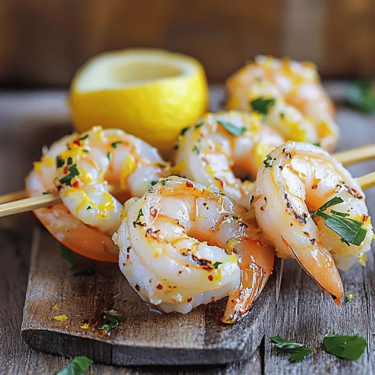 To make Lemon Garlic Shrimp Skewers, you need fresh ingredients. The shrimp soak in a tangy marinade. This adds flavor and keeps them juicy. - Shrimp and Marinade Components - 1 pound large shrimp, peeled and deveined - 3 tablespoons extra virgin olive oil - 3 cloves garlic, finely minced - Zest and juice of 2 fresh lemons - Sea salt and freshly ground black pepper to taste - Optional Heat Elements - 1 teaspoon red pepper flakes (for a spicy kick) - Garnishing Supplies - Fresh parsley, finely chopped (for a vibrant garnish) - Wooden or metal skewers (if using wooden, soak them in water for 30 minutes to prevent burning) These ingredients create a bright, fresh flavor that shines through. The shrimp will taste amazing when grilled. The garlic and lemon work together to enhance the shrimp's natural sweetness. Don’t skip the fresh parsley; it adds a lovely touch! For the full recipe, check the earlier section. To start, you need to make the marinade. In a medium bowl, mix together the olive oil, minced garlic, lemon zest, lemon juice, red pepper flakes, sea salt, and black pepper. Whisk well until it is smooth. Add the shrimp to the bowl. Make sure each shrimp is covered in the marinade. Cover the bowl with plastic wrap and place it in the fridge. Let the shrimp marinate for 30 minutes to 1 hour. This step is key to infusing strong flavors into the shrimp. While the shrimp marinates, it's time to get the grill ready. Preheat your grill or grill pan to medium-high heat. This is important because it helps to sear the shrimp nicely. A well-preheated grill gives you the best results. If you are using wooden skewers, soak them in water for 30 minutes. This prevents them from burning on the grill. For metal skewers, no soaking is needed. Once your grill is hot and the skewers are ready, it’s time to thread the shrimp. Take the marinated shrimp from the fridge. Carefully thread 4 to 5 shrimp onto each skewer. Leave a little space between the shrimp for even cooking. Place the skewers on the grill and cook them for 2 to 3 minutes per side. Keep a close watch on them. The shrimp will change color as they cook. They should turn pink and opaque. This is your signal that they are done. Use tongs to flip the skewers gently, so they don’t splatter. After grilling, let the skewers rest for a couple of minutes. This helps keep them juicy. Garnish the skewers with fresh parsley right before serving. For the full recipe, check out the detailed instructions. To make sure your shrimp soak up all the delicious flavors, marinate them well. Use a bowl that allows the shrimp to be fully covered by the marinade. Stir them gently to coat every shrimp evenly. I recommend letting them marinate for at least 30 minutes. If you can wait an hour, the flavors will be even better. - Overcooking Shrimp: Shrimp cook fast. Keep an eye on them while grilling. They only need about 2-3 minutes on each side. Once they turn pink and opaque, they are done. Overcooking turns them rubbery. - Proper Skewer Handling: If you use wooden skewers, soak them in water for 30 minutes. This step helps prevent burning. When placing the shrimp on the skewers, leave a bit of space between each piece. This helps them cook evenly. - Garnishing Ideas: Fresh parsley adds a pop of color. Sprinkle it on right before serving. You can also add lemon wedges for a bright touch. They look great and add flavor. - Serving Suggestions: Serve your skewers on a platter. Pair them with a light salad or fluffy rice. This makes for a lovely meal and a beautiful table setting. For a fun twist, you can serve with a dipping sauce like garlic aioli or a spicy salsa. For the full recipe, check out the details above. Enjoy your cooking! {{image_4}} You can swap shrimp for many other proteins. Try chicken, beef, or even tofu. Each option brings its own flavor. For instance, chicken takes on garlic and lemon well. Beef adds a hearty taste. Tofu is great for a vegetarian twist. Adjust the marinade time based on the protein. Chicken may need more time, while tofu requires less. Want a different flavor? Mix things up with your marinade. Use lime instead of lemon for a zesty kick. You can also add soy sauce for a savory depth. If you want a sweet note, try honey or maple syrup. Each alternative opens a new taste experience. Herbs can change the whole dish. Instead of parsley, try cilantro for a fresh twist. Basil or thyme can bring a unique flavor profile too. Experiment with what you have at home. Fresh herbs often work better than dried ones. Grilling gives a smoky flavor. It also creates a nice char that many love. If you prefer, you can bake the skewers in the oven. Just place them on a baking sheet at 400°F for 10-12 minutes. Both methods yield tasty results, so choose what suits you. Consider serving with dips. A creamy garlic aioli or spicy sriracha sauce pairs well. You can also try a cool yogurt dip to balance the heat. These additions elevate the dish and make it more fun to eat. Mixing and matching keeps meals exciting. For the full recipe, check out the earlier sections! After you enjoy your lemon garlic shrimp skewers, store any leftovers in the fridge. Place them in an airtight container. They will stay fresh for up to two days. If you used wooden skewers, remove the shrimp before storing. This helps keep them from getting soggy. If you want to save the skewers for later, freezing is a great option. Here’s how to do it: - Steps for Freezing Shrimp Skewers 1. Allow the cooked shrimp skewers to cool completely. 2. Wrap each skewer in plastic wrap. 3. Place the wrapped skewers in a freezer bag or container. 4. Label the bag with the date and type of dish. 5. Store in the freezer for up to three months. - Thawing and Reheating Tips To thaw, place the skewers in the fridge overnight. You can also use the microwave on the defrost setting, but watch closely. Reheat the skewers in a pan over medium heat until warm. This keeps them juicy and tasty. Leftover shrimp are versatile. You can use them in various dishes. Here are some ideas: - Toss them in salads for a protein boost. - Add them to pasta for a quick meal. - Mix with rice and veggies for a stir-fry. By following these storage tips, you can enjoy your lemon garlic shrimp skewers even after the main meal. For the complete recipe, check out the Full Recipe section. When selecting shrimp, look for large, fresh shrimp. Fresh shrimp should have a mild ocean scent. Avoid any with a strong fishy smell. Check the shells; they should be firm and shiny. The color can vary but should not look dull or faded. If possible, buy shrimp that are wild-caught for better flavor. You want shrimp that are peeled and deveined for easy skewering. This makes cooking and eating much simpler. Yes, you can prepare these skewers in advance! Marinate the shrimp up to 24 hours before grilling. This allows the flavors to mix well. Just keep them in the fridge until you're ready to cook. If you skewer them, cover and store them in the fridge. This way, you can enjoy a quick and easy meal when the time comes. To reheat, place the skewers on a grill or in a skillet over medium heat. Cook for 2 to 3 minutes on each side. You want them warm without overcooking. If you prefer, you can microwave them. Place the skewers on a plate and cover with a damp paper towel. Heat for 30 seconds, then check. Repeat until warm. This method keeps the shrimp juicy. We explored how to make delicious shrimp skewers from start to finish. You learned about essential ingredients, marinating tips, and grilling methods. Understanding these steps helps you avoid common mistakes and enhances your presentation. We also discussed variations to keep your dish exciting and how to store any leftovers. With these tips, you can cook shrimp skewers that impress your friends and family. Enjoy your cooking adventures with shrimp!