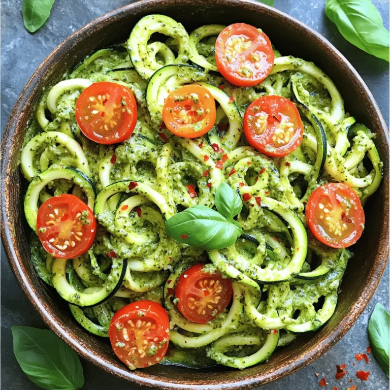- 4 medium zucchinis - 1 cup fresh basil leaves, packed - 1/4 cup pine nuts, toasted - 1/4 cup grated Parmesan cheese (or nutritional yeast for a vegan option) - 2 cloves garlic, peeled - 1/2 cup extra virgin olive oil - Salt and pepper, to taste - 1 cup cherry tomatoes, halved - Crushed red pepper flakes (optional) The main ingredients create a fresh and tasty base. Zucchini brings a crunch, while basil adds a vibrant flavor. Pine nuts give a nice creamy touch. In the additional ingredients, Parmesan cheese enhances the taste. You can swap it for nutritional yeast if you want a vegan dish. Garlic adds depth and a bit of zing. Extra virgin olive oil ties everything together, making it smooth and rich. For garnishes, salt and pepper boost all the flavors. Cherry tomatoes add a sweet burst, and crushed red pepper flakes give a nice kick if you like heat. This ingredient list helps you create a dish that is both healthy and full of flavor. You can find the full recipe to guide you through each step. Enjoy your cooking! - First, wash the zucchinis well. - Next, spiralize the zucchinis into long, fun noodles. - If you don’t have a spiralizer, a julienne peeler works too. - Once you have your noodles, place them in a colander over the sink. - This helps drain excess moisture and keeps them crisp. - In a food processor, add fresh basil leaves and toasted pine nuts. - Then, add grated Parmesan cheese and peeled garlic cloves. - Pulse until everything is chopped well. - While blending, drizzle in the olive oil slowly. - Keep mixing until the sauce is smooth. - Taste it and season with salt and pepper to your liking. - Heat a drizzle of olive oil in a large skillet over medium heat. - Add the zucchini noodles and sauté for 2-3 minutes. - Stir gently to avoid breaking the noodles. - Make sure not to overcook them so they stay crunchy. - Remove the skillet from heat. - Add the fresh pesto to the sautéed zucchini noodles. - Toss everything well to coat the noodles evenly. - Transfer the zoodles to bowls. - Top each bowl with halved cherry tomatoes. - For a bit of heat, sprinkle with crushed red pepper flakes if you like. This dish is a vibrant and healthy twist on pasta. Check out the Full Recipe for more details and enjoy! - Select firm, medium-sized zucchinis. - Look for a shiny skin for freshness. When I pick zucchinis, I always choose ones that feel heavy for their size. A shiny skin means they are fresh and full of flavor. Avoid zucchinis with soft spots or wrinkles. They won’t taste great in your dish. - Use fresh basil for the best flavor. - Adjust garlic and cheese to taste preferences. I love using fresh basil in my pesto. It gives a bright flavor that dried herbs just can’t match. You can taste the difference in every bite. Feel free to adjust garlic and cheese based on your likes. If you want a stronger taste, add more garlic or cheese. - Stir-fry noodles briefly to avoid mushiness. - Use a high-quality extra virgin olive oil. When cooking zucchini noodles, I sauté them for just 2-3 minutes. This keeps them crunchy and not soggy. A high-quality extra virgin olive oil makes a big difference. It adds depth and richness to the dish. For the full recipe, you can check the detailed steps to make this delightful meal. Enjoy your cooking! {{image_4}} For a vegan twist on pesto zucchini noodles, you can make some simple swaps. First, replace the Parmesan cheese with nutritional yeast. This gives the dish a cheesy flavor without dairy. You can also add avocados. They add creaminess and healthy fats, making your meal even richer. If you want extra protein, consider adding grilled chicken or shrimp. They both cook quickly and complement the flavors well. For a plant-based option, try chickpeas. They add texture and protein, making the dish more filling. Plus, they blend nicely with the pesto. To boost the flavor, experiment with different nuts. Walnuts or almonds can give a new twist to your pesto. They add crunch and depth. You can also add lemon zest for bright flavor. It enhances the freshness of the dish and makes each bite more exciting. For the full recipe, check out the complete guide on making pesto zucchini noodles! To keep your pesto zucchini noodles fresh, refrigerate them in an airtight container for up to 3 days. Make sure you avoid storing them with garnishes. This helps keep the flavors bright and the texture good. If you want to save some pesto for later, freeze it separately. This way, you can enjoy it fresh again. Remember, zucchini noodles are best enjoyed fresh, so avoid freezing them. They lose their crunch and flavor when thawed. When you reheat leftovers, sauté them briefly on low heat. This method warms them up without making them mushy. To keep them moist, add a splash of olive oil or a little water. This prevents the noodles from drying out and keeps them tasty. You can easily make zucchini noodles without a spiralizer. Just use a julienne peeler or a vegetable peeler. These tools will create thin, noodle-like strips from the zucchini. Start by washing your zucchini well. Then, peel away long strips. This method gives you a nice texture, perfect for your dish. Yes, you can prepare zucchini noodles ahead of time. However, combine them with the pesto just before serving. This keeps the noodles fresh and prevents them from getting soggy. Store the noodles in the fridge in a sealed container. They will stay crisp for a day or two. For the best flavor, top your pesto zucchini noodles with cherry tomatoes. Their sweetness complements the dish well. You can also add crushed red pepper flakes for a little heat. Fresh basil leaves make a lovely finishing touch, adding color and more flavor. We explored how to make a tasty zucchini noodle dish with homemade pesto. You learned about the main ingredients, cooking steps, and helpful tips. We also covered variations and storage options for leftovers. Zucchini noodles are a fresh, healthy choice. They can be customized to fit your taste. Enjoy your cooking and share your delicious results with friends and family!