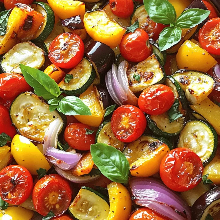 - Zucchini - Bell Peppers - Red Onion - Cherry Tomatoes - Eggplant - Extra Virgin Olive Oil - Dried Oregano - Dried Thyme - Garlic Powder - Salt and Black Pepper - Fresh Basil Leaves To make delicious roasted Mediterranean vegetables, you need fresh veggies. Zucchini adds a nice texture. Bell peppers bring a sweet crunch. Red onion gives a mild bite. Cherry tomatoes add juiciness and color. Eggplant provides a creamy element. For seasonings, use extra virgin olive oil. It helps the veggies roast nicely. Dried oregano and thyme add a warm, herbal flavor. Garlic powder gives a nice aroma. Salt and black pepper enhance all the tastes. To finish, fresh basil leaves are great for garnish. They add brightness and freshness to the dish. This combination of ingredients makes a vibrant and tasty meal. These roasted vegetables are a feast for the eyes and the palate. For the full recipe, refer to the provided instructions. Preheating the Oven First, set your oven to 425°F (220°C). This high heat helps the vegetables roast well. Preheating is key for even cooking and great flavor. Preparing the Vegetables Next, gather your fresh veggies. You need zucchini, bell peppers, onion, cherry tomatoes, and eggplant. Slice the zucchini into half-moons, chop the bell peppers, and cut the onion into wedges. Halve the cherry tomatoes and dice the eggplant into 1-inch cubes. Place all the veggies in a large mixing bowl. Drizzling Olive Oil Now, grab your extra virgin olive oil. Drizzle about 3 tablespoons evenly over the vegetables. This oil brings richness and helps the veggies roast nicely. Adding Herbs and Spices Time to season! Sprinkle 2 teaspoons of dried oregano, 2 teaspoons of dried thyme, and 1 teaspoon of garlic powder over the veggies. Add salt and black pepper to taste. Use your hands or a spoon to toss everything well. Make sure every piece is coated with oil and seasonings for the best flavor. Arranging on Baking Sheet Carefully transfer the seasoned veggies onto a large baking sheet. Spread them out in a single layer. This step is crucial for even roasting and helps achieve those golden-brown edges. Roasting Duration and Tips Place the baking sheet in your preheated oven. Roast the vegetables for about 25 to 30 minutes. They are done when tender and slightly caramelized. Halfway through cooking, stir them gently. This promotes even cooking and browning. For the full recipe, check the details above. To roast vegetables well, keep them in a single layer on the baking sheet. If they overlap, they will steam instead of roast. This means you won't get that nice, crispy edge. Stir the veggies midway through cooking. This helps them brown evenly and get tender all around. You can add more flavors to your roasted veggies. Try a splash of balsamic vinegar or a sprinkle of grated cheese before serving. Fresh herbs like parsley or dill can make a big difference too. Fresh herbs offer a brighter taste, while dried herbs are easy to use and still tasty. Both can work well, so choose what you like. For a beautiful presentation, serve the roasted veggies in a colorful bowl. Drizzle with olive oil and sprinkle coarse sea salt on top. This adds a nice touch. You can pair these vegetables with grilled chicken or a grain bowl. They also go well with pasta or as a topping for a warm flatbread. Enjoy your meal with family and friends! {{image_4}} You can easily swap in seasonal vegetables. Try butternut squash in fall or asparagus in spring. Seasonal veggies add fresh flavors and colors. Other Mediterranean vegetables can work well too. Consider artichokes, fennel, or zucchini blossoms. Each choice brings a unique taste and texture. This dish is naturally vegan. You can enjoy it without any animal products. It fits well into a plant-based diet. If you need gluten-free options, this recipe is perfect. All the ingredients are gluten-free. You can enjoy these roasted veggies without worry. You can change the oils for varied flavor. Try avocado oil for a buttery taste. Or use sesame oil for a nutty kick. Each oil adds its own character to the dish. Adding cheese or nuts can enhance the dish. Feta cheese crumbles add saltiness. Toasted pine nuts give a lovely crunch. These tweaks can elevate your roasted vegetables. For the full recipe, check out the delightful roasted Mediterranean vegetable medley. - Refrigeration Guidelines: Once your vegetables cool, put them in an airtight container. Store them in the fridge. They will stay fresh for up to four days. - Freezing Roasted Vegetables: You can freeze leftovers for longer storage. Place cooled vegetables in freezer bags. Seal tightly, removing as much air as possible. They can last up to three months in the freezer. - Best Practices for Microwave: To reheat in the microwave, place the vegetables on a microwave-safe plate. Cover with a damp paper towel. Heat in short bursts, checking often to avoid overheating. - Oven Reheat Tips: If you prefer the oven, preheat to 350°F (175°C). Spread the vegetables on a baking sheet. Heat for about 10-15 minutes, until warm. This method keeps them crispy. - How Long Can You Keep?: In the fridge, roasted vegetables last about four days. If frozen, use them within three months for best taste. Always check for any off-smell or color changes before eating. For more cooking ideas, check out the Full Recipe for Delightfully Roasted Mediterranean Vegetable Medley. The best vegetables for roasting include zucchini, bell peppers, onions, cherry tomatoes, and eggplant. These veggies roast well and develop rich flavors. You can also try carrots, asparagus, or Brussels sprouts for variety. The key is to choose fresh vegetables and cut them into similar sizes for even cooking. Yes, you can add protein to the dish! Chicken, shrimp, or tofu work great. Simply cut the protein into bite-sized pieces and toss them in with the vegetables. Ensure they cook for the same amount of time for a delicious blend of flavors. It makes your meal more filling and nutritious. To achieve crispy roasted vegetables, follow these tips: - Use a hot oven, around 425°F (220°C). - Ensure vegetables are in a single layer on the baking sheet. - Do not overcrowd the pan; this helps steam escape. - Stir halfway through to promote even browning. These steps will give you that perfect crunch. Absolutely! Roasted Mediterranean vegetables are great for meal prep. Make a big batch and store them in airtight containers in the fridge. They last up to five days and reheat well. You can easily add them to salads, grain bowls, or wraps for quick meals. Mediterranean vegetables offer many health benefits. They are low in calories and high in vitamins and minerals. These veggies are rich in antioxidants, which help fight inflammation. They also provide fiber, aiding digestion. Eating a variety of these vegetables can support heart health and boost your immune system. Enjoying them is a delicious way to stay healthy. For more ideas on how to prepare these lovely veggies, check out the Full Recipe. Roasting Mediterranean vegetables is simple and rewarding. You learned about the right ingredients, from fresh veggies to spices. I detailed easy steps for prep, seasoning, and roasting. You also picked up tips for perfect results and variations to suit your taste. In the end, enjoy the flavors and health benefits of this dish. Try different vegetables and share your favorites. Roasted Mediterranean vegetables can be a delightful addition to any meal. Keep experimenting and enjoy cooking!
