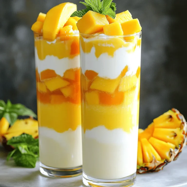- 1 ripe mango, expertly peeled and diced into bite-sized pieces - 1 cup fresh pineapple chunks, juicy and sweet - 1 banana, fully peeled - 1 cup silky coconut milk, for a tropical essence - 1/2 cup smooth Greek yogurt, adding creaminess and protein - 1 tablespoon honey or agave syrup (optional, depending on your preferred sweetness) - 1/2 teaspoon freshly grated ginger, for a spicy zest - 1 cup ice cubes, to achieve that refreshing chill These ingredients create a burst of tropical flavor. Mango brings a sweet, juicy taste. Pineapple adds a tangy kick. The banana gives the smoothie a creamy texture. Coconut milk enhances the tropical feel and makes it rich. Greek yogurt adds protein, making this smoothie filling. Ginger offers a zesty touch, which makes every sip exciting. Ice cubes chill the smoothie and keep it refreshing. You can customize your smoothie with a few add-ins. Consider these options: - 1 tablespoon chia seeds for added fiber - A handful of spinach for extra nutrients - A scoop of protein powder for a post-workout boost - A splash of vanilla extract for a hint of sweetness These add-ins can enhance both flavor and nutrition. Chia seeds add texture and fiber. Spinach blends in without changing the taste much. Protein powder helps you feel full longer. Vanilla extract adds a nice aroma. This smoothie packs many health benefits: - Mango: High in vitamin C, boosts the immune system. - Pineapple: Contains bromelain, which aids digestion. - Banana: Rich in potassium, good for heart health. - Coconut Milk: Provides healthy fats for energy. - Greek Yogurt: A good source of protein and probiotics. - Honey or Agave: Natural sweeteners with antioxidants. - Ginger: Can help reduce inflammation and nausea. These ingredients work together to offer vitamins and minerals. They help support your body while tasting great. Enjoy this Tropical Mango Pineapple Smoothie as a tasty and healthy treat. For the full recipe, check out the [Full Recipe]. To make the best Tropical Mango Pineapple Smoothie, start with fresh fruits. Choose a ripe mango that feels slightly soft when you press it. The pineapple should be sweet and fragrant. You want both fruits to be at their peak for the best taste. Peel and dice the mango. Cut the pineapple into chunks. Use a fully ripe banana for a smooth blend. These fresh ingredients will give your smoothie a delicious flavor. When blending, add your fruits first. Then pour in the coconut milk and Greek yogurt. This order helps everything blend smoothly. Use high speed for about 30 seconds. Stop to check the texture. If it’s too thick, add a little more coconut milk. For a chilled smoothie, don’t skip the ice. It makes the drink refreshing and cool. Blend until no chunks remain for a creamy finish. Pour your smoothie into tall glasses for a lovely presentation. You can garnish with a slice of mango or a sprig of mint. This adds color and a hint of freshness. Enjoy your smoothie right away to savor the flavors. Feel free to experiment with toppings like shredded coconut or chia seeds. They can enhance both look and taste. For the full recipe, check the details above. To pick a ripe mango, look for one that feels slightly soft. It should have a sweet scent at the stem end. A ripe mango often has a golden-yellow color. For pineapple, check the leaves; they should be green and fresh. The fruit should feel heavy for its size. A sweet smell at the base is a good sign too. Avoid ones that look dull or have dark spots. You can change the sweetness of your smoothie easily. If you like it sweeter, add more honey or agave syrup. If you want less sweetness, skip the added sweeteners. For creaminess, use more Greek yogurt or coconut milk. Remember, each change will change the flavor, so taste as you go. For a smooth smoothie, blend in order. Start with the soft fruits like mango and banana. Add liquids next, then the thicker Greek yogurt. Finally, toss in ice cubes. Blend on high speed until everything is creamy. If your smoothie is too thick, add a splash of coconut milk. If it’s too thin, add more fruit or ice. Always taste before serving to ensure it meets your liking. {{image_4}} You can mix it up with other fruits. Try using strawberries, blueberries, or kiwi. These fruits add different flavors and colors. A strawberry-pineapple blend brings a sweet and tart taste. Blueberries give a rich color and antioxidants. Kiwi adds a fun twist with its tangy flavor. Want a dairy-free option? Use almond milk or oat milk instead of coconut milk. You can swap Greek yogurt for coconut yogurt too. This keeps your smoothie creamy while making it vegan. For a nut-free choice, choose soy milk or rice milk. These options keep the smoothie tasty and smooth. Want to make your smoothie even healthier? Add some superfoods! Chia seeds pack in fiber and omega-3s. Spinach adds vitamins without changing the taste. A scoop of protein powder boosts energy and keeps you full. You can also add ground flaxseed for extra nutrients. These small changes can make a big difference in nutrition. Try these variations to keep your Tropical Mango Pineapple Smoothie exciting. For the complete recipe, check out the Full Recipe. If you have leftover smoothie, store it in the fridge. Pour it into a clean jar or bottle. Seal it tightly to keep it fresh. The smoothie will stay good for up to 24 hours. Give it a good shake before you drink it. To save your smoothie for later, freeze it in ice cube trays. Pour the extra smoothie into the trays and freeze. After a few hours, pop the cubes out and store them in a freezer bag. This way, you can enjoy a quick smoothie anytime. Just blend the cubes with a bit of coconut milk for a fresh treat. Choose glass or BPA-free plastic containers for best results. Glass jars are great for short-term storage. They do not stain or hold odors. Plastic containers are lightweight and easy to carry. Make sure they fit in your fridge or freezer space. A good seal helps keep your smoothie fresh longer. You can enjoy this smoothie anytime! It works well for breakfast, snacks, or dessert. The bright flavors wake you up in the morning. After a workout, it helps you refuel. It’s also a great way to cool down on a hot day. Pair it with a light meal or sip it on its own. Yes, you can make this smoothie ahead of time. Store it in the fridge for up to 24 hours. The taste may change a bit, but it will still be tasty. To keep it fresh, put it in a sealed container. If you want, blend it again just before serving. This gives it a nice, smooth texture. Mango and pineapple both offer many health benefits. - Mango is rich in vitamins A and C. It helps boost your immune system and improves skin health. - Pineapple contains bromelain, which aids digestion and reduces inflammation. - These fruits are low in calories and high in fiber. They can help keep you full and satisfied. Together, they create a delicious blend that is both refreshing and nutritious. For more details, check the Full Recipe. A Tropical Mango Pineapple Smoothie is easy to make and fun to enjoy. We discussed the key ingredients and their benefits. I shared tips for preparation and how to blend for the best texture. You can try variations and add other fruits or superfoods for fun twists. Remember to store any leftovers properly for a quick treat later. I hope you feel inspired to blend up something delicious and nutritious!