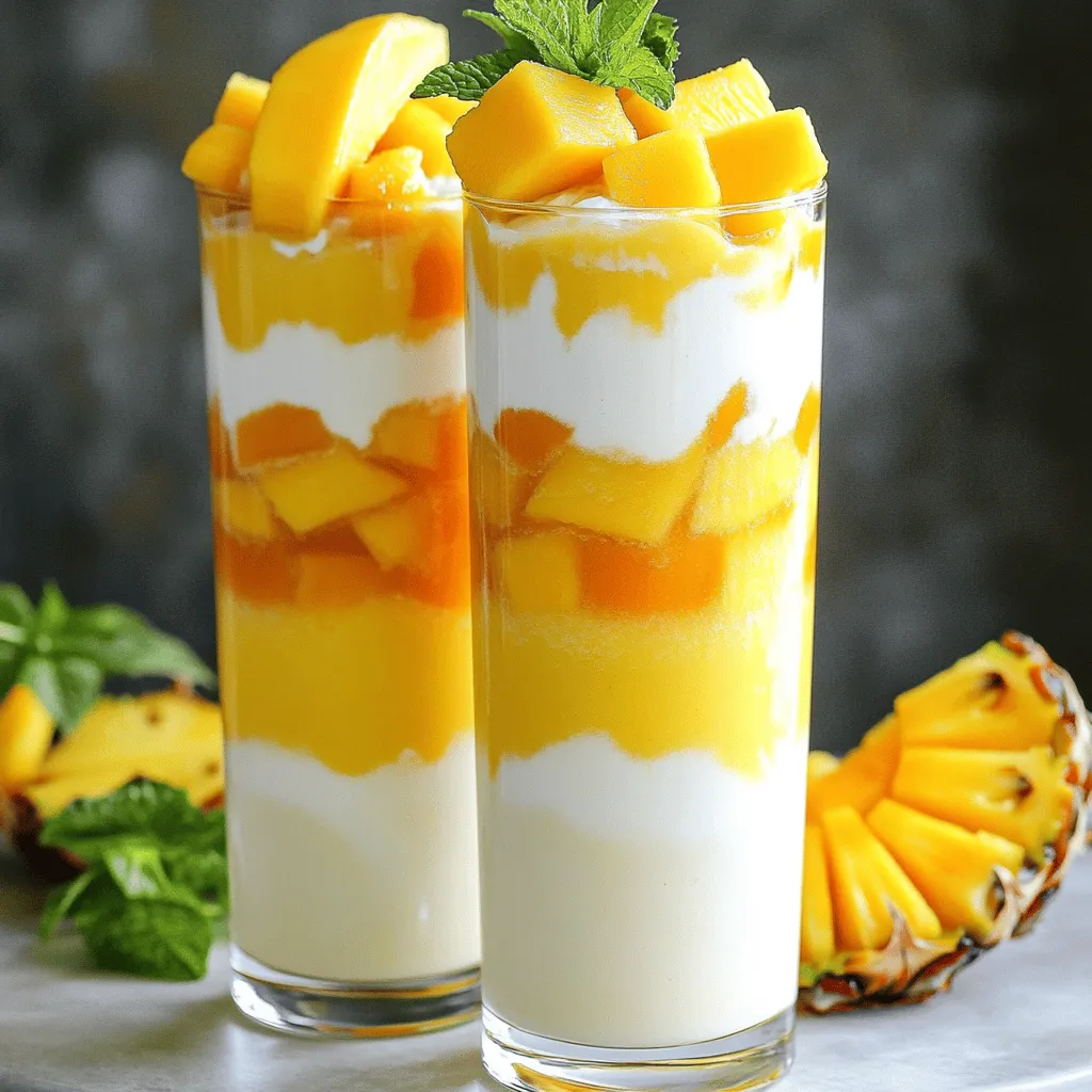 - 1 ripe mango, expertly peeled and diced into bite-sized pieces - 1 cup fresh pineapple chunks, juicy and sweet - 1 banana, fully peeled - 1 cup silky coconut milk, for a tropical essence - 1/2 cup smooth Greek yogurt, adding creaminess and protein - 1 tablespoon honey or agave syrup (optional, depending on your preferred sweetness) - 1/2 teaspoon freshly grated ginger, for a spicy zest - 1 cup ice cubes, to achieve that refreshing chill These ingredients create a burst of tropical flavor. Mango brings a sweet, juicy taste. Pineapple adds a tangy kick. The banana gives the smoothie a creamy texture. Coconut milk enhances the tropical feel and makes it rich. Greek yogurt adds protein, making this smoothie filling. Ginger offers a zesty touch, which makes every sip exciting. Ice cubes chill the smoothie and keep it refreshing. You can customize your smoothie with a few add-ins. Consider these options: - 1 tablespoon chia seeds for added fiber - A handful of spinach for extra nutrients - A scoop of protein powder for a post-workout boost - A splash of vanilla extract for a hint of sweetness These add-ins can enhance both flavor and nutrition. Chia seeds add texture and fiber. Spinach blends in without changing the taste much. Protein powder helps you feel full longer. Vanilla extract adds a nice aroma. This smoothie packs many health benefits: - Mango: High in vitamin C, boosts the immune system. - Pineapple: Contains bromelain, which aids digestion. - Banana: Rich in potassium, good for heart health. - Coconut Milk: Provides healthy fats for energy. - Greek Yogurt: A good source of protein and probiotics. - Honey or Agave: Natural sweeteners with antioxidants. - Ginger: Can help reduce inflammation and nausea. These ingredients work together to offer vitamins and minerals. They help support your body while tasting great. Enjoy this Tropical Mango Pineapple Smoothie as a tasty and healthy treat. For the full recipe, check out the [Full Recipe]. To make the best Tropical Mango Pineapple Smoothie, start with fresh fruits. Choose a ripe mango that feels slightly soft when you press it. The pineapple should be sweet and fragrant. You want both fruits to be at their peak for the best taste. Peel and dice the mango. Cut the pineapple into chunks. Use a fully ripe banana for a smooth blend. These fresh ingredients will give your smoothie a delicious flavor. When blending, add your fruits first. Then pour in the coconut milk and Greek yogurt. This order helps everything blend smoothly. Use high speed for about 30 seconds. Stop to check the texture. If it’s too thick, add a little more coconut milk. For a chilled smoothie, don’t skip the ice. It makes the drink refreshing and cool. Blend until no chunks remain for a creamy finish. Pour your smoothie into tall glasses for a lovely presentation. You can garnish with a slice of mango or a sprig of mint. This adds color and a hint of freshness. Enjoy your smoothie right away to savor the flavors. Feel free to experiment with toppings like shredded coconut or chia seeds. They can enhance both look and taste. For the full recipe, check the details above. To pick a ripe mango, look for one that feels slightly soft. It should have a sweet scent at the stem end. A ripe mango often has a golden-yellow color. For pineapple, check the leaves; they should be green and fresh. The fruit should feel heavy for its size. A sweet smell at the base is a good sign too. Avoid ones that look dull or have dark spots. You can change the sweetness of your smoothie easily. If you like it sweeter, add more honey or agave syrup. If you want less sweetness, skip the added sweeteners. For creaminess, use more Greek yogurt or coconut milk. Remember, each change will change the flavor, so taste as you go. For a smooth smoothie, blend in order. Start with the soft fruits like mango and banana. Add liquids next, then the thicker Greek yogurt. Finally, toss in ice cubes. Blend on high speed until everything is creamy. If your smoothie is too thick, add a splash of coconut milk. If it’s too thin, add more fruit or ice. Always taste before serving to ensure it meets your liking. {{image_4}} You can mix it up with other fruits. Try using strawberries, blueberries, or kiwi. These fruits add different flavors and colors. A strawberry-pineapple blend brings a sweet and tart taste. Blueberries give a rich color and antioxidants. Kiwi adds a fun twist with its tangy flavor. Want a dairy-free option? Use almond milk or oat milk instead of coconut milk. You can swap Greek yogurt for coconut yogurt too. This keeps your smoothie creamy while making it vegan. For a nut-free choice, choose soy milk or rice milk. These options keep the smoothie tasty and smooth. Want to make your smoothie even healthier? Add some superfoods! Chia seeds pack in fiber and omega-3s. Spinach adds vitamins without changing the taste. A scoop of protein powder boosts energy and keeps you full. You can also add ground flaxseed for extra nutrients. These small changes can make a big difference in nutrition. Try these variations to keep your Tropical Mango Pineapple Smoothie exciting. For the complete recipe, check out the Full Recipe. If you have leftover smoothie, store it in the fridge. Pour it into a clean jar or bottle. Seal it tightly to keep it fresh. The smoothie will stay good for up to 24 hours. Give it a good shake before you drink it. To save your smoothie for later, freeze it in ice cube trays. Pour the extra smoothie into the trays and freeze. After a few hours, pop the cubes out and store them in a freezer bag. This way, you can enjoy a quick smoothie anytime. Just blend the cubes with a bit of coconut milk for a fresh treat. Choose glass or BPA-free plastic containers for best results. Glass jars are great for short-term storage. They do not stain or hold odors. Plastic containers are lightweight and easy to carry. Make sure they fit in your fridge or freezer space. A good seal helps keep your smoothie fresh longer. You can enjoy this smoothie anytime! It works well for breakfast, snacks, or dessert. The bright flavors wake you up in the morning. After a workout, it helps you refuel. It’s also a great way to cool down on a hot day. Pair it with a light meal or sip it on its own. Yes, you can make this smoothie ahead of time. Store it in the fridge for up to 24 hours. The taste may change a bit, but it will still be tasty. To keep it fresh, put it in a sealed container. If you want, blend it again just before serving. This gives it a nice, smooth texture. Mango and pineapple both offer many health benefits. - Mango is rich in vitamins A and C. It helps boost your immune system and improves skin health. - Pineapple contains bromelain, which aids digestion and reduces inflammation. - These fruits are low in calories and high in fiber. They can help keep you full and satisfied. Together, they create a delicious blend that is both refreshing and nutritious. For more details, check the Full Recipe. A Tropical Mango Pineapple Smoothie is easy to make and fun to enjoy. We discussed the key ingredients and their benefits. I shared tips for preparation and how to blend for the best texture. You can try variations and add other fruits or superfoods for fun twists. Remember to store any leftovers properly for a quick treat later. I hope you feel inspired to blend up something delicious and nutritious!
