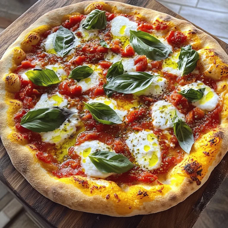 - Fresh tomatoes: They form the base of the sauce. Use ripe, juicy tomatoes for the best taste. San Marzano tomatoes are a top choice. They provide a sweet and rich flavor that makes the pizza shine. - Mozzarella cheese: This cheese adds creaminess and richness. Fresh mozzarella melts beautifully and gives that classic pizza taste. It balances the acidity of the tomatoes well. - Fresh basil: This herb brings a bright note to the pizza. Its aroma and flavor are key to a classic Margherita. Add it both before and after baking for the best taste. - Mixing bowls: You need these for combining ingredients and making the dough. A large bowl is great for your dry mix. - Pizza stone: This tool helps create a crispy crust. It retains heat well, giving you that authentic pizza oven effect. - Roller: A rolling pin makes shaping the dough easier. It helps you get an even thickness for your pizza base. - Oven thermometer: This tool ensures your oven is hot enough. A hot oven gives the best results, so aim for 475°F (245°C). For a perfect Margherita pizza, focus on quality ingredients and the right tools. This makes a big difference in taste and texture. For the full recipe, check out the Full Recipe. Activating the yeast To start, you need to wake up the yeast. In a small bowl, mix warm water, active dry yeast, and sugar. Stir gently. Let it sit for about 5 minutes. You will see bubbles form. This shows the yeast is ready! Mixing dry ingredients in a bowl In a large bowl, whisk together the all-purpose flour and salt. Make a well in the center of this dry mix. This space is where you will add the wet ingredients next. Shaping the dough into a pizza base After the dough rises, you will shape it. Lightly punch down the dough to remove air. Place it on a floured surface. Cut the dough into two equal pieces. Roll each piece into a circle, about 10-12 inches wide. Spreading sauce and arranging toppings Move the rolled-out dough onto parchment paper. Spread a thin layer of seasoned tomato sauce over the dough. Leave a small edge for the crust. Now, add mozzarella cheese slices evenly on top. Finish with fresh basil leaves and a drizzle of olive oil. Optimal baking temperature and time Preheat your oven to 475°F (245°C). Place a pizza stone or an inverted baking sheet inside to heat up. Slide your pizza on the parchment paper onto the hot stone. Bake for about 10-12 minutes. Look for a golden crust and bubbly cheese. Presentation tips for serving Once baked, take the pizza out. Add a few more fresh basil leaves on top. Drizzle some extra olive oil for extra flavor. Cut the pizza into wedges. Serve it on a rustic wooden board for a nice touch. Enjoy your homemade Margherita pizza with a side of olive oil or chili flakes! To make great pizza dough, you need the right elasticity. Start with all-purpose flour. It gives you that nice chew. Knead the dough for 8-10 minutes. This builds gluten, which helps it stretch. If your dough is too sticky, add more flour, a little at a time. If it’s too dry, splash in a bit of water. Common dough issues include tough or crumbly dough. This often happens if you over-knead. Stop once the dough is smooth. If your dough doesn’t rise, check your yeast. It should be fresh and active. Warm water helps wake it up. Adding toppings boosts the flavor of your Margherita pizza. While the classic is simple, you can mix it up. Try adding sliced olives or roasted red peppers for a twist. You can even sprinkle some chili flakes for heat. Using high-quality ingredients makes a big difference. Choose San Marzano tomatoes for the sauce. They are sweet and rich. Look for fresh mozzarella that melts well. It gives a creamy texture. Fresh basil adds a fragrant finish. Always use fresh herbs over dried ones for the best taste. For the full recipe, check out the Margherita Pizza Delight recipe above. {{image_4}} You can change up the sauce to make your pizza unique. - Exploring different tomato varieties: Try using heirloom or cherry tomatoes. They add sweetness and depth. - Using pesto or other sauces: Pesto gives a fresh twist. You can also try sauces like roasted red pepper or garlic cream. These add great flavor. Cheese can change the taste of your pizza. - Incorporating other fresh cheeses: Besides mozzarella, try burrata or ricotta. They melt well and offer a creamy texture. - Vegan cheese alternatives: For a plant-based option, use cashew cheese or almond cheese. They can melt nicely and still taste great. Let your creativity shine with unique toppings. - Seasonal toppings or regional variations: Use local veggies or meats. This can make your pizza special for each season. - Creative twists on the classic recipe: Add fruits like figs or peaches for sweetness. Hot honey can also give a spicy kick. These variations make your Margherita pizza fun and exciting. Feel free to explore and find your favorite combinations! For the full recipe, check out the original Margherita pizza recipe. To keep your leftover pizza fresh, follow these steps: - Let the pizza cool down first. - Wrap each slice in plastic wrap or foil. - Place wrapped slices in an airtight container. This helps lock in moisture and flavor. You can also use a pizza box if you have one. Just make sure to seal it well. Reheating pizza is easy, but you want to keep the crust crispy. Here are two great methods: - Oven Method: Preheat your oven to 375°F (190°C). Place your pizza on a baking sheet and heat for 10-15 minutes. This keeps the crust crunchy and warms the cheese nicely. - Microwave Method: Place a slice on a microwave-safe plate. Add a cup of water next to it. Heat for 30 seconds to 1 minute. The water keeps the crust from getting chewy. Both methods work well, but the oven gives you the best texture. Enjoy your pizza again with these tips! Authentic Margherita pizza uses simple, fresh ingredients. The base includes flour, water, and yeast. The sauce is made from crushed tomatoes, ideally San Marzano. Fresh mozzarella cheese is key; it melts beautifully. You also need fresh basil leaves for flavor and aroma. The pizza gets drizzled with olive oil before baking. This classic pizza is cooked at a high temperature in a wood-fired oven. This method gives it a crispy crust and a soft center. Yes, you can use store-bought dough. It saves time and effort. This option works well if you're in a hurry. However, store-bought dough may not have the same flavor. It often lacks the freshness of homemade dough. If you choose this route, look for high-quality brands. Some may even have a similar texture to homemade dough. Watch for a few signs to know when your pizza is done. First, the crust should be golden brown. Look for bubbles on the crust; they show it's cooked well. The cheese should be melted and slightly browned. You can also check the bottom of the crust. It should feel firm and not doughy. Margherita pizza can be a healthy choice when made with fresh ingredients. The tomatoes provide vitamins and antioxidants. Fresh mozzarella adds protein and calcium. Olive oil offers healthy fats that are good for your heart. However, portion size matters. Eating a slice or two fits well into a balanced diet. Enjoy this pizza as part of a meal with fresh salads or veggies. For a complete recipe, check the Full Recipe section. You’ve learned about making a great Margherita pizza. We covered key ingredients like fresh tomatoes, mozzarella, and basil. You now know essential tools and step-by-step instructions, from dough to serving. Tips for perfecting the dough and enhancing flavor add extra value. We explored tasty variations and how to store and reheat leftovers. Enjoy your pizza-making journey. Use fresh, quality ingredients for the best results. Happy cooking!