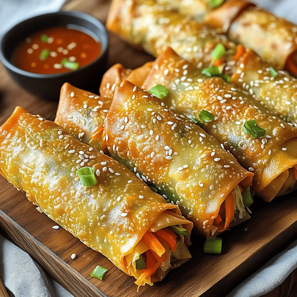 - 1 cup shredded cabbage - 1 cup shredded carrots - 1/2 cup bell pepper, finely chopped (any color works great) - 1/4 cup green onions, sliced (save some for garnish) - 1 tablespoon soy sauce (low sodium if preferred) - 1 tablespoon sesame oil - 1 teaspoon rice vinegar - 2 cloves garlic, minced - 1 teaspoon ginger, freshly grated - 1 package of egg roll wrappers (about 10 wrappers) - Cooking spray or oil for brushing For this recipe, I love using fresh veggies. They not only add flavor but also crunch. You can really mix it up with the bell peppers. Choose red, yellow, or green for a colorful dish. The sauce is key to flavor. The soy sauce brings saltiness, while sesame oil adds a nutty note. Rice vinegar gives a nice tang. Don’t skip the garlic and ginger. They add warmth and depth to the filling. Now, let’s talk about the wrappers. Egg roll wrappers are perfect because they crisp up nicely in the air fryer. Make sure to brush them with oil or spray. This helps achieve that golden, crunchy exterior. For the full recipe, follow the steps closely to make these tasty veggie egg rolls! Start by gathering your ingredients. In a large mixing bowl, add: - 1 cup shredded cabbage - 1 cup shredded carrots - 1/2 cup bell pepper, finely chopped - 1/4 cup green onions, sliced - 2 cloves garlic, minced - 1 teaspoon ginger, freshly grated Mix these ingredients well. You want the flavors to blend. Next, drizzle in: - 1 tablespoon soy sauce - 1 tablespoon sesame oil - 1 teaspoon rice vinegar Add salt and pepper to taste. Toss everything together until the veggies are coated. This mixture gives your egg rolls a great flavor. Now it's time to wrap the egg rolls. Lay an egg roll wrapper flat on a clean surface. Point one corner toward you. Spoon about 2 tablespoons of the veggie mix into the center. Fold the bottom corner over the filling. Then, fold in the two side corners. Roll the wrapper tightly away from you. If needed, use a little water on the edges to seal them well. This helps keep the filling inside. Repeat this with the rest of the wrappers and filling until they are all wrapped. Before cooking, preheat your air fryer to 400°F (200°C). Spray the basket with cooking spray to stop sticking. Place 4 to 5 egg rolls in the basket. Make sure they do not touch. This helps them cook evenly. Lightly brush the tops of the egg rolls with oil or cooking spray for added crispiness. Cook them for 12 to 15 minutes. Flip them halfway through to get them golden brown on both sides. Once they are done, take them out and let them cool for a few minutes before serving. You can find the full recipe above to guide you through each step. To make your veggie egg rolls flavorful and crunchy, pick the best vegetables. I love using: - Shredded cabbage - Shredded carrots - Bell peppers These veggies have great texture and taste. You can also try seasonal vegetables. For spring, use fresh peas or asparagus. In fall, add squash or sweet potatoes. Seasonal veggies boost flavor and nutrition. Rolling your egg rolls right is key. To avoid breakage, don’t overfill them. Use just enough filling to keep them tight. I suggest about 2 tablespoons per wrapper. If you find the edges won’t stick, use a little water. Dabbing water helps seal the egg rolls well. This keeps your filling inside while cooking. To get that perfect crispy texture, oil is essential. Lightly brush the egg rolls with oil or use cooking spray. This helps them brown nicely. Set your air fryer to 400°F (200°C). Cooking at this high temperature makes the outside crispy. Remember to flip them halfway through cooking. This way, they cook evenly on all sides. For the full recipe, check [Full Recipe]. {{image_4}} You can make these veggie egg rolls even heartier by adding proteins. Tofu is a great choice. Just press it first to remove excess water. Then, cube and sauté it until golden. You can also use chicken. Cook it in small pieces with seasonings before adding it to the mix. Shrimp is another tasty option. Just chop it finely and mix it in. All these proteins boost flavor and make your egg rolls more filling. Want to add some kick? Incorporate spices and hot sauces into your filling. Try adding red pepper flakes for heat. You could also mix in some chili garlic sauce for a zesty punch. Suggested seasoning blends include five-spice powder or even curry powder. These will transform your egg rolls into a flavor explosion that excites the taste buds. If you're vegan, you can still enjoy these egg rolls. Use rice paper or nori wraps instead of egg roll wrappers. They are easy to find and work well. For gluten-free options, look for gluten-free egg roll wrappers or use rice paper. Pair your egg rolls with gluten-free sauces, like tamari or homemade sweet chili sauce. This way, everyone can savor these crunchy treats! To keep your egg rolls fresh, follow a few simple steps. First, let them cool completely. Place them in an airtight container. Store the container in the fridge. Your egg rolls will stay fresh for about 3 to 4 days. If you want to ensure they remain crispy, avoid stacking them. When you're ready to enjoy your leftovers, air frying is the best method. Preheat your air fryer to 350°F (175°C). Place the egg rolls in the basket in a single layer. Heat them for about 5 to 7 minutes. This method will make them crispy again. You can also use an oven. Preheat it to 375°F (190°C). Place the egg rolls on a baking sheet. Heat them for about 10 to 12 minutes. Make sure to flip them halfway through. This will help them warm evenly. You can freeze egg rolls both before and after cooking. If you freeze them uncooked, wrap each egg roll tightly in plastic wrap. Then place them in a freezer bag. They will last for up to 3 months. To freeze cooked egg rolls, let them cool first. Place them in an airtight container or freezer bag. They will also last for about 3 months. When you’re ready to eat them, thaw overnight in the fridge. Reheat them using the air fryer or oven for best results. This ensures they stay crunchy and full of flavor. To make your veggie egg rolls crispy, apply oil lightly. Use a spray bottle or brush to coat the egg rolls. Place them in a single layer inside the air fryer basket. Give space between them for hot air to circulate. This helps them crisp up well. Yes, you can use other wrappers! Spring roll wrappers work well. You can also try rice paper for a gluten-free option. Just know that different wrappers may change the texture. Experiment to find your favorite! Many sauces go great with veggie egg rolls. Sweet chili sauce is a popular choice. Soy sauce adds a salty kick. You could also try homemade peanut sauce for a nutty flavor. Mix it up and find what you love! Look for a golden brown color on the egg rolls. They should be crispy to the touch. If you hear a crunch when you bite in, they are done. Enjoy the crispy texture and delicious filling! For the full recipe, check out [Full Recipe]. You now know how to make delicious veggie egg rolls. We explored each ingredient, from the crunch of cabbage to the tangy sauce mix. You learned the best ways to wrap and air fry them for crispy perfection. Plus, we included tips on storing and reheating leftovers. Experiment with proteins and spices to make them your own. Enjoy sharing these tasty treats with friends and family!
