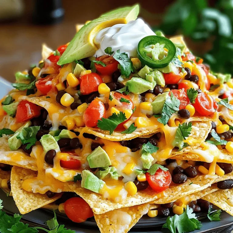 To make loaded veggie nachos, gather these simple ingredients: - 1 bag of tortilla chips - 1 cup black beans, drained and rinsed - 1 cup corn kernels (fresh or frozen) - 1 medium bell pepper, diced (your choice of color) - 1 small red onion, finely diced - 1 cup cherry tomatoes, halved - 1 ripe avocado, diced - 1 cup shredded cheese (cheddar or a cheese blend) - 2 tablespoons olive oil - 1 teaspoon ground cumin - 1 teaspoon smoked paprika - 1 teaspoon chili powder - Salt and freshly cracked pepper, to taste - Fresh cilantro, chopped (for garnishing) - Jalapeño slices (optional, for those who like it spicy) - Sour cream (for serving alongside) These ingredients create a flavorful mix that is sure to please everyone. Feel free to customize your nachos with these tasty toppings: - Sliced black olives - Diced green onions - Fresh lime juice - Guacamole - Salsa or pico de gallo Adding these toppings can enhance flavor and make the dish even more fun! If you need to swap some ingredients, try these options: - Use refried beans instead of black beans. - Substitute queso for shredded cheese for a creamy touch. - Replace corn with diced zucchini for a different veggie. - If you don’t have olive oil, any cooking oil will work. These substitutes can help accommodate your pantry and personal taste! Start by preheating your oven to 375°F (190°C). This step is key for melting the cheese perfectly. In a large bowl, mix the black beans, corn, bell pepper, red onion, cherry tomatoes, and avocado. Drizzle in olive oil and add cumin, smoked paprika, chili powder, salt, and pepper. Gently toss the mix until everything is nicely coated. Next, spread the tortilla chips on a large baking sheet. Make sure they cover the sheet evenly. Now, layer the veggie mix over the chips. This ensures every bite is bursting with flavor. Finally, sprinkle the shredded cheese on top. Bake the nachos in your preheated oven for 10-15 minutes. Look for the cheese to be melted and bubbly, which signals they are ready. After baking, take the nachos out and let them cool for a few minutes. If you like it spicy, add jalapeño slices on top. Then, sprinkle chopped cilantro for a fresh touch. Serve the nachos hot with a side of sour cream for dipping. This dish is perfect for sharing or enjoying alone! For more details on making these tasty nachos, check out the Full Recipe. To get the best taste, layer your ingredients right. Start with tortilla chips, then add the veggie mix. This way, every chip gets some flavor. After that, sprinkle cheese on top. Make sure to cover it well. You want that cheesy goodness in every bite. If you skip this step, some chips may end up plain. No one wants that! For cheese that melts just right, choose a good blend. Cheddar and Monterey Jack work great together. Grate the cheese finely. This helps it melt faster and more evenly. Bake your nachos until the cheese bubbles. This usually takes about 10-15 minutes at 375°F (190°C). Keep an eye on it. You want it melted, not burnt! You can prep your nachos in advance. Just keep your chips and toppings separate. Mix your veggies and seasonings a few hours ahead. Store them in the fridge. When you’re ready, layer everything and bake. This way, you save time and still enjoy fresh nachos. If you want a quick snack, loaded veggie nachos are perfect. Just follow the Full Recipe for all the details! {{image_4}} You can easily add protein to your Loaded Veggie Nachos. Consider using cooked chicken, beef, or turkey. You can also try plant-based options, like lentils or tofu. This gives your nachos a heartier feel. Simply mix the protein into your veggie blend before layering. It adds flavor and fills you up. Do you like your nachos spicy? You can adjust the heat by adding jalapeños or hot sauce. For a milder taste, skip the jalapeños or use less chili powder. You can also try different peppers, like poblano or serrano, for unique flavors. This way, everyone can enjoy their nachos just how they like them. Cheese is key in nachos. You can mix it up by using different types. Try pepper jack for a spicy kick, or mozzarella for a stretchy, gooey texture. You can even use a vegan cheese if you're looking for dairy-free options. Just remember to sprinkle the cheese evenly to ensure every bite is cheesy and delicious. For the complete recipe, check out the [Full Recipe]. After enjoying your Loaded Veggie Nachos, cool any leftovers. Place them in an airtight container. They keep well in the fridge for up to three days. The chips may get a bit soft, but the flavors stay fresh. To reheat, preheat your oven to 350°F (175°C). Spread the nachos on a baking sheet. Heat for about 10 minutes until warm. If needed, add a bit of cheese before reheating. This will help revive the cheesy goodness. You can freeze your Loaded Veggie Nachos for longer storage. Just make sure to separate the chips and toppings. Place the toppings in a freezer bag and remove air. The chips can go in a separate bag. They stay good in the freezer for up to a month. When ready to eat, thaw everything in the fridge overnight. Reassemble and reheat for a quick snack. Enjoy the taste anytime! For the full recipe, check out the earlier section. Yes, you can use other chips. Tortilla chips are classic, but you can try pita chips. You can also use plantain chips for a unique twist. Just make sure they are sturdy enough to hold the toppings. If you prefer a healthier option, baked chips work well too. To make these nachos gluten-free, choose certified gluten-free tortilla chips. Always check the labels to be safe. Most of the ingredients in this recipe are already gluten-free, like beans and veggies. This makes it simple to adapt without losing flavor. The best toppings for Loaded Veggie Nachos include fresh cilantro, diced jalapeños, and sour cream. You can also add sliced olives or pickled onions for extra taste. For a creamy touch, drizzle with some avocado crema or hot sauce. Feel free to get creative with your favorites! You learned about making great nachos, from the ingredients to storage. We discussed important tips for flavor and texture. Always layer your nachos well and choose fun toppings. Feel free to explore protein options and adjust spice levels. With the right care, you'll enjoy them fresh or saved for later. Nachos are perfect for any gathering or snack. Try your own twists and share your favorites! Enjoy every bite of your nacho adventure.