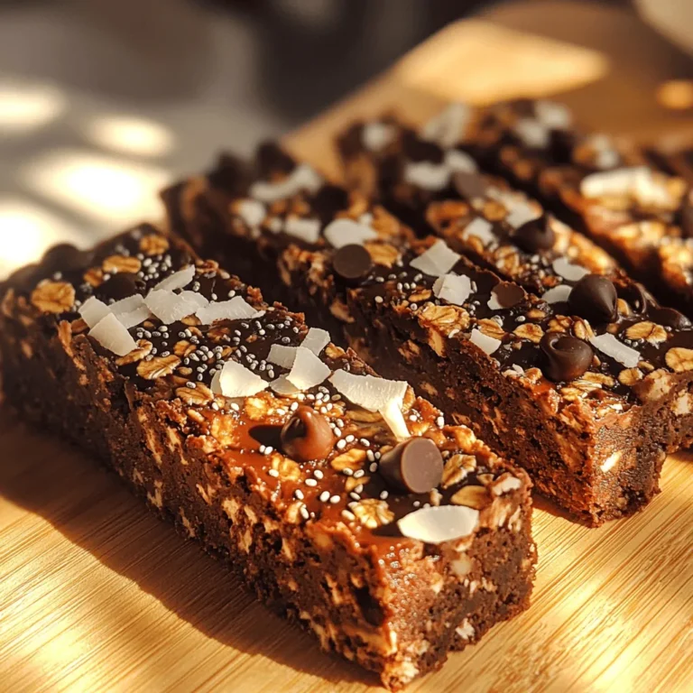 To make these bars, you need a few key items. Here’s the list: - 2 cups rolled oats - 1 cup unsweetened shredded coconut - 1/2 cup almond butter (or peanut butter) - 1/3 cup honey or maple syrup - 1/4 cup cocoa powder - 1/2 cup mini chocolate chips - 1/4 teaspoon sea salt - 1 teaspoon vanilla extract These ingredients work together to create a tasty, chewy snack full of flavor and nutrition. You can customize your granola bars for extra fun. Here are some great options: - 1/4 cup chia seeds (for added nutrition) - Nuts like almonds or walnuts (for crunch) - Dried fruit like cranberries or apricots (for sweetness) - Different sweeteners like agave or brown sugar Feel free to mix these in to make the bars your own! These chocolate coconut granola bars are not just delicious; they are also good for you. Each bar has: - Approximately 150 calories - 6 grams of protein - 8 grams of healthy fats - 3 grams of fiber This makes them a great choice for a quick snack. You get energy without too much sugar. Enjoy these bars as a treat or a pick-me-up during your day. Start by preheating your oven to 350°F (175°C). This ensures even baking for your granola bars. Next, grab an 8x8 inch baking dish. Line it with parchment paper. Leave some overhang on the sides. This helps you lift the bars out later. In a large bowl, mix your rolled oats, unsweetened shredded coconut, cocoa powder, chia seeds (if you want), and sea salt. Stir well until everything blends nicely. In a small saucepan, combine almond butter and honey (or maple syrup). Heat it on low for 2-3 minutes, stirring non-stop. You want it smooth and warm, not hot. After removing it from heat, add the vanilla extract and mix it in. Pour this wet mixture over your dry ingredients. Use a spatula to mix everything until the oats and coconut are well coated. Then, fold in the mini chocolate chips gently. Transfer the mixture to your lined baking dish. Press it down firmly and evenly with a spatula. This helps the bars hold together. Bake in the preheated oven for 20-25 minutes. Look for slightly golden edges and a set center. Once baked, take it out and let it cool for at least 15 minutes. Use the parchment paper to lift the granola out. After it cools completely, slice it into your preferred bar sizes. Store these delicious bars in an airtight container at room temperature for up to a week. You can also refrigerate them for longer freshness. For more details, check the Full Recipe. To keep your Chocolate Coconut Granola Bars fresh, store them in an airtight container. This method helps retain moisture and prevents them from getting hard. If you live in a warm area, keep them in the fridge. They can last up to a week at room temperature and up to two weeks in the fridge. For longer storage, you can freeze the bars. Wrap them in plastic wrap and then place them in a freezer bag. They will stay tasty for up to three months. When it comes to serving, I like to get creative. Stack the bars on a nice plate or wrap them individually for a grab-and-go snack. You could drizzle some melted chocolate on top for extra flair. Adding a sprinkle of shredded coconut or chopped nuts can also enhance their look. If you want to make them feel fancy, serve them with fresh fruit or a dollop of yogurt on the side. Avoid overmixing the ingredients. If you mix too much, the bars can become tough. Make sure to press the mixture down firmly in the baking dish. This step ensures they hold together well after baking. Don't skip the cooling time either! Letting them cool completely makes slicing easier and helps them maintain their shape. Lastly, keep an eye on the oven. They should be golden at the edges but not burned in the center. For the full recipe, check out the instructions detailed above. {{image_4}} You can get creative with your Chocolate Coconut Granola Bars. Try adding nuts like almonds or walnuts for a crunchy bite. If you want a sweeter touch, swap honey for agave syrup or maple syrup. You can even toss in dried fruits like cranberries or apricots for a fruity twist. For a minty flavor, add a drop of peppermint extract. Each variation can change the taste and texture, making your snacks exciting! If you have allergies, don't worry! You can make these bars nut-free. Just use sunflower seed butter instead of almond or peanut butter. For sweetening, you can use brown rice syrup as a safe option. Also, check that your chocolate chips are dairy-free. This way, everyone can enjoy a tasty treat without worry. These granola bars are great on their own, but you can make them even better! Try crumbling a bar over yogurt for a quick breakfast. You can blend them into smoothies for added texture and flavor. Want a fun dessert? Top a scoop of ice cream with crumbled bars and fresh fruit. These ideas will help you enjoy your granola bars in new ways! For the full recipe, check out the steps above to make your delicious snack. If you want to skip making your own bars, many brands offer great options. Look for brands like: - Nature Valley - KIND - RXBAR - Larabar These brands often provide tasty chocolate coconut granola bars. They are easy to find in stores or online. Making your own chocolate coconut granola bars is fun and easy. You control the ingredients and can make them healthier. Store-bought bars are quick and convenient, but they may have added sugars and preservatives. Homemade bars allow you to adjust flavors and textures to your liking. When choosing pre-made bars, check the nutrition label. Look for options with: - High fiber content - Low added sugars - Simple ingredients Some bars may have high calories but low nutrients. Always read labels to make the best choice for your health. Remember, while store-bought bars are great for convenience, homemade bars, like the full recipe I shared, can be healthier and more satisfying. Yes, you can freeze these bars. Wrap each bar in plastic wrap, then place them in a freezer-safe bag. They will keep well for up to three months. When you want to eat one, let it thaw in the fridge or at room temperature. These granola bars stay fresh for about a week at room temperature. If you store them in the fridge, they can last up to two weeks. Just make sure you keep them in an airtight container to prevent them from becoming stale. If you don't have almond butter, peanut butter works great too. You can also use sunflower seed butter for a nut-free option. Each will give the bars a different flavor but will still be tasty! Yes! You can use maple syrup or agave syrup instead of honey. Each sweetener will add its own unique taste, so feel free to experiment. Yes, if you use certified gluten-free oats, they are gluten-free. Always check the label to ensure no cross-contamination occurs during processing. Absolutely! You can mix in a scoop of your favorite protein powder. This addition will boost the protein content and make these bars even more filling. You can skip the cocoa powder and chocolate chips. Try adding dried fruits, like cranberries or raisins, instead for a fruity twist. You can also add nuts or seeds for crunch. Once the bars have cooled completely, use a sharp knife to cut them. A warm knife can help make cleaner cuts. Try to slice them into even pieces for better serving. For extra flair, drizzle melted chocolate or nut butter on top. You can also sprinkle some extra coconut or nuts before the bars cool for added texture and flavor. Yes! You can make no-bake versions by using the same ingredients. Simply mix them and refrigerate until set. This makes them super easy and quick to prepare! You can find the Full Recipe above to make your own delicious bars! You now know how to make Chocolate Coconut Granola Bars. We covered the key ingredients and different ways to customize your bars. I shared tips on storing, serving, and avoiding common mistakes. You can also explore fun flavor variations and allergy-friendly options. Lastly, I compared homemade bars to store-bought choices. Making these bars can be fun and rewarding. Enjoy your delicious snacks anytime!