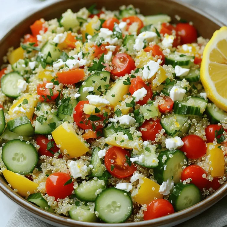 - Quinoa: 1 cup, thoroughly rinsed - Vegetables: 1 cup cherry tomatoes, 1 cucumber, 1 bell pepper, 1/4 small red onion - Herbs and Extras: 1/4 cup fresh parsley, 1/4 cup fresh mint, 1/4 cup feta cheese (optional) - Olive oil: 3 tablespoons - Lemon: Juice and zest of 1 large lemon - Seasoning: Salt and freshly cracked black pepper When I make this Lemon Herb Quinoa Salad, I love the bright flavors. The quinoa is the star here. It’s light, fluffy, and fills you up without feeling heavy. Rinsing the quinoa is key. It removes the bitter coating called saponin. This makes your salad taste better. Next, I chop the vegetables. I choose colorful cherry tomatoes, crisp cucumbers, and sweet bell peppers. A little red onion adds a nice bite. These veggies give the salad a fresh crunch. You can mix and match based on what you have. Herbs are vital for flavor. I use parsley and mint for a burst of freshness. The feta cheese adds creaminess if you like. It’s optional, but I think it makes the salad even better. For the dressing, I combine olive oil, lemon juice, and zest. This adds a zesty kick. A pinch of salt and pepper ties everything together. It’s simple yet full of flavor. This combination of ingredients creates a tasty and nutritious dish. You can find the full recipe for the Lemon Herb Quinoa Salad to try it out yourself! First, bring 2 cups of vegetable broth or water to a boil. This will add flavor to the quinoa. Next, add 1 cup of rinsed quinoa to the boiling liquid. Cover the pot and reduce the heat. Let it simmer for about 15 minutes. The quinoa will absorb all the liquid and become fluffy. While the quinoa cooks, wash and chop all your vegetables. You need cherry tomatoes, cucumber, bell pepper, and red onion. Once chopped, transfer them into a large mixing bowl. This bowl will hold all the tasty ingredients. Now it’s time to add flavor. Toss in 1/4 cup of chopped parsley and 1/4 cup of chopped mint. If you like cheese, sprinkle in 1/4 cup of crumbled feta. This adds a creamy touch. In a separate small bowl, combine 3 tablespoons of olive oil, juice, and zest of one lemon along with a pinch of salt and pepper. Whisk them together until mixed well. Once the quinoa has cooled, fluff it with a fork to separate the grains. Add the quinoa to your bowl of veggies and herbs. Drizzle the dressing over everything. Gently toss the salad to coat all the ingredients evenly. Taste your salad. If it needs more flavor, add more salt, pepper, or lemon juice. You can adjust it to suit your taste. If you want to enhance the flavors, cover the salad and chill it for about 30 minutes in the fridge before serving. This step-by-step guide will lead you to a fresh and vibrant Lemon Herb Quinoa Salad. For the complete list of ingredients, check out the Full Recipe. To make the best quinoa, rinse it thoroughly before cooking. This step removes the bitter coating called saponin. Use cold water and a fine mesh strainer. After cooking, allow the quinoa to cool completely before mixing it with other ingredients. This keeps the grains light and fluffy. When serving your Lemon Herb Quinoa Salad, present it in a decorative bowl or serve it in individual portions. This adds a nice touch to your meal. Garnish with extra herbs or lemon wedges for a pop of color and flavor. These small details make your dish more inviting. You can enhance the nutrition of your salad by making a few simple swaps. Substitute quinoa with farro or barley for a different texture. These grains offer unique flavors and more fiber. You might also add protein like chickpeas or grilled chicken. This will make your salad a complete meal and keep you satisfied longer. For a full recipe of this vibrant dish, check out the [Full Recipe]. {{image_4}} You can change this salad based on the season. In summer, add fresh bell peppers. In fall, try roasted squash for a warm touch. Seasonal herbs like basil or cilantro can boost the flavor too. These swaps keep your salad fresh and exciting. Spices can take your salad to the next level. Try cumin for warmth or smoked paprika for a smoky kick. You can also use different dressings. A tahini dressing adds creaminess, while a yogurt-based dressing gives a tangy twist. Experiment with flavors to find what you love. If you want a vegan salad, simply skip the feta cheese. This keeps it light and plant-based. To make it gluten-free, ensure your vegetable broth is certified gluten-free. This way, everyone can enjoy the salad without worry. For the full recipe, check out the details on how to prepare this flavorful dish. Store any leftover Lemon Herb Quinoa Salad in an airtight container in the refrigerator. It stays fresh for up to 3 days. Make sure to close the container tightly to keep the flavors intact. Freezing this salad is not recommended. The texture of the quinoa and vegetables changes when frozen. You will lose the fresh crunch and bright flavors. Enjoy your salad fresh or chilled for the best taste. If you want to reheat the salad, use a microwave. Add a splash of water to keep it moist and prevent it from drying out. Heat in short bursts, checking often until it's warm. To cook quinoa properly, rinse it well first. This removes any bitterness. Use a 2:1 water-to-quinoa ratio. For every cup of quinoa, use two cups of water or broth. This method yields fluffy grains. Bring the water to a boil, add the quinoa, cover, and simmer for 15 minutes. Once done, let it cool a bit before using it in your salad. Yes, you can make this salad ahead of time. It tastes even better when you let it sit in the fridge for a couple of hours or overnight. The flavors blend nicely, giving you a more delicious dish. Just cover it well in the fridge to keep it fresh. Absolutely! Adding protein makes this salad a complete meal. You can use grilled chicken, chickpeas, or beans. These options boost the taste and nutrition. Mix them into the salad before serving or on the side. Yes, this recipe is gluten-free. Quinoa is naturally gluten-free, making it suitable for gluten-sensitive diets. You can enjoy this dish without worry. Just make sure any broth you use is also gluten-free. For the full recipe, check the details above! Lemon Herb Quinoa Salad is simple, fresh, and packed with flavor. You learned about its main ingredients, dressing, and how to combine them. I shared tips for perfect quinoa and offered tasty variations. This salad is not just great for a meal, but also adaptable for every season. Remember, enjoy your quinoa salad fresh and experiment with flavors. It’s a healthy choice that satisfies.