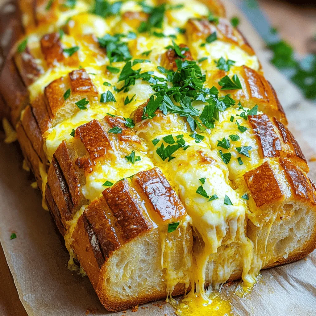 - 1 loaf of crusty sourdough bread - 1/2 cup unsalted butter, melted - 4 cloves garlic, finely minced - 1 teaspoon Italian seasoning blend - 1 cup shredded mozzarella cheese - 1/2 cup freshly grated Parmesan cheese - 1/4 cup fresh parsley, finely chopped - Salt and freshly ground black pepper to taste You might not have sourdough on hand. You can use a French or Italian bread instead. For a vegan option, try using coconut oil or a vegan butter substitute. If you want to change the cheese, you could use cheddar or gouda for a rich taste. To pick the best sourdough, look for a crust that is hard and golden. The inside should look soft and airy. Fresh herbs make a big difference. Always use parsley that is bright green and fragrant. These small details help your pull-apart bread taste its best. For the full recipe, check the provided details. 1. Start by preheating your oven to 375°F (190°C). This heat will help the bread rise and cook well. 2. In a medium bowl, mix melted butter, minced garlic, Italian seasoning, salt, and pepper. This garlic butter will add rich flavor. - To cut the bread, use a sharp knife. Make deep cuts in a grid pattern. Space the cuts about 1 inch apart. Be careful not to slice through the bottom. - Pull apart the bread gently to create openings. This step is key for adding the tasty filling. - Drizzle the garlic butter into each cut. Use a pastry brush or small spoon for best results. Make sure the butter seeps into the bread. - Now, stuff shredded mozzarella and grated Parmesan cheese into each cut. Try to fill every piece with cheese. This ensures maximum cheesy goodness. For the full recipe, follow the steps as written. Enjoy the process and the tasty treat! Wrapping the bread in foil is key. This helps the bread steam while baking. It keeps the inside soft and moist. If you skip this step, the bread may dry out. To check if your cheesy garlic pull-apart bread is done, look for a golden crust. You can also gently pull apart a piece to see if the cheese is melted. If it's not gooey and bubbly, give it a few more minutes in the oven. For the best experience, serve cheesy garlic pull-apart bread with a side of marinara sauce. It adds a nice dip for each piece. You can also pair it with a fresh salad for a complete meal. To impress your guests, place the bread on a rustic wooden board. Add small plates, napkins, and toothpicks for easy sharing. This makes it fun and interactive! You can add extra flavors to your bread. Try adding crushed red pepper flakes for a kick. A sprinkle of smoked paprika can also add depth. If you want more garlic flavor, consider using roasted garlic. It has a sweet and rich taste. You can mix it into the garlic butter for an extra punch. Enjoy the layers of flavor with every cheesy pull! {{image_4}} You can easily switch up the cheese in your cheesy garlic pull-apart bread. Here are some fun ideas: - Cheddar: A sharp cheddar adds a bold flavor. - Gouda: This cheese brings a smoky taste. - Cream cheese: For a rich and creamy texture. - Feta: Crumbled feta can add a tangy twist. You can also add herbs or spices to make it personal. Try these: - Chopped rosemary: It gives a fresh taste. - Dried oregano: This adds a warm flavor. - Crushed red pepper: For a spicy kick. If you need gluten-free options, use gluten-free bread. Many brands offer great choices. For vegan alternatives, try these swaps: - Vegan butter: It works well in place of regular butter. - Nutritional yeast: This can replace cheese for a cheesy flavor. - Plant-based cheese: There are many tasty options on the market. You can also explore sweet and savory flavors. Adding a bit of honey can balance the garlic. For extra fillings, consider: - Sun-dried tomatoes: They add a rich, sweet flavor. - Jalapeños: These bring in heat and a nice crunch. These variations will help you create a dish that fits your taste. For details on making the base recipe, see the Full Recipe. To store leftover cheesy garlic pull-apart bread, wrap it tightly in plastic wrap. This helps keep it fresh for a short time. You can also place it in an airtight container. This method keeps the bread soft and tasty. Try to eat it within two days for the best flavor. If you want to keep it longer, freezing is the way to go. First, slice the bread into sections. Then, wrap each piece in foil or plastic wrap. Place these wrapped pieces in a freezer bag. Make sure to squeeze out any air. To reheat, thaw the bread in the fridge overnight. Then, pop it in the oven at 350°F (175°C) for about 10-15 minutes. This will bring back its crispy crust and gooey cheese. In the fridge, your bread will last about three days. If you freeze it, it can stay good for up to three months. Always check for signs of spoilage. Look for mold or a strange smell. If you see these, it's best to toss the bread. Enjoy your cheesy garlic pull-apart bread fresh for the best taste! For the full recipe, check it out [Full Recipe]. How do I make my cheesy garlic pull-apart bread more garlicky? To boost the garlic flavor, add more minced garlic to the butter mix. Try using 6 cloves instead of 4. You can also roast garlic for a milder, sweeter taste. Can I use other types of bread for this recipe? Yes, you can use other breads like French or Italian. Just make sure they are crusty and can hold the cheese and butter well. What should I do if my bread is getting too browned during baking? If your bread starts to brown too much, cover it with foil. This will prevent burning while the inside bakes and the cheese melts. Can I freeze leftovers and how should I do it? Yes, you can freeze leftovers! Wrap the bread tightly in plastic wrap and then in foil. This helps to keep it fresh. How do I reheat frozen pull-apart bread? To reheat, thaw the bread in the fridge overnight. Then, wrap it in foil and bake at 350°F (175°C) for about 15-20 minutes. What can I use instead of mozzarella cheese? You can use other cheese types, like cheddar or gouda. These will change the flavor but still create a yummy bread. Is there a non-dairy alternative for the butter? Yes, try using vegan butter or olive oil instead of regular butter. It will still taste great in this recipe. In this blog post, we explored how to create cheesy garlic pull-apart bread. We covered essential ingredients, including sourdough bread and various cheeses. I shared tips for preparation, cutting techniques, and filling methods. You learned variations and how to store leftovers. Remember, freshness matters, and feel free to experiment with flavors. Use the tips shared to impress your friends and family with this delicious bread. Make it your own by trying different cheeses or herbs. Enjoy every cheesy bite!