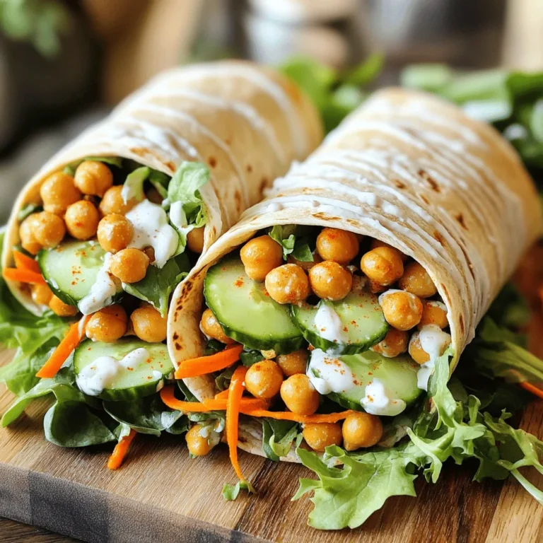 - 1 can (15 oz) chickpeas, thoroughly drained and rinsed - 1/4 cup hot sauce (adjust according to your spice preference) - 1 tablespoon extra virgin olive oil - 1 teaspoon garlic powder - 1 teaspoon onion powder - 1/2 teaspoon smoked paprika - Salt and freshly ground black pepper to taste - 4 large whole wheat tortillas or wraps - 1 cup mixed greens (options: spinach, arugula, or your choice of lettuce) - 1/2 cup fresh carrots, finely shredded - 1/2 cup cucumber, thinly sliced into rounds - 1/4 cup vegan ranch dressing (optional, for serving) These ingredients come together to make a great wrap. The chickpeas give protein and fiber. The hot sauce packs a spicy punch. The olive oil helps blend all the flavors. Garlic and onion powders add depth to every bite. Smoked paprika brings warmth and color. Don’t forget the fresh veggies, which add crunch and nutrition. Each serving has around 300 calories. You'll get about 10 grams of protein, 8 grams of fats, and 45 grams of carbs. This makes it a filling option. The fiber from chickpeas and veggies also helps keep you full. If you add vegan ranch, it adds some creaminess but may change the calorie count. For the full recipe, check out the detailed steps in the main article. 1. Start by mashing the chickpeas. Use a fork or potato masher. Aim for a slightly chunky texture. This gives your wraps a nice bite. 2. Add the hot sauce, olive oil, garlic powder, onion powder, and smoked paprika. Mix well. Season with salt and pepper to taste. 3. Heat a non-stick skillet over medium heat. Add the chickpea mixture. Cook for about 5 to 7 minutes. Stir occasionally. This helps blend the flavors. 4. While the chickpeas cook, prepare your tortillas. Lay one tortilla flat on a clean surface. 1. In the center of your tortilla, place a layer of mixed greens. Add finely shredded carrots and thin cucumber slices. 2. Spoon the spicy chickpea mix over the veggies. Make sure to spread it evenly. 3. If you like, drizzle some vegan ranch dressing on top. It adds a nice creaminess. 4. To wrap it, fold in the sides first. Then roll tightly from the bottom up. This helps keep everything inside. 5. Repeat this for each tortilla until all your ingredients are used. 6. Using a sharp knife, cut each wrap in half diagonally. This makes them easy to eat. Serve right away for the best taste. For the full recipe, check out the detailed instructions provided above. To make your vegan buffalo chickpea wraps even better, try adding spices. Here are some good choices: - Cayenne pepper: Adds a nice kick. - Cumin: Gives a warm, earthy flavor. - Dried dill: Perfect for a fresh twist. You can also mix in different sauces. A splash of barbecue sauce or sriracha can add depth. Adjust the spice levels to suit your taste. If you like it mild, use less hot sauce. If you want it spicy, add more! Always taste as you go to get it just right. Having the right tools makes cooking easier. Here are some essential items for making wraps: - Non-stick skillet: It prevents sticking and makes cleanup easy. - Mixing bowl: A medium bowl is great for mashing chickpeas. - Fork or potato masher: Use this to mash chickpeas to your liking. For the best results, consider using a sharp knife for cutting the wraps. A cutting board is also helpful for assembly. These tools will help you create delicious, well-made wraps every time. {{image_4}} You can change the wraps to fit your needs. Try using gluten-free tortillas if you can't have gluten. Look for wraps made from brown rice or corn. For a low-carb option, use large lettuce leaves. They give you the same fun wrap feel without the carbs. Feel free to switch up your veggies too. You can add bell peppers, radishes, or even avocado slices. Each adds a unique crunch and taste. When it comes to dressings, feel free to explore. Instead of vegan ranch, try tahini or a zesty lemon vinaigrette. These wraps pair well with many sides. Serve them with sweet potato fries for a tasty crunch. You can also try them with a side salad for a light meal. Another great option is to dip them in extra vegan ranch or hummus. If you want to prepare them ahead of time, make the chickpea mix and store it separately. You can assemble the wraps just before eating. This keeps the wraps fresh and crisp. You can also wrap them in foil for easy transport. This way, they are perfect for lunch or picnics. To keep your Vegan Buffalo Chickpea Wraps fresh, wrap them tightly in plastic wrap or foil. Store them in an airtight container in the fridge. They will stay good for about 3 days. If you want to save them longer, you can freeze them. Wrap each individual wrap in plastic wrap, then place them in a freezer-safe bag. They can last up to 3 months in the freezer. When reheating your wraps, avoid the microwave if you can. It can make the wraps soggy. Instead, use a skillet over medium heat. Heat each wrap for about 3-4 minutes on each side until warm. This method keeps the texture nice and crispy. If you do use a microwave, heat them in short bursts of 30 seconds. Check often to keep them from getting too soft. Yes, you can make these wraps ahead of time. Prepare the chickpea mixture and store it in a sealed container in the fridge. You can keep it fresh for up to three days. When ready to eat, assemble your wraps by adding fresh veggies and tortillas. This keeps everything crisp and tasty. If you want to save time, you can also chop the veggies in advance. Just store them in a separate container. If you need a substitute for chickpeas, try using lentils or black beans. Both options offer a great source of protein and flavor. Cooked quinoa is also a tasty choice for a different texture. You can mash these alternatives just like chickpeas to keep that fun bite. Feel free to experiment and find what works best for you! Absolutely! These wraps can be made kid-friendly. Adjust the spice level by using less hot sauce. You can also add a bit of extra vegan ranch dressing to cool things down. Kids often enjoy colorful veggies like carrots and cucumbers. Let them help with the assembly for a fun cooking experience. They will love making their own wraps! In this guide, we explored how to make vegan buffalo chickpea wraps. We covered the main ingredients, nutritional values, and step-by-step preparation. You learned useful tips for flavor, storage, and serving. These wraps are tasty, quick, and kid-friendly. With the right ingredients and techniques, you can enjoy this fun meal anytime. Keep experimenting with flavors and enjoy the journey!