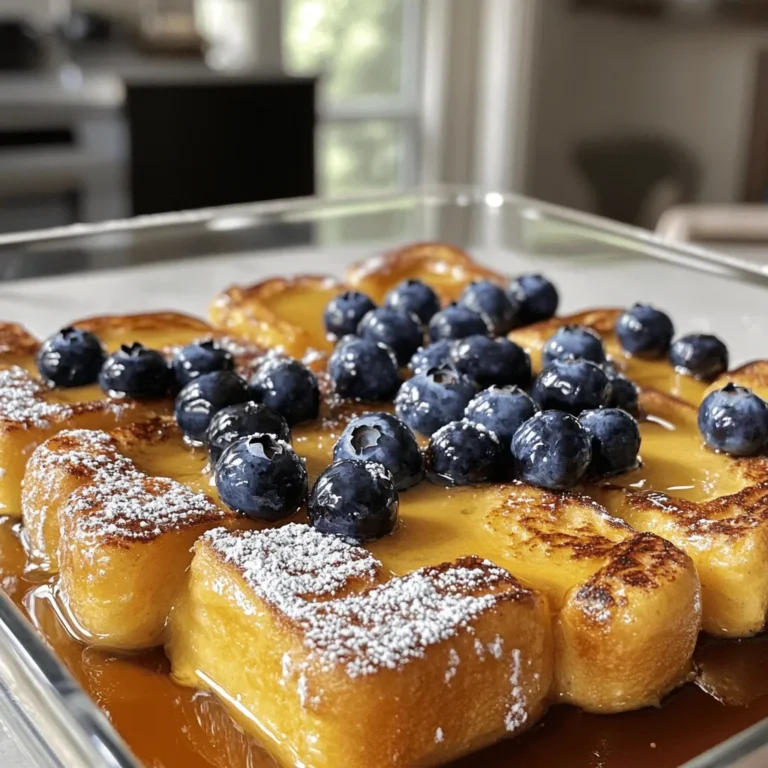 To make your Classic French Toast Bake, gather these key ingredients: - 1 loaf of brioche or challah bread, cut into 1-inch cubes - 6 large eggs - 2 cups milk (whole or dairy-free) - 1/2 cup heavy cream (or extra milk for a lighter option) - 1/2 cup granulated sugar - 1 tablespoon vanilla extract - 1 teaspoon ground cinnamon - 1/4 teaspoon ground nutmeg (optional) - 1 cup blueberries (fresh or frozen) - 1/2 cup maple syrup (for drizzling) - Powdered sugar (for dusting) These ingredients create a rich and sweet dish that everyone loves. You can use different types of milk for this recipe. Whole milk gives a creamy texture. If you want a lighter version, try almond or oat milk. Heavy cream adds richness but you can swap it for more milk for a lower fat option. This choice keeps the flavor strong and delicious. Toppings make this dish even better! Here are a few ideas: - Fresh berries like strawberries or raspberries - Chopped nuts such as pecans or walnuts - A sprinkle of powdered sugar for sweetness - A drizzle of honey or caramel sauce Feel free to mix and match toppings to suit your taste. This recipe is all about personal flavor. You can find the Full Recipe above for all the steps to make this delicious dish! First, you need to preheat your oven to 350°F (175°C). This step is key for a great bake. While the oven heats, grab a 9x13 inch baking dish. Lightly coat it with butter or non-stick spray. This helps the French toast bake not stick to the dish. Now, take your loaf of brioche or challah bread and cut it into 1-inch cubes. Spread these cubes evenly in the baking dish. Press them down gently so they fit snugly. Next, scatter the blueberries over the top. If you are using frozen blueberries, no need to thaw them. They will cook perfectly with the bread. In a large mixing bowl, you will mix the custard. Start by whisking together six large eggs, two cups of milk, and half a cup of heavy cream. Add in half a cup of granulated sugar, one tablespoon of vanilla extract, one teaspoon of ground cinnamon, and a pinch of ground nutmeg if you like. Whisk until smooth. This mixture is what makes the bread soft and rich. Now, carefully pour this custard mixture over the bread and blueberries. Ensure every piece of bread gets soaked. Use a spatula or your hands to press down gently. This helps the bread absorb all that yummy custard. For the best results, cover the dish tightly with aluminum foil. Place it in the fridge for at least 30 minutes, or even overnight. This resting time is key for all the flavors to mix. After this, you're ready to bake! To get the best flavor, let the bread soak in the custard. After you mix the custard, pour it over the bread and blueberries. Press down gently to ensure every piece gets wet. Cover the dish and let it sit in the fridge for at least 30 minutes. For the best taste, leave it overnight. This allows the bread to soak up all the yummy flavors. For that lovely golden top, bake your French toast bake at 350°F (175°C). Avoid opening the oven too soon, as this can cause it to sink. About 30 minutes in the oven should do the trick. If you want a deeper color, you can broil it for a minute or two at the end. Just watch it closely to avoid burning. Serve your French toast bake warm. Drizzle it with maple syrup for sweetness. A dusting of powdered sugar adds a nice touch. If you want, top it with extra blueberries or a sprig of mint. This makes each plate look fancy and inviting. For more ideas, check out the Full Recipe for extra serving options! {{image_4}} You can make your Classic French Toast Bake even better by adding fruit. Fresh fruits like strawberries, raspberries, or peaches add color and flavor. In the fall, try apples or pears. Just slice the fruit and mix it into the bread. This gives a tasty burst in every bite. Adding nuts or seeds adds crunch and flavor. Chopped walnuts or pecans work well with sweet custard. You can also sprinkle in some chia seeds or sunflower seeds for a twist. Just mix them in with the bread cubes. This small change makes a big difference. Spices can change the whole taste of your bake. You can add nutmeg, allspice, or cardamom for warmth. A little extra vanilla or almond extract can also brighten the flavor. Mix your chosen spices into the custard. Experiment to find your favorite blend. For the full recipe, check the details above. Enjoy trying these fun variations! After enjoying your Classic French Toast Bake, you might have some leftovers. To store them, let the bake cool down to room temperature. Then, cover it tightly with plastic wrap or aluminum foil. You can also transfer it to an airtight container. Keep it in the fridge for up to three days. This way, it stays fresh and tasty. When you want to enjoy your leftovers, reheating is easy. Preheat your oven to 350°F (175°C). Place the French toast bake in an oven-safe dish. Cover it loosely with foil to keep it from drying out. Heat for about 15-20 minutes. You can also microwave individual portions for about 1-2 minutes. Just make sure it's hot all the way through. If you want to save your Classic French Toast Bake for later, freezing is a great choice. Cut the bake into squares before freezing. Wrap each piece in plastic wrap, then place them in a freezer bag. This helps prevent freezer burn. It can stay frozen for up to three months. When you're ready to eat, thaw it in the fridge overnight. Then, reheat in the oven as mentioned above. Enjoy a warm slice anytime! Yes, you can make Classic French Toast Bake ahead of time. It’s best to prepare it the night before. After mixing the bread and custard, cover the dish and chill it overnight. This lets the bread soak up the custard well. In the morning, just bake it as directed. It saves time and effort for busy mornings. Brioche and challah are the best choices for French Toast Bake. They are rich and soft. Their texture absorbs the custard well, making each bite tasty. You can use other bread types too, like sourdough or whole wheat, but they may not be as fluffy. To make Classic French Toast Bake gluten-free, choose gluten-free bread. Many brands offer tasty options that work well. Just follow the same steps in the Full Recipe. You may also want to check other ingredients, like milk and cream, to ensure they are gluten-free too. Classic French toast bake is easy and fun to make. We covered key ingredients, from your bread to tasty toppings. Step-by-step, you learned how to prepare, mix, and bake. Tips ensured a perfect golden top and delicious flavor. We also looked at fun variations with seasonal fruits and nuts. Proper storage keeps leftovers fresh, and you can make it gluten-free if needed. Enjoy making this dish for breakfast or brunch—it's sure to impress! Cooking can be a joy when you have the right tools and tips. Happy baking!