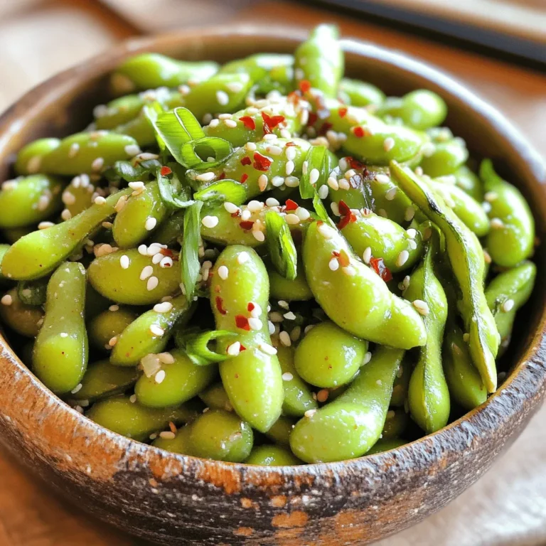 - 2 cups young edamame pods (in their shells) - 3 tablespoons extra virgin olive oil - 4 cloves garlic, finely minced - 1 teaspoon red pepper flakes (or adjust according to your spice preference) - 2 tablespoons soy sauce (low-sodium recommended) - 1 tablespoon toasted sesame oil - 1 tablespoon freshly squeezed lime juice - Sea salt, to taste - 1 teaspoon sesame seeds (optional, for garnish) - Freshly sliced green onions, for garnish - Lime wedges for a zesty flavor boost - Additional sesame seeds for extra crunch - Chopped cilantro for a fresh touch - Large pot for boiling water - Large skillet for sautéing - Slotted spoon for easy lifting of edamame - Measuring spoons for precision - Sharp knife for mincing garlic and slicing green onions When I prepare this spicy garlic edamame, I focus on fresh ingredients. Each one adds to the rich taste. I love using young edamame pods; they have a sweet, nutty flavor. The garlic and red pepper flakes bring a fiery kick that excites the palate. Low-sodium soy sauce balances the dish, while sesame oil adds depth. Fresh lime juice brightens every bite. Grab your tools, and let’s get cooking. You will enjoy every step of this flavorful snack. Don't forget to check the full recipe for precise steps! Start by boiling a large pot of water. Make sure to add salt to the water for flavor. Once the water reaches a rolling boil, add in the young edamame pods. Cook them for about 5 to 6 minutes. They should be tender but still firm. After cooking, drain the edamame pods in a colander. Set them aside for later use. In a large skillet, pour in extra virgin olive oil. Heat the oil over medium heat for about one minute. Then, add the minced garlic and red pepper flakes. Stir continuously for 1 to 2 minutes. You want the garlic to be fragrant but not brown. Browning can make the garlic taste bitter, which we want to avoid. Once the garlic is fragrant, add the drained edamame pods to the skillet. Toss them well in the garlic and oil mixture. This ensures that every pod gets coated with the delicious flavors. Next, pour in the soy sauce, toasted sesame oil, and freshly squeezed lime juice. Toss everything together and cook for another 2 to 3 minutes. This step helps the flavors meld together beautifully. After that, sprinkle sea salt to taste. If you like, you can also add sesame seeds for garnish. Finally, transfer the hot edamame to a serving bowl. Don't forget to top with sliced green onions for a fresh finish. Enjoy your Spicy Garlic Edamame! For the full recipe, check out the detailed instructions above. If you want to change the heat, you can easily adjust the spice levels. Start with less red pepper flakes. You can add more after tasting. This way, you control how spicy your edamame becomes. For a milder dish, use just a pinch. For a fiery kick, double the amount. It’s fun to play with spice! You can make this dish even more exciting with extra ingredients. Consider adding a splash of rice vinegar for tang. Chopped fresh cilantro or basil can add a fresh taste. A drizzle of chili oil gives it more depth. You can also mix in toasted garlic for an extra crunch. These options can change the flavor and keep things fresh. Presentation matters when serving food. Use a large shallow bowl for your edamame. It makes the dish look rustic and inviting. Scatter sliced green onions on top for color. Lime wedges on the side invite guests to squeeze over the edamame. This adds a bright touch and enhances flavor. For a fun twist, serve with chopsticks for a true Asian feel. {{image_4}} You can change the flavor of spicy garlic edamame in fun ways. Try adding miso for a rich taste. Mix in teriyaki sauce for a sweet twist. You can even use chili oil for extra heat. Each option brings a new kick to this snack. Experiment with these flavors to find your favorite! You don’t have to stick to one cooking style. Steaming edamame keeps them tender and bright green. If you love a smoky taste, try grilling them. Just toss the pods on the grill for a few minutes. This method adds a nice char and depth of flavor. Each method changes the texture and taste, so feel free to explore! This recipe is already vegan, which is great! However, if you want a creamier texture, add some tahini or cashew cream. This gives it a rich and smooth feel. If you want to make it gluten-free, use tamari instead of soy sauce. These small changes can create a whole new dish while keeping it plant-based. For the full recipe, check the previous section. Enjoy your cooking! After making your spicy garlic edamame, let it cool completely. Store the edamame in an airtight container. It will last for about 3 to 5 days in the fridge. If you want to keep it fresh longer, avoid adding any garnishes until you're ready to serve. To freeze, start by letting the edamame cool down. Place the cooled edamame in a freezer-safe bag. Press out as much air as you can before sealing it. The edamame can last up to 3 months in the freezer. When you're ready to enjoy them, you can cook them straight from frozen. To reheat your edamame, you have a few options. You can use a microwave or stovetop. For the microwave, place the edamame in a bowl with a splash of water. Cover it and heat for about 1-2 minutes. For stovetop, add a little olive oil to a skillet and toss in the edamame. Heat for 3-5 minutes until warmed through. This way, you keep the flavors fresh and bright. For detailed cooking steps, refer to the Full Recipe. The best way to cook edamame is by boiling. Start with a big pot of water. Add some salt to the water for flavor. Bring it to a rolling boil. Then, add the edamame pods. Cook them for about 5-6 minutes. They should be tender but still firm. After cooking, drain the pods and let them cool. This method keeps them bright green and tasty. Yes, you can make Spicy Garlic Edamame ahead of time. Cook the edamame as directed. Let them cool, and then store them in an airtight container in the fridge. You can keep them for up to two days. When you’re ready to serve, just reheat them in a pan. Add a splash of soy sauce to refresh the flavor. To serve Spicy Garlic Edamame at a party, use a big bowl for sharing. Sprinkle some sliced green onions on top for a nice look. You can also add lime wedges on the side. This lets guests add extra flavor if they want. Make sure to provide small bowls for the pods. This keeps the shells contained and your table clean. Enjoy this tasty snack with friends! You can find the full recipe in the earlier section. In this post, we explored how to make Spicy Garlic Edamame. We covered the key ingredients, optional garnishes, and useful tools. Then, I shared step-by-step instructions for preparing and cooking. You learned tips to adjust the spice and enhance the flavor. We discussed variations, storage methods, and answered common questions. Making this dish is fun and easy. With a few tweaks, you can impress anyone. Try different flavors or serving styles to keep it fresh. Enjoy your cooking!