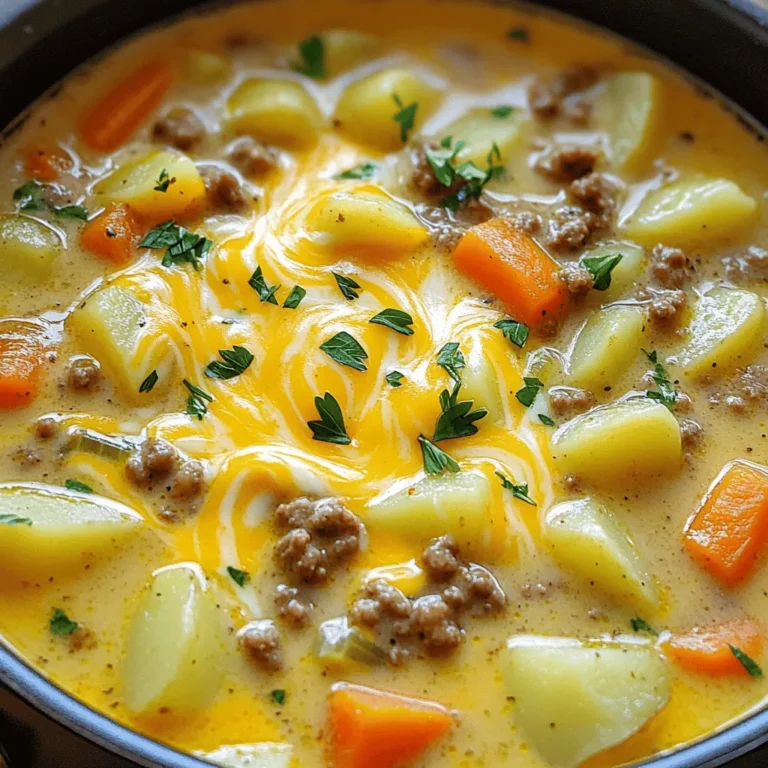 To make One-Pot Cheeseburger Soup, gather the following ingredients: - 1 lb ground beef (or ground turkey for a leaner alternative) - 1 medium onion, diced - 2 cloves garlic, minced - 3 medium potatoes, diced - 4 cups beef broth (or vegetable broth for a lighter option) - 1 cup carrots, diced - 1 cup celery, diced - 1 teaspoon Italian seasoning - 1 tablespoon Worcestershire sauce - Salt and black pepper, to taste - 1 cup sharp cheddar cheese, shredded - 1 tablespoon olive oil - 1/2 cup heavy cream (optional, for added creaminess) - Fresh parsley, chopped, for garnish Each ingredient plays a key role. The ground beef or turkey gives the soup its hearty flavor. The vegetables—onion, garlic, potatoes, carrots, and celery—add texture and nutrients. Beef broth serves as the soup's base, while Italian seasoning and Worcestershire sauce elevate the taste. Shredded cheddar cheese brings in creaminess and richness, and heavy cream makes it even more decadent. A sprinkle of fresh parsley brightens the dish and adds color. For the full recipe, check the instructions to create this delicious dish. 1. Sautéing the onion and garlic Start by heating olive oil in a large pot over medium heat. Add diced onion and minced garlic. Sauté for about 3-4 minutes until the onion is soft and fragrant. 2. Browning the ground meat Next, add the ground beef or turkey to the pot. Cook it for 5-7 minutes. Break up the meat as it cooks. If there’s extra fat, drain it carefully. 3. Adding vegetables and broth Now, mix in diced potatoes, carrots, and celery. Stir well to combine everything. Pour in the beef broth. Sprinkle Italian seasoning and Worcestershire sauce over the top. Season with salt and pepper to taste. 1. Bringing the mixture to a boil Turn up the heat to bring the soup to a gentle boil. Once it starts bubbling, reduce the heat to low. 2. Simmering for tenderness Let the soup simmer uncovered for about 20 minutes. This helps the potatoes and carrots become fork-tender. 3. Incorporating dairy for creaminess If you want extra creaminess, stir in heavy cream after the vegetables are tender. Gradually add the shredded cheddar cheese. Stir until it melts and makes the soup rich and creamy. 1. Adjusting seasoning Taste the soup. Adjust the seasoning if needed. Add more salt or pepper to suit your taste. 2. Garnishing before serving Ladle the hot soup into bowls. Finish with a sprinkle of fresh parsley on top. This adds color and fresh flavor to your meal. For the full recipe, refer to the earlier sections for precise measurements and cooking times. Enjoy your hearty and simple One-Pot Cheeseburger Soup! To keep your One-Pot Cheeseburger Soup from being greasy, start by draining excess fat after browning the meat. Use lean ground beef or turkey for a lighter soup. This small step makes a big difference in taste and texture. When chopping vegetables, invest in a sharp knife. A sharp knife makes cutting easy and safe. For even-sized pieces, try to chop all the veggies to about the same size. This ensures they cook evenly. To enhance your meal, serve the soup with crusty bread or a fresh side salad. The bread soaks up the tasty broth, while the salad adds a fresh crunch. For a perfect bowl of soup, use rustic bowls to elevate your presentation. A light drizzle of extra virgin olive oil on top adds a nice touch. Finish with a sprinkle of parsley for color. Enjoy your warm, hearty meal! If you're curious about the full recipe, check the [Full Recipe]. {{image_4}} You can easily swap ingredients in One-Pot Cheeseburger Soup. Instead of ground beef, try ground turkey or chicken. These options make the soup lighter while still tasty. You can also explore cheese choices. Instead of sharp cheddar, use pepper jack for a spicy kick or mozzarella for a milder flavor. To make the soup gluten-free, use certified gluten-free broth. You can also replace regular Worcestershire sauce with a gluten-free version. If you want a vegetarian option, use plant-based proteins. Lentils or chickpeas work well here. They add texture and protein without meat. Boost the flavor by adding spices. A pinch of cayenne pepper or smoked paprika adds warmth. You can also throw in more vegetables or beans. Consider adding corn, bell peppers, or black beans. These additions make the soup even heartier and more colorful. For the full recipe, check out the [Full Recipe]. To keep your One-Pot Cheeseburger Soup fresh, store it properly. Place leftovers in an airtight container. - Refrigeration tips: Your soup can last in the fridge for up to 3 days. Make sure it cools down before sealing. - Freezing guidelines: If you want to store it longer, freeze the soup for up to 3 months. Use a freezer-safe container, leaving some space for expansion. When you're ready to enjoy your soup again, here’s how to reheat it. - Best practices for reheating: Use the microwave or stovetop. If using the microwave, heat in short bursts. Stir after each burst for even heating. On the stovetop, warm it over low heat, stirring often. - Avoiding overcooking when reheating: Keep an eye on the temperature. You want it hot, not boiling. This keeps the flavors fresh and prevents the cheese from separating. How long does One-Pot Cheeseburger Soup last in the fridge? One-Pot Cheeseburger Soup lasts about 3 to 4 days in the fridge. Store it in an airtight container. Always cool it down before putting it in the fridge. Can I freeze One-Pot Cheeseburger Soup? Yes, you can freeze One-Pot Cheeseburger Soup. Just let it cool completely. Pour it into freezer-safe bags or containers. It will stay good for about 2 to 3 months. How can I make it spicier? To add spice, mix in some red pepper flakes or hot sauce. You can also add diced jalapeños while cooking. Start with a little and taste as you go. What to do if the soup is too thick or too thin? If the soup is too thick, stir in more broth or water. Add it slowly until you reach your desired thickness. If it’s too thin, let it simmer longer without a lid. This will help it thicken up. How to enhance flavors if it tastes bland? If the soup tastes bland, try adding more salt or pepper first. You can also mix in a splash of Worcestershire sauce or a bit of garlic powder. Fresh herbs like parsley or chives will add a nice touch too. This blog post covered everything you need to create a delicious One-Pot Cheeseburger Soup. We discussed essential ingredients, straightforward steps, and valuable tips for the best results. You can customize the recipe with different meats and flavors to suit your taste. Remember, good storage and reheating methods ensure your leftovers stay tasty. Experiment with this recipe, and you’ll find your perfect bowl. Enjoy each spoonful, and don’t hesitate to share your delicious results!