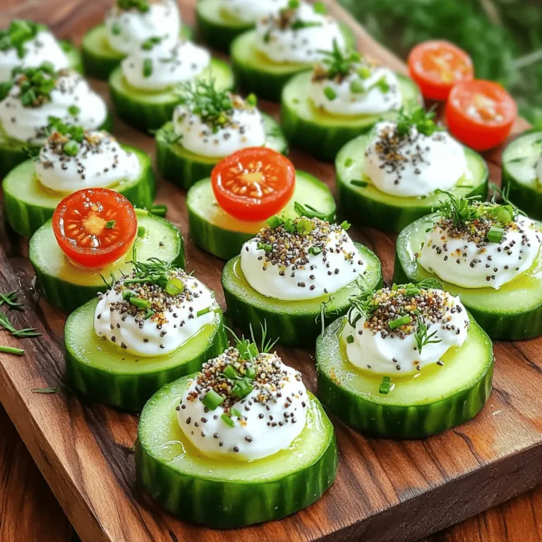 To create your Everything Bagel Cucumber Bites, gather these ingredients: - 2 large cucumbers - 1 cup cream cheese, softened to room temperature - 1/2 cup Greek yogurt, plain - 2 tablespoons fresh chives, finely chopped - 1 tablespoon fresh dill, finely chopped - 1 tablespoon fresh lemon juice - 2 teaspoons everything bagel seasoning - Salt and pepper to taste - Optional: cherry tomatoes, halved (for garnish) Each ingredient plays a key role in flavor and texture. The cucumbers provide a crisp base that complements the creamy topping. Cream cheese and Greek yogurt create a smooth, rich mix. Fresh herbs add brightness, while everything bagel seasoning gives that unique, savory punch. The optional cherry tomatoes not only enhance the look but also add a sweet burst. For the full recipe, you can follow the instructions I’ve shared. Enjoy your tasty party snack! - Rinse the cucumbers under cold water. - Slice each cucumber into 1-inch thick rounds. - Make sure each piece is bite-sized for easy snacking. - In a medium bowl, mix softened cream cheese with Greek yogurt until smooth. - Add fresh chives, dill, lemon juice, and everything bagel seasoning. - Stir well until the mixture is creamy and all flavors blend nicely. - Use a small spoon or piping bag to dollop the creamy mixture onto each cucumber slice. - For a pop of color, add a halved cherry tomato on top if you want. - Arrange the bites on a platter and chill for 15-20 minutes to enhance flavors. For the full recipe, check out the details above! - Use fresh herbs for a more vibrant taste. Fresh chives and dill add great flavor. - Adjust lemon juice based on personal preference. Start with a small amount and taste. - Garnish with extra chopped herbs or everything bagel seasoning. This adds color and flair. - Arrange aesthetically on a serving platter. Create a fun design to catch the eye. - Ideal for parties, appetizers, or healthy snacks. These bites are easy to grab and enjoy. - Pair with other snacks, like veggies or dips, for a full spread. {{image_4}} You can change the cream cheese flavor for your bites. Try adding garlic or herb cream cheese. This adds a nice twist to the taste. If you want a different texture, use sour cream instead of Greek yogurt. It gives a creamy feel that many enjoy. Want more crunch? Add diced bell peppers or olives to the mix. These ingredients bring a fresh bite that pairs nicely. You can also play with spices. Try smoked paprika or a pinch of cayenne for some heat. These add-ins can make your bites truly unique. Using seasonal ingredients can make your bites exciting. In spring, radishes offer a crisp flavor. In summer, creamy avocado adds richness. For fall, consider roasted vegetables. They give a warm taste that is comforting. Sun-dried tomatoes can also add a sweet and tangy surprise. Each twist keeps the recipe fresh and fun. For the full recipe, refer back to the main article. - Store in an airtight container in the fridge. - Keep cucumbers and mixture separate if making in advance. When you plan to make Everything Bagel Cucumber Bites ahead, proper storage is key. I recommend using an airtight container. This helps keep the bites fresh and tasty. If you mix everything early, the cucumbers can get soggy. To avoid this, store the cucumber rounds and the cream cheese mixture separately. Just combine them right before serving. This way, you maintain the crispness of the cucumbers. - Consume within 2-3 days for optimal freshness. - Note on texture changes over time. These bites taste best when fresh. I suggest eating them within 2-3 days. After that, the cucumbers may start to lose their crunch. The cream cheese mixture could also thicken. While they might still be safe to eat after this time, the texture won't be as great. Enjoy your Everything Bagel Cucumber Bites while they are at their best! For the full recipe, check out the earlier section. Yes, you can prepare these bites a few hours in advance. This gives the flavors time to blend. Just keep them in the fridge until you are ready to serve. They taste even better after chilling! Yes, it can be gluten-free. Just make sure you use gluten-free bagel seasoning. This way, everyone can enjoy the tasty bites without worry. These bites pair well with extra dips like hummus. You can also serve them alongside a charcuterie board. Both options add more flavor and fun to your snack spread. For the full recipe, check out the section above. This blog post shared a simple recipe for Everything Bagel Cucumber Bites. We covered all the ingredients needed, step-by-step instructions, and tips to enhance flavor. You can adjust the recipe to fit your taste with different herbs or cream cheese flavors. Remember to store them properly for maximum freshness. These cucumber bites make a fun snack or great party appetizer. Have fun experimenting with different flavors and serving styles! Enjoy your tasty creations.