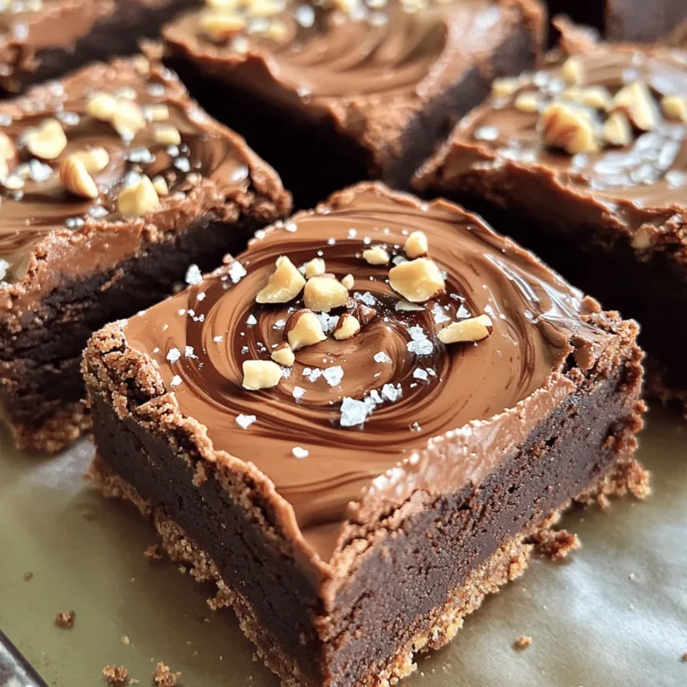 To make these tasty chocolate hazelnut swirl brownies, you will need: - 1 cup unsalted butter - 2 cups granulated sugar - 1 teaspoon pure vanilla extract - 4 large eggs, at room temperature - 1 cup all-purpose flour, spooned and leveled - 1 cup unsweetened cocoa powder - 1/2 teaspoon baking powder - 1/2 teaspoon fine sea salt - 1/2 cup chocolate hazelnut spread (such as Nutella) - 1/2 cup chopped hazelnuts (optional, for added crunch) - Pinch of flaky sea salt for garnish If you want to switch things up, try these options: - Use coconut oil instead of butter for a dairy-free option. - Replace granulated sugar with brown sugar for deeper flavor. - Swap all-purpose flour with almond flour for a gluten-free treat. - Use a dark chocolate spread for a richer taste. To make the process smooth, gather these tools: - Medium saucepan for melting butter - Whisk for mixing the batter - 9x13 inch baking pan for the brownies - Parchment paper or butter for greasing - Spatula for spreading batter and swirling the spread - Toothpick or knife for checking doneness and swirling With these ingredients and tools, you’re ready to create a batch of delicious brownies from the full recipe. Enjoy! Start by gathering all your ingredients. You will need: - 1 cup unsalted butter - 2 cups granulated sugar - 1 teaspoon pure vanilla extract - 4 large eggs, at room temperature - 1 cup all-purpose flour, spooned and leveled - 1 cup unsweetened cocoa powder - 1/2 teaspoon baking powder - 1/2 teaspoon fine sea salt - 1/2 cup chocolate hazelnut spread (such as Nutella) - 1/2 cup chopped hazelnuts (optional, for added crunch) - Pinch of flaky sea salt for garnish Next, preheat your oven to 350°F (175°C). Prepare a 9x13 inch baking pan. You can grease it with butter or line it with parchment paper. This helps the brownies come out easily later. Now, melt the unsalted butter in a medium saucepan over low heat. Stir it occasionally until it’s fully melted. Once melted, remove the pan from heat. Gradually add the granulated sugar, stirring until smooth. Then, mix in the pure vanilla extract. Add the eggs one at a time. Whisk well after each egg until the mixture looks shiny and combined. In another bowl, sift together the all-purpose flour, unsweetened cocoa powder, baking powder, and fine sea salt. Slowly fold this dry mix into the wet ingredients. Mix until just combined. Be careful not to overmix, or your brownies will be dense. Pour half of the brownie batter into your prepared baking pan. Spread it evenly with a spatula to create a smooth base. Now, dollop the chocolate hazelnut spread over this layer. Take a knife or wooden skewer and swirl it gently into the batter. Aim for a nice marbled look without overdoing it. Next, pour the rest of the brownie batter over the hazelnut layer. Again, swirl in any leftover chocolate hazelnut spread on top. If you like, sprinkle the chopped hazelnuts over the brownies. Finish with a light pinch of flaky sea salt. Now, bake the brownies in the preheated oven for about 25-30 minutes. They are done when a toothpick inserted in the center comes out with a few moist crumbs on it. You want to avoid wet batter. Once baked, let the brownies cool in the pan for at least 10 minutes. After that, lift them out carefully and transfer them to a wire rack. Let them cool completely. For serving, cut the brownies into neat squares. You can use a decorative platter to display them. To make them even more special, drizzle extra chocolate hazelnut spread on top before serving. Enjoy! To get that perfect brownie texture, keep these tips in mind: - Use room temperature eggs. They mix better and create a creamy batter. - Do not overmix the batter. Stir just until combined for a soft, fudgy result. - Bake until a toothpick shows a few moist crumbs. This ensures a gooey inside. Creating beautiful swirls is an art! - Place dollops of chocolate hazelnut spread evenly. This helps with the swirling. - Use a knife or skewer to swirl gently. Too much mixing hides the pattern. - Aim for thick ribbons of hazelnut spread throughout the batter. This adds flavor and looks stunning. Presentation makes your brownies shine! - Cut them into neat squares for a clean look. - Serve on a decorative platter for an inviting display. - Drizzle extra chocolate hazelnut spread on top. It adds a special touch and enhances flavor. These tips will help you master the art of making Chocolate Hazelnut Swirl Brownies. You can find the full recipe above for more details! {{image_4}} You can easily change up the flavor of these brownies. Try adding mint extract for a fresh twist. A teaspoon of espresso powder can enhance the chocolate flavor. For a fruity touch, mix in fresh raspberries or cherries. These fruits pair well with hazelnuts. You can also swap the chocolate hazelnut spread for almond or peanut butter for a new taste. You can make these brownies gluten-free by using almond flour or a gluten-free flour blend. Make sure to check the labels for hidden gluten. If you want vegan brownies, replace eggs with flax eggs. To make a flax egg, mix one tablespoon of ground flaxseed with three tablespoons of water. Let it sit for five minutes to thicken. Use a plant-based butter and choose a vegan chocolate hazelnut spread. Add-ins can take your brownies to the next level. Try mixing in chocolate chips for extra gooeyness. You can also add nuts, like walnuts or pecans, for crunch. Dried fruit like cranberries or apricots adds a nice chewiness. For a spice kick, consider adding a pinch of cinnamon or a splash of chili powder. These small changes can make the brownies even more exciting. For the full recipe, check out the complete details. To store leftover brownies, first let them cool completely. Cut them into squares. Place the brownies in an airtight container. You can also use plastic wrap to cover them. Store them at room temperature for up to four days. For longer freshness, keep them in the fridge. They will last about a week this way. If you want to freeze brownies, wrap each square tightly in plastic wrap. Then place them in a freezer-safe bag or container. This helps to keep them fresh. You can freeze brownies for up to three months. To enjoy, let them thaw in the fridge overnight. You can also warm them in the microwave for a few seconds. The shelf life of these brownies varies based on storage. At room temperature, they last about four days. In the fridge, they can stay fresh for a week. If frozen, use them within three months. Always check for signs of spoilage, like a dry texture or off smell. Enjoy your Chocolate Hazelnut Swirl Brownies from the Full Recipe whenever you crave a treat! These brownies are fudgy due to the high fat content from butter and chocolate hazelnut spread. Using less flour and more sugar also helps create that rich texture. The key is to mix just enough to combine the ingredients. Overmixing can make them dense instead of soft. Yes, you can swap some ingredients. Use coconut oil instead of butter for a dairy-free option. You can also replace granulated sugar with brown sugar for a deeper flavor. If you need a gluten-free option, try almond flour. These changes can still yield tasty brownies. Check brownies at the 25-minute mark. Insert a toothpick in the center. If it comes out with a few moist crumbs, they are done. If it comes out clean, they might be overbaked. Remember, they will continue to cook a bit while cooling. To make eggless brownies, use applesauce or mashed banana as an egg substitute. Replace each egg with 1/4 cup of applesauce. This adds moisture and sweetness, keeping the brownies soft. You can also use flaxseed meal mixed with water for a similar effect. Yes, you can use milk chocolate hazelnut spread. It will give a sweeter flavor and creamier texture. Just remember, it may alter the balance of sweetness in the brownies. If you like a rich chocolate flavor, consider adding a bit more cocoa powder. For the complete recipe, check the Full Recipe section. This blog post has all you need for baking delicious brownies. We covered ingredients, step-by-step instructions, and helpful tips. You learned about variations, storage options, and answers to common questions. These insights will help you bake your best batch yet. Remember, the right tools and ingredients matter. Enjoy using these tips to create tasty brownies that impress. Happy baking!