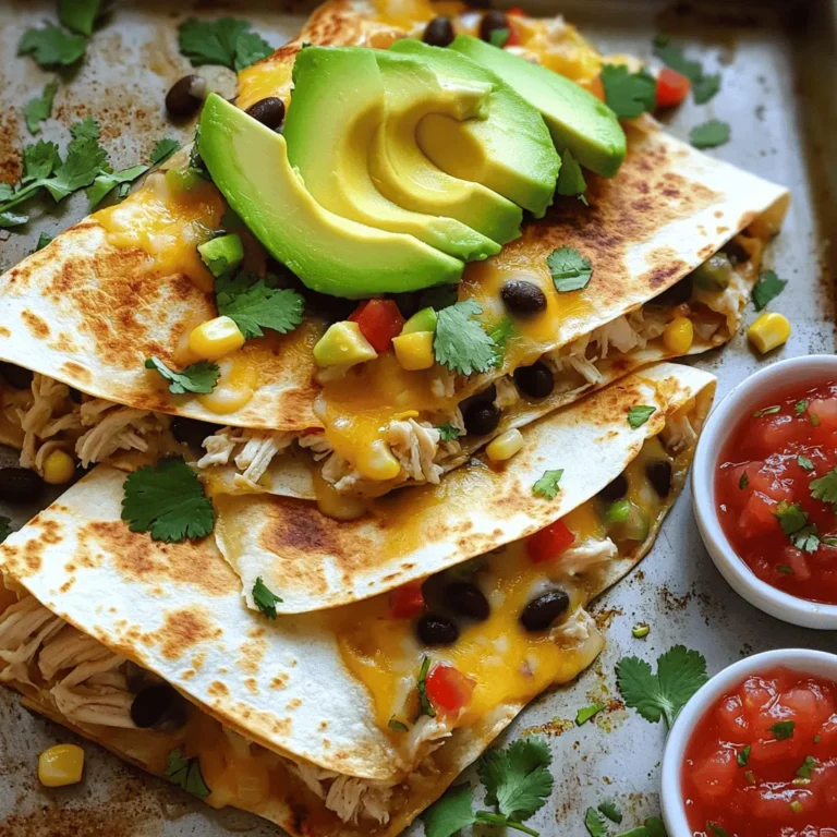 - 4 large flour tortillas - 2 cups shredded cheese (Mexican blend works best) - 1 cup cooked chicken, shredded (use rotisserie chicken) - 1 cup black beans, drained and rinsed - 1 cup corn (frozen or canned) - 1 red bell pepper, finely diced - 1 small red onion, finely diced - 1 tablespoon taco seasoning (adjust for heat) - 1 avocado, sliced (for topping) - 1 cup salsa (for serving) - Fresh cilantro, chopped (for garnish) - Cooking spray or olive oil (for greasing) You can swap ingredients based on what you have. Use whole wheat tortillas for a healthier option. For cheese, try Monterey Jack or cheddar if you prefer. If you don’t have chicken, ground turkey or beef works too. Black beans can be replaced with pinto beans. You can also use fresh corn if you have it. To keep everything fresh, use ripe vegetables. Choose firm bell peppers and bright green cilantro. Store ingredients separately before cooking. If you plan to make this later, keep the tortillas stored in a cool place. Store cooked quesadillas in an airtight container in the fridge. This helps maintain flavor and texture. For the complete recipe, check the [Full Recipe]. Start by preheating your oven to 400°F (200°C). Grab a large baking sheet and line it with parchment paper. You can also use cooking spray or olive oil to coat it lightly. This helps prevent sticking. Gather your ingredients, and make sure everything is ready to go. This helps the cooking process flow smoothly. 1. In a mixing bowl, combine the shredded chicken, black beans, corn, diced red bell pepper, diced red onion, and taco seasoning. Mix well so all the flavors blend. 2. Lay two large tortillas on the prepared baking sheet. Overlap them slightly to cover the base. 3. Spread half of the shredded cheese evenly over the tortillas. Make sure to cover them completely. 4. Spoon the chicken and bean mixture over the cheese. Spread it out evenly for a tasty bite every time. 5. Add the rest of the cheese on top of the filling. Then, place the other two tortillas on top. Press down gently to hold it all together. 6. Bake the quesadilla in the oven for 15-20 minutes. Watch closely until the top turns golden and the cheese is melted. 7. Once done, take the sheet pan out and let it cool for a few minutes. Use a sharp knife to slice it into wedges. 8. Serve the warm wedges with fresh avocado slices and your choice of salsa. Sprinkle chopped cilantro on top for a burst of color and flavor. Arrange the quesadilla wedges on a large platter. Garnish with more cilantro and lime wedges for a bright look. Serve the salsa in a separate bowl for dipping. This makes for easy sharing and adds to the fun of the meal! To get a crispy quesadilla, use a hot oven. Bake at 400°F (200°C). Make sure to spread cheese on both sides of the filling. This helps seal in moisture. Use flour tortillas; they get crispier than corn ones. Press down gently on top while baking. This creates a great crunch. To prevent sticking, always grease your baking sheet. Use cooking spray or olive oil. Lining the sheet with parchment paper also helps. Make sure the tortillas overlap slightly. This keeps the filling in place and prevents spills. If you see any sticking after baking, use a spatula to loosen it before serving. For more flavor, try adding jalapeños or green chiles to the mix. You can also use different spices. Cumin or smoked paprika adds depth. Squeeze fresh lime juice over the quesadilla before serving. This brightens every bite. Top with sour cream or guacamole for creaminess. Don't shy away from fresh herbs like cilantro for a pop of flavor. For the complete recipe, check out the Full Recipe. {{image_4}} You can easily make this dish vegetarian. Replace the chicken with more beans or veggies. Use mushrooms, zucchini, or spinach for extra flavor. You can also add diced tomatoes or jalapeños for a kick. Don't forget to keep the cheese, as it adds great taste and texture. If you want to change the protein, go for ground beef or turkey. Shredded pork is another tasty option. For a lighter choice, use grilled shrimp or fish. You can even throw in some tofu for a plant-based protein. Each protein adds its own unique flavor to the quesadilla. Feel free to get creative with your toppings. Try sour cream, guacamole, or sliced olives. You can also add fresh herbs like cilantro or green onions for a burst of freshness. For sauces, consider chipotle mayo or a spicy ranch dressing. These additions can make your quesadilla even more delicious. Check out the Full Recipe for more ideas! To store leftovers, let the quesadilla cool down. Once cool, cut it into wedges. Place the wedges in an airtight container. You can keep them in the fridge for up to three days. Keeping them sealed helps maintain flavor and texture. To reheat, preheat your oven to 350°F (175°C). Place the quesadilla wedges on a baking sheet. Bake them for about 10-15 minutes until hot. You can also use a microwave, but the oven gives better crispiness. For the microwave, heat for 1-2 minutes on high. If you want to freeze quesadilla wedges, wrap each piece in plastic wrap. Then, place them in a freezer bag. Be sure to remove as much air as you can. You can freeze them for up to three months. When ready to eat, thaw in the fridge overnight and reheat as mentioned. For the full recipe, check out the detailed instructions. Yes, you can prepare this loaded sheet pan quesadilla ahead of time. To do this, follow the recipe steps until you layer the tortillas and filling. Instead of baking, cover it with plastic wrap and refrigerate. When you're ready to eat, just bake it as directed. This method saves time and makes meal prep easy. For quesadillas, a blend of cheeses works best. I like using a Mexican cheese blend. It melts well and gives a rich flavor. You might also try Monterey Jack or cheddar. Both add great taste and texture. Feel free to mix them up for a fun twist. To make the loaded sheet pan quesadilla gluten-free, use gluten-free tortillas. Many brands offer tasty options. Check the labels to ensure they’re safe. Also, you can use gluten-free taco seasoning. This way, you get all the flavor without the gluten. Dipping sauces add fun to your quesadilla meal. Salsa is a classic choice. You can also try guacamole or sour cream. For a kick, serve with spicy salsa or hot sauce. Each sauce brings a different flavor that complements the quesadilla. You learned about the key ingredients for loaded sheet pan quesadillas, plus substitutions for freshness. I shared step-by-step cooking instructions and serving tips. We covered best practices for crispiness and flavor boosts. You also saw variations, from vegetarian options to different proteins. Lastly, I explained storage methods and answered common questions about this dish. Now, you're ready to create your own tasty quesadillas. Use this guide for fun meals and happy moments. Enjoy cooking!