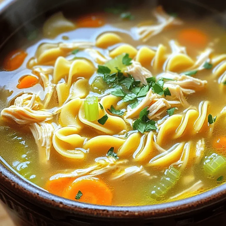 - 1 lb boneless, skinless chicken breasts - 6 cups low-sodium chicken broth - 8 oz egg noodles - 1 medium onion, finely diced - 3 medium carrots, peeled and sliced - 2 stalks celery, sliced - 1 tablespoon olive oil - 1 teaspoon dried thyme - Salt and freshly ground black pepper In my kitchen, the heart of this dish lies in the main ingredients. The chicken breasts bring protein and flavor. The low-sodium chicken broth provides a rich base. Egg noodles add a comforting touch. Next, we have the vegetables. Onions bring sweetness and depth. Carrots add color and crunch. Celery contributes a nice crunch, enhancing the soup's texture. For seasoning, olive oil starts the sautéing process. Thyme adds a lovely herbal note. Salt and pepper balance the flavors. You can adjust these to your taste. Check out the Full Recipe to see how these ingredients come together in a warm, cozy bowl of soup. 1. Press the Sauté button on your Instant Pot. Add 1 tablespoon of olive oil. Let it heat. 2. Add 1 medium onion, finely diced, to the pot. Sauté for 3-4 minutes. Stir until soft. 3. Now, add 3 cloves of minced garlic. Sauté for 1 minute. The aroma will fill your kitchen. 4. Carefully place 1 lb of boneless, skinless chicken breasts into the pot. Layer in 3 medium sliced carrots and 2 stalks of sliced celery. 5. Pour in 6 cups of low-sodium chicken broth. Add 1 teaspoon each of dried thyme and dried rosemary. Toss in 1 bay leaf. Season with salt and pepper. Give it a gentle stir. 1. Secure the lid on the Instant Pot. Make sure the steam release valve is set to Sealing. 2. Select the Manual or Pressure Cook function. Set the timer for 10 minutes. Get ready for a warm meal! 3. When the cooking time ends, let the pressure release naturally for 5 minutes. Then, switch the steam release valve to Venting. Carefully release any remaining pressure. 1. Once the steam clears, lift the lid. Use tongs to remove the chicken breasts. Put them on a cutting board. 2. Shred the chicken using two forks. Make sure it's finely shredded. 3. Return the shredded chicken to the pot. Add 8 oz of egg noodles. Switch the Instant Pot back to the Sauté function. 4. Cook for 5-6 minutes. Stir occasionally until the noodles are tender. 5. Taste the soup. Adjust the seasoning with more salt or pepper if needed. Don’t forget to remove the bay leaf before serving. 6. Serve the soup in bowls. Garnish with fresh parsley for a nice touch. Enjoy your cozy meal! For the full recipe, visit [Full Recipe]. To make your soup even tastier, try adding fresh herbs like parsley or dill. You can also use spices like paprika or a pinch of cayenne for some heat. If you want a richer taste, use homemade broth. It brings a depth that store-bought broth often lacks. However, store-bought broth is quick and easy, so use what you have! Different noodles need different cooking times. For example, egg noodles cook fast, around 5-6 minutes. If you use whole wheat or gluten-free noodles, check package instructions for the best time. If you want a creamy soup, add a splash of cream or milk just before serving. This will give it a nice, smooth finish. Pair your chicken noodle soup with a light salad or crusty bread for a complete meal. You can also serve it with crackers for a crunch. If you have leftovers, store them in the fridge. You can reheat them on the stove or microwave. They make a quick lunch the next day! For a fun twist, use the soup as a base for a casserole. Just add some cheese and bake! For the Full Recipe, check the earlier sections for all the details! {{image_4}} You can make Instant Pot Chicken Noodle Soup healthier. Use whole wheat noodles instead of egg noodles. Whole wheat has more fiber. It will add a nutty taste too. You can also swap chicken for turkey or tofu. Turkey is leaner and packed with protein. Tofu is a great choice for a vegetarian meal. Add more veggies to your soup for extra nutrition. Consider using spinach, kale, or green beans. These greens boost vitamins and minerals. You can also add peas or corn for sweetness. By adding more vegetables, you create a one-pot meal. It becomes heartier and more filling. Plus, it saves time on sides! Want to switch up the taste? Try an Asian-inspired version. Use ginger and soy sauce to give it a unique twist. You can even add sesame oil for richness. For a Southwest spin, include black beans and corn. You might want to add cumin and chili powder too. Both options will make your soup pop with flavor. For the full recipe, check out the [Full Recipe]. To keep your soup fresh, place it in an airtight container. Make sure to cool the soup to room temperature first. This helps prevent bacteria growth. Store it in your fridge for up to three days. After that, it may lose flavor and quality. If you want to save some for later, freezing is a great option. First, let the soup cool completely. Then, pour it into freezer-safe bags or containers. Leave some space at the top, as the soup will expand when frozen. You can freeze it for up to three months. To enjoy it later, thaw the soup in the fridge overnight. You can also thaw it in a bowl of cold water for quicker results. To reheat your soup on the stovetop, pour it into a pot. Heat it over medium heat, stirring often until it's hot. This method keeps the soup creamy and tasty. If you prefer to use the microwave, transfer the soup to a microwave-safe bowl. Cover it loosely and heat it in short bursts, stirring in between. This helps heat it evenly. Making Instant Pot Chicken Noodle Soup is quick and easy. The total time for this meal is about 30 minutes. Here’s a quick breakdown: - Prep time: 10 minutes - Cook time: 10 minutes - Natural release: 5 minutes After this, you spend a few more minutes shredding the chicken and cooking the noodles. It’s a simple process, perfect for a busy day! Yes, you can use frozen chicken breasts! The Instant Pot makes this easy. Just add the frozen chicken directly into the pot. You need to increase the cook time to about 12-15 minutes. This helps the chicken cook fully from frozen. Always check that the chicken reaches 165°F for safety. Using frozen chicken saves time and keeps the soup ready when you need it! Absolutely! This recipe is great for meal prep. You can prep the ingredients in advance. Chop the vegetables and store them in the fridge. You can also cook the soup and freeze portions. It stays tasty for up to three months in the freezer. When you’re ready to eat, just reheat on the stovetop or in the microwave. Enjoy a cozy meal without the fuss! For the full recipe, check the details above. This article covered the key ingredients for Instant Pot Chicken Noodle Soup. We explored the main components, tasty vegetables, and easy seasonings. I shared step-by-step instructions to make cooking simple. You learned tips for enhancing flavor and texture, plus variations for a healthier soup. Remember to store leftovers properly for the best taste. With these insights, you can enjoy homemade soup that warms the soul. Dive into your kitchen and make a bowl tonight!