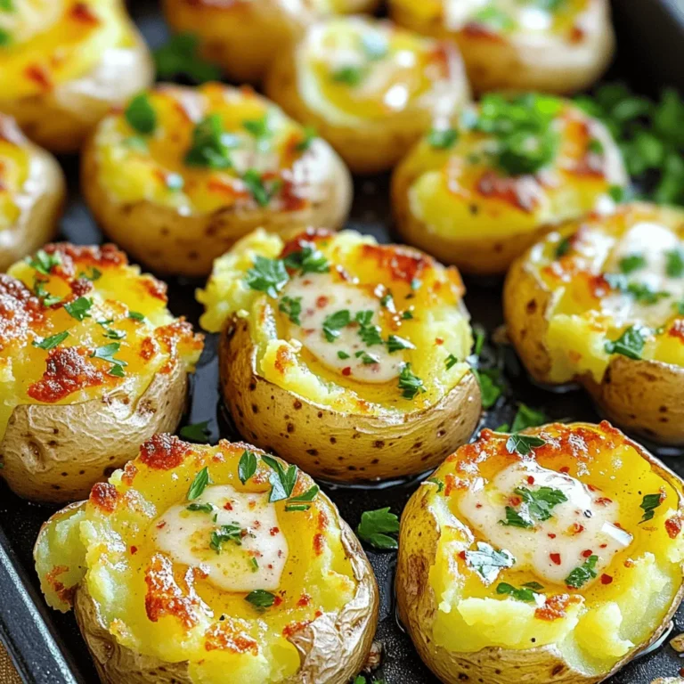 - 1.5 pounds baby Yukon gold potatoes - 4 tablespoons unsalted butter, melted - 4 cloves garlic, finely minced - 2 tablespoons fresh parsley, finely chopped - Salt and freshly ground black pepper to taste - 1/4 teaspoon red pepper flakes (optional) - Olive oil for drizzling When making garlic butter smashed potatoes, you want to choose the right ingredients. I love using baby Yukon gold potatoes. They are creamy and have a great taste. The unsalted butter adds richness, while garlic gives a bold flavor. Fresh parsley adds color and freshness. Make sure to have salt and black pepper ready. They will enhance the taste. If you like a little heat, add red pepper flakes. Drizzling olive oil at the end makes it all shine. - Large pot - Baking sheet - Parchment paper - Potato masher or glass - Mixing bowl Using the right tools makes cooking easier. A large pot is great for boiling the potatoes. You will also need a baking sheet for roasting. Parchment paper makes cleanup quick and easy. A potato masher or a glass works well for smashing the potatoes. Lastly, a mixing bowl helps you combine the garlic and butter perfectly. For the full recipe, check out Garlic Butter Smashed Potatoes. It has all the steps you need! Boil the potatoes until tender. I like to use baby Yukon gold potatoes for their creamy texture. Place them in a large pot, cover them with cold water, and add salt. Bring the water to a boil and cook for 15 to 20 minutes. Once they are tender, drain them in a colander. Allow them to cool briefly for handling. For easy cleanup, line a baking sheet with parchment paper. Once the potatoes are cool enough to touch, place them on the lined sheet. Using the bottom of a glass or a potato masher, gently press down on each potato. Smash them to about 1/2-inch thickness. This step is key for getting that crispy edge. Now, let's make the garlic butter. In a small mixing bowl, combine melted butter and minced garlic. This mixture adds rich flavor to the potatoes. If you like a bit of heat, feel free to add red pepper flakes for extra spice. Mix it well until combined. Brush the garlic butter generously over the smashed potatoes. Make sure some of the minced garlic lands on each potato. Next, season with salt and freshly ground black pepper. Preheat your oven to 425°F (220°C) and bake the potatoes for 20 to 25 minutes. They should turn golden brown and crispy. Remember to keep an eye on them! The result is a delightful side dish that pairs well with so many meals. For the full recipe, check out the details above! To get soft and tender potatoes, boil them for 15 to 20 minutes. The key is to check them with a fork. You want them soft but not falling apart. After boiling, let them cool for a few minutes. This makes smashing easier. For crispy edges, make sure to smash them to about 1/2-inch thick. The more surface area, the crispier they will be when baked. To boost the flavor, think about adding fresh herbs like thyme or rosemary. These herbs bring a lovely aroma and taste to the dish. You can also sprinkle some cheese on top before baking. A little grated Parmesan or cheddar will make the potatoes rich and creamy. When serving, consider garnishing with fresh parsley for color and taste. You can also drizzle a bit of olive oil on top. This adds a nice shine and flavor. These smashed potatoes pair well with grilled meats like chicken or steak. They also work great as a side for your favorite plant-based dishes. For the full recipe, check out the Garlic Butter Smashed Potatoes section. {{image_4}} You can mix fresh herbs into your smashed potatoes for great flavor. Try using rosemary, thyme, or chives. Each herb brings its own touch. For example, rosemary adds a pine-like scent, while thyme gives a warm, earthy taste. Chop the herbs finely and mix them into the garlic butter. Brush this blend on the potatoes before baking. This small change can make a big difference. Want to make your smashed potatoes even more indulgent? Add shredded cheese! Before baking, sprinkle cheese on top of the smashed potatoes. Cheddar, mozzarella, or even a mix works well. The cheese will melt and create a delicious, gooey layer. It adds a rich flavor that pairs so well with the garlic butter. This variation is perfect for cheese lovers! If you like heat, try adding peppers to your smashed potatoes. You can use jalapeños, serranos, or even crushed red pepper flakes. Simply chop the fresh peppers finely and mix them into the garlic butter. Brush this spicy mix over the potatoes. This version packs a punch and brings excitement to your meal. Pair it with creamy dips for a balanced bite. For the complete recipe, check out the Full Recipe section. To store leftover garlic butter smashed potatoes, let them cool first. Then, place them in an airtight container. You can keep them in the fridge for up to four days. When storing, make sure to separate layers with parchment paper. This helps prevent sticking. If you want to freeze these potatoes, follow these easy steps. First, let them cool completely. Next, place them in a single layer on a baking sheet. Freeze until firm, which takes about 1-2 hours. Once frozen, transfer them to a freezer bag. They can last up to three months in the freezer. To reheat and keep them crispy, use the oven. Preheat your oven to 400°F (200°C). Place the potatoes on a baking sheet. Bake for about 10-15 minutes until they are hot and crispy again. You can also use an air fryer for a quicker option. Just heat them at 350°F (175°C) for about 8-10 minutes. Yukon gold potatoes are my top choice for smashing. They have a creamy texture and a nice flavor. They smash well and get crispy edges when baked. Other types, like russet potatoes, can work too, but they may be drier. If you want a buttery taste, stick with Yukon gold. Yes, you can make garlic butter ahead of time. Just mix melted butter and minced garlic in a bowl. Store it in the fridge for up to a week. When you are ready to use it, warm it slightly before brushing it on your potatoes. This makes cooking easier and saves time. To make garlic butter smashed potatoes vegan, replace the butter with vegan butter or olive oil. Use a plant-based option for the garlic butter. The flavor will still be rich and tasty. This way, everyone can enjoy the dish, no matter their diet. Garlic butter smashed potatoes pair well with many dishes. Try them with grilled chicken, steak, or roasted veggies. They also go great with salmon or pork chops. For a fun twist, serve them with a fresh salad. These potatoes add flavor and joy to any meal. You can find the full recipe [here](#). You learned how to make garlic butter smashed potatoes. We covered essential ingredients, fun tools, and easy steps. I shared tips for the best texture and flavor. You can even try variations to fit your taste. Plus, storing and reheating these potatoes is simple. Remember, cooking is fun and allows you to be creative. Enjoy experimenting with this recipe and sharing it with others!