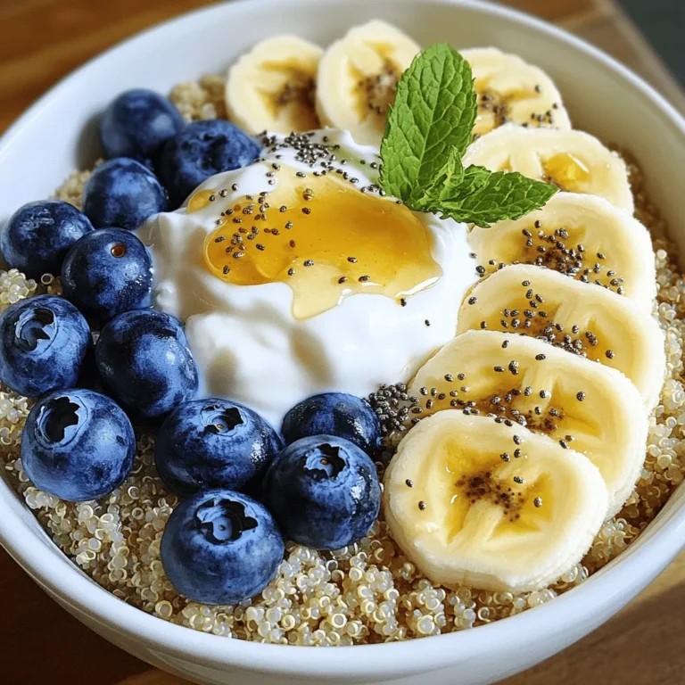 - 1 cup cooked quinoa - 1 cup almond milk (or any plant-based milk of your choice) - 1 ripe banana, sliced into rounds - 1/2 cup blueberries (freshly picked or frozen for convenience) - 1/4 cup Greek yogurt (or a dairy-free alternative for vegan preference) - 1 tablespoon chia seeds - 1 tablespoon honey or maple syrup (optional for sweetness) - 1 teaspoon pure vanilla extract - 1 tablespoon almond butter (optional for a nutty flavor) - A sprinkle of ground cinnamon You can adjust this bowl to fit your taste. Add nuts like almonds or walnuts for crunch. You can also include seeds like pumpkin seeds for more nutrients. Swap blueberries for strawberries or raspberries if you like. A sprinkle of cocoa powder can give a rich twist. Try coconut flakes for a tropical feel. - Quinoa: Packed with protein and fiber, quinoa keeps you full longer. - Almond Milk: Low in calories, it’s a great dairy-free option. - Banana: Adds natural sweetness and potassium for energy. - Blueberries: Rich in antioxidants, they support heart health. - Greek Yogurt: Provides probiotics and protein for gut health. - Chia Seeds: High in omega-3s, they boost heart health. - Honey or Maple Syrup: Natural sweeteners that can add flavor. - Vanilla Extract: Enhances flavor without extra calories. - Almond Butter: Offers healthy fats and a creamy texture. - Cinnamon: Adds warmth and can help regulate blood sugar levels. This Healthy Quinoa Breakfast Bowl is not just tasty; it's also a balanced meal to start your day. You can easily find the Full Recipe to guide you through the steps. To start, you need cooked quinoa. You can make it ahead of time or cook it fresh. Use a medium saucepan over medium-low heat. Combine 1 cup of cooked quinoa with 1 cup of almond milk. Stir occasionally for about 3 to 5 minutes until it’s warm. This step makes the quinoa creamy and soft. Next, add 1 teaspoon of pure vanilla extract. This gives the quinoa a sweet aroma. Sprinkle in some ground cinnamon for extra flavor. Mix everything well and then take the saucepan off the heat. Now, let’s make this bowl exciting! Grab two serving bowls or one big bowl. Carefully transfer the warm quinoa mixture into the bowls. Slice a ripe banana into rounds. Arrange the banana slices on top of the quinoa. Then, add 1/2 cup of blueberries. You can use fresh blueberries or frozen ones. Both taste great! For added creaminess, add 1/4 cup of Greek yogurt or a dairy-free option if you prefer. Sprinkle 1 tablespoon of chia seeds over the top to boost nutrition. If you like sweetness, drizzle 1 tablespoon of honey or maple syrup on your bowl. For a nutty twist, swirl in 1 tablespoon of almond butter. This gives a rich flavor that pairs well with the fruits. Presentation matters! Use a colorful bowl to showcase your creation. A bright bowl makes your meal look more appetizing. Garnish with a fresh mint sprig or a few extra berries for a pop of color. This small touch makes your breakfast bowl look gourmet. Enjoy your deliciously balanced breakfast or snack. For the complete recipe, check out the Full Recipe. To cook quinoa well, rinse it first. Rinsing removes the bitter coating called saponin. Use two cups of water for every cup of quinoa. Bring it to a boil, then lower the heat. Simmer for about 15 minutes until the water is gone. Let it sit covered for five minutes. Fluff it with a fork to separate the grains. You can boost the taste of your quinoa with spices. Cinnamon adds warmth and a hint of sweetness. Try adding a pinch of nutmeg for a cozy flavor. Fresh herbs like mint or basil can brighten it up. For a savory twist, use a bit of salt and pepper. One common mistake is not rinsing the quinoa. This can lead to a bitter taste. Also, avoid using too much water. If you do, the quinoa can become mushy. Lastly, don’t skip letting it sit after cooking. This step helps perfect the texture. For more detailed steps, check out the Full Recipe for the Quinoa Sunrise Bowl. {{image_4}} You can change up the fruits in your quinoa bowl. Try using strawberries, raspberries, or kiwi. Each fruit adds unique flavors and colors. Mix and match to find your favorite combo. If you prefer a tropical twist, use mango or pineapple. These fruits brighten your bowl and boost nutrition. Fresh or frozen, both work well. Just remember, seasonal fruits taste best! Switch the almond milk for oat milk, coconut milk, or soy milk. Each milk brings a different taste and texture. For yogurt, you can use coconut yogurt or cashew yogurt if you want a dairy-free option. These alternatives keep your breakfast creamy and delicious. You can even try flavored yogurts for added sweetness. Add nuts or seeds for a crunchy texture. Almonds, walnuts, or pecans work great. You can also use pumpkin seeds or sunflower seeds for a fun twist. Each nut or seed brings its own flavor and health benefits. Experiment with different combinations to find what you like best. A little crunch can make your breakfast even more enjoyable. After enjoying your healthy quinoa breakfast bowl, store leftovers in an airtight container. This keeps the quinoa fresh. Make sure to let it cool first. It can last in the fridge for 3 to 5 days. If you plan to use it later, freeze it for up to a month. Just remember to label the container with the date. To reheat your quinoa bowl, use the microwave for quick warming. Place it in a bowl and add a splash of almond milk. This helps to regain its creamy texture. Heat for 1 to 2 minutes, stirring halfway. You can also use a saucepan on low heat. Stir often to avoid burning. For busy mornings, meal prep is key. Cook a larger batch of quinoa on the weekend. Divide it into portions and store in the fridge. Each morning, just grab a portion and add your favorite toppings. You can even pre-slice fruits and store them in small containers. This makes it easy to build your bowl quickly. Try using the Full Recipe for ideas on toppings and flavors! To cook quinoa for a breakfast bowl, start with rinsing 1 cup of quinoa. Rinse it under cold water to remove any bitter taste. Then, combine the rinsed quinoa with 2 cups of water in a saucepan. Bring it to a boil, then lower the heat. Let it simmer for about 15 minutes. Once done, let it sit for 5 minutes before fluffing with a fork. This method gives you fluffy quinoa that works well in your bowl. Yes, you can easily make this recipe vegan. Use almond milk or any plant-based milk instead of dairy. For yogurt, choose a dairy-free option. If you want extra sweetness, use maple syrup instead of honey. These swaps make this delicious quinoa bowl fully vegan while keeping the taste great. Quinoa is packed with nutrients. It is a complete protein, meaning it contains all nine essential amino acids. This makes it great for muscle repair and growth. Quinoa is also high in fiber, which helps with digestion. It contains vitamins and minerals like magnesium, iron, and B vitamins. Eating quinoa can help you feel full longer and support overall health. You can customize your breakfast bowl in many ways. Try different fruits like strawberries or apples. Add nuts like walnuts or almonds for crunch. You can also use seeds like pumpkin or sunflower seeds for extra nutrition. Swapping in different spices like nutmeg or ginger can give a new flavor twist. The options are endless! Yes, you can prepare this quinoa breakfast bowl in advance. Cook the quinoa ahead of time and store it in the fridge. You can also pre-cut fruits and store them separately. When you’re ready to eat, just warm the quinoa and add your toppings. This makes for a quick and easy breakfast on busy mornings. For the full recipe, check out the Quinoa Sunrise Bowl section. This blog post covered how to make a healthy quinoa breakfast bowl. You learned about essential ingredients and their benefits. I shared easy steps to make the dish tasty and fun. You also found tips on cooking quinoa and avoiding mistakes. Plus, I explored fun variations and storage ideas. Try making this bowl your own. Enjoy it any way you like. Your mornings will feel better with this wholesome meal.