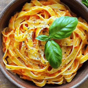 To make this creamy delight, you will need: - 12 ounces pasta (fettuccine or penne) - 2 large red bell peppers - 1 tablespoon olive oil - 3 cloves garlic, minced - 1 cup heavy cream - 1 cup grated Parmesan cheese - Salt and pepper to taste - 1 teaspoon dried Italian herbs (oregano, basil, thyme) - Fresh basil leaves for garnish - You can swap heavy cream with half-and-half for a lighter dish. - Use nutritional yeast instead of Parmesan for a vegan option. - If you don’t have red bell peppers, yellow or orange ones work too. - For a spicy kick, try adding crushed red pepper flakes. - Whole grain pasta can replace regular pasta for a healthier choice. You will need a few simple tools: - A large pot for boiling pasta - A baking sheet for roasting peppers - A blender or food processor to make the sauce - A large skillet for combining everything - A sharp knife and cutting board for prep - Measuring cups and spoons for accuracy Using these ingredients and tools, you can create a vibrant and creamy roasted red pepper pasta that will impress everyone at your table. For the full recipe, check out the detailed steps above! Start by preheating your oven to 450°F (230°C). This high heat helps get the peppers nice and charred. Take two large red bell peppers and cut them in half. Remove the seeds and stems. Lay the peppers cut-side down on a baking sheet. Drizzle them with olive oil. This will make them extra tasty when they roast. While the peppers roast, bring a large pot of salted water to a boil. Add 12 ounces of pasta, fettuccine or penne works great. Cook the pasta according to the package instructions until it’s al dente. This usually takes around 8 to 10 minutes. Once done, drain the pasta but save about 1/2 cup of that pasta water. Set the drained pasta aside for later. After the peppers roast for about 20-25 minutes, they should be soft and slightly charred. Transfer them to a bowl and cover with plastic wrap. Let them steam for 10 minutes. This makes peeling the skin easier. Once cooled, peel off the charred skin. Place the roasted peppers in a blender. Add 3 minced garlic cloves, 1 cup of heavy cream, and 1 teaspoon of dried Italian herbs. Blend until smooth. In a large skillet, pour in the roasted red pepper sauce over medium heat. Gradually stir in 1 cup of grated Parmesan cheese. Cook for about 3-5 minutes until the sauce is warm and the cheese melts. If the sauce gets thick, mix in a bit of the reserved pasta water. Now, add the cooked pasta to your skillet. Toss it gently to coat every piece in that creamy sauce. Taste and add salt and pepper to your liking. For serving, plate the pasta and sprinkle fresh basil leaves and extra Parmesan on top. Enjoy the delightful flavors of this creamy roasted red pepper pasta! You can find the full recipe for more detailed steps and tips. Roasting red peppers is simple and fun. First, preheat your oven to 450°F (230°C). Cut the peppers in half and remove the seeds. Lay them cut-side down on a baking sheet and drizzle with olive oil. Roast the peppers for 20 to 25 minutes. The skins should blister and char. After roasting, cover the peppers in a bowl with plastic wrap. This steaming step makes peeling easy. For a creamy sauce, use heavy cream. Blend the roasted peppers with garlic and cream until smooth. When cooking the sauce, add grated Parmesan cheese slowly. Stir continuously to prevent clumps. If the sauce gets too thick, add some reserved pasta water. This will help you reach the perfect creamy consistency. This pasta dish pairs well with a fresh salad. A simple arugula salad adds a nice crunch. You can also serve it with garlic bread for extra flavor. For a drink, a crisp white wine complements the dish perfectly. Enjoy experimenting with these pairings for your next meal! {{image_4}} Feel free to add proteins to your creamy roasted red pepper pasta. Chicken works great. Simply grill or sauté chicken breast pieces until golden. Then, mix them in with the pasta and sauce. Shrimp is another tasty option. Cook the shrimp in a pan until they turn pink. Toss them in right before serving. For a vegan choice, tofu is perfect. Press and cube firm tofu, then pan-fry it until crispy. Add it to your dish for a protein boost. You can easily make this dish vegan. Start by replacing heavy cream with coconut cream or cashew cream. Both options are rich and creamy. Use nutritional yeast instead of Parmesan cheese for that cheesy flavor. For the pasta, choose a vegan variety made from lentils or chickpeas. These swaps keep the dish delicious while fitting a vegan diet. While fettuccine or penne is classic, try other pasta types. Fusilli or farfalle adds a fun twist. Their shapes hold more sauce, making every bite flavorful. You can even use whole wheat or gluten-free pasta to suit dietary needs. Experiment with shapes and textures to find your favorite combination. For the complete recipe, refer to the Full Recipe section, where you can find all the details needed for this delightful dish! To keep your creamy roasted red pepper pasta fresh, store it in an airtight container. Make sure the pasta has cooled down before sealing it. This helps prevent extra moisture from building up, which can lead to sogginess. Place it in the fridge, where it will stay good for about 3 to 5 days. If you want to keep it longer, freezing is a great option. When you are ready to enjoy your leftovers, reheating properly is key. You can use a microwave or a stovetop for this. If using a microwave, place the pasta in a bowl and cover it loosely with a lid or microwave-safe wrap. Heat it in short bursts, stirring in between until it’s warm. If you prefer the stovetop, add a splash of water or extra cream to a pan. Heat the pasta over low heat, stirring gently until it warms evenly. If you want to freeze your creamy roasted red pepper pasta, portion it into smaller servings. Use freezer-safe containers or bags. Be sure to remove as much air as possible to protect against freezer burn. The pasta can be frozen for up to 3 months. When you’re ready to eat, thaw it overnight in the fridge. Then, reheat using the instructions above. Enjoying this delightful dish later is easy and convenient! Yes, jarred roasted red peppers work well. They save time and add great flavor. Just drain and rinse them before using. This choice makes the dish quicker to prepare, perfect for busy days. However, fresh roasted peppers can add a richer taste. You can use half-and-half or coconut milk for a lighter option. If you want a vegan version, try cashew cream. Blend soaked cashews with water until smooth. This gives you a rich texture without dairy. Add red pepper flakes to the sauce for heat. You can also mix in diced jalapeños or hot sauce. Start with a small amount, then taste as you go. This way, you control the spice level to fit your taste. Absolutely! Fettuccine, penne, or even whole grain pasta work well. Choose the type you like best. Each shape offers a unique texture that can change the dish's feel. Store leftovers in an airtight container in the fridge. They will last for 3 to 4 days. Ensure it's cooled before sealing to avoid moisture build-up. Yes, you can freeze it for up to 3 months. Portion it into single servings for easy meals later. Thaw in the fridge overnight before reheating. Enjoy it with a simple green salad or garlic bread. Both add nice contrast and balance. Pairing with a light white wine can enhance your dining experience. Incorporate fresh herbs like basil or parsley. They brighten the creamy sauce. Adding lemon zest can also give it a nice zing. Yes, kids usually love the creamy texture and sweet flavor of roasted peppers. It's a great way to introduce them to new tastes. Certainly! Spinach, mushrooms, or zucchini can add nutrition and color. Sauté them before mixing with the pasta for a delicious twist. For the Full Recipe, check earlier sections of this article. This blog post covered how to make delicious creamy roasted red pepper pasta. We went through the ingredients, step-by-step cooking, and helpful tips. You also learned about variations, storage, and answers to common questions. Cooking this dish can be fun and easy. With simple changes, you can make it your own. Enjoy experimenting to find your favorite version of creamy roasted red pepper pasta!