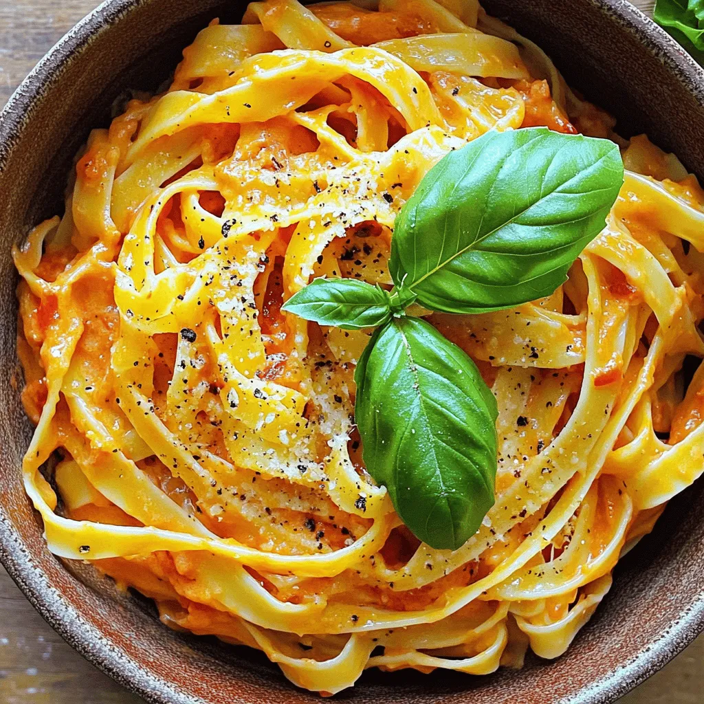 To make this creamy delight, you will need: - 12 ounces pasta (fettuccine or penne) - 2 large red bell peppers - 1 tablespoon olive oil - 3 cloves garlic, minced - 1 cup heavy cream - 1 cup grated Parmesan cheese - Salt and pepper to taste - 1 teaspoon dried Italian herbs (oregano, basil, thyme) - Fresh basil leaves for garnish - You can swap heavy cream with half-and-half for a lighter dish. - Use nutritional yeast instead of Parmesan for a vegan option. - If you don’t have red bell peppers, yellow or orange ones work too. - For a spicy kick, try adding crushed red pepper flakes. - Whole grain pasta can replace regular pasta for a healthier choice. You will need a few simple tools: - A large pot for boiling pasta - A baking sheet for roasting peppers - A blender or food processor to make the sauce - A large skillet for combining everything - A sharp knife and cutting board for prep - Measuring cups and spoons for accuracy Using these ingredients and tools, you can create a vibrant and creamy roasted red pepper pasta that will impress everyone at your table. For the full recipe, check out the detailed steps above! Start by preheating your oven to 450°F (230°C). This high heat helps get the peppers nice and charred. Take two large red bell peppers and cut them in half. Remove the seeds and stems. Lay the peppers cut-side down on a baking sheet. Drizzle them with olive oil. This will make them extra tasty when they roast. While the peppers roast, bring a large pot of salted water to a boil. Add 12 ounces of pasta, fettuccine or penne works great. Cook the pasta according to the package instructions until it’s al dente. This usually takes around 8 to 10 minutes. Once done, drain the pasta but save about 1/2 cup of that pasta water. Set the drained pasta aside for later. After the peppers roast for about 20-25 minutes, they should be soft and slightly charred. Transfer them to a bowl and cover with plastic wrap. Let them steam for 10 minutes. This makes peeling the skin easier. Once cooled, peel off the charred skin. Place the roasted peppers in a blender. Add 3 minced garlic cloves, 1 cup of heavy cream, and 1 teaspoon of dried Italian herbs. Blend until smooth. In a large skillet, pour in the roasted red pepper sauce over medium heat. Gradually stir in 1 cup of grated Parmesan cheese. Cook for about 3-5 minutes until the sauce is warm and the cheese melts. If the sauce gets thick, mix in a bit of the reserved pasta water. Now, add the cooked pasta to your skillet. Toss it gently to coat every piece in that creamy sauce. Taste and add salt and pepper to your liking. For serving, plate the pasta and sprinkle fresh basil leaves and extra Parmesan on top. Enjoy the delightful flavors of this creamy roasted red pepper pasta! You can find the full recipe for more detailed steps and tips. Roasting red peppers is simple and fun. First, preheat your oven to 450°F (230°C). Cut the peppers in half and remove the seeds. Lay them cut-side down on a baking sheet and drizzle with olive oil. Roast the peppers for 20 to 25 minutes. The skins should blister and char. After roasting, cover the peppers in a bowl with plastic wrap. This steaming step makes peeling easy. For a creamy sauce, use heavy cream. Blend the roasted peppers with garlic and cream until smooth. When cooking the sauce, add grated Parmesan cheese slowly. Stir continuously to prevent clumps. If the sauce gets too thick, add some reserved pasta water. This will help you reach the perfect creamy consistency. This pasta dish pairs well with a fresh salad. A simple arugula salad adds a nice crunch. You can also serve it with garlic bread for extra flavor. For a drink, a crisp white wine complements the dish perfectly. Enjoy experimenting with these pairings for your next meal! {{image_4}} Feel free to add proteins to your creamy roasted red pepper pasta. Chicken works great. Simply grill or sauté chicken breast pieces until golden. Then, mix them in with the pasta and sauce. Shrimp is another tasty option. Cook the shrimp in a pan until they turn pink. Toss them in right before serving. For a vegan choice, tofu is perfect. Press and cube firm tofu, then pan-fry it until crispy. Add it to your dish for a protein boost. You can easily make this dish vegan. Start by replacing heavy cream with coconut cream or cashew cream. Both options are rich and creamy. Use nutritional yeast instead of Parmesan cheese for that cheesy flavor. For the pasta, choose a vegan variety made from lentils or chickpeas. These swaps keep the dish delicious while fitting a vegan diet. While fettuccine or penne is classic, try other pasta types. Fusilli or farfalle adds a fun twist. Their shapes hold more sauce, making every bite flavorful. You can even use whole wheat or gluten-free pasta to suit dietary needs. Experiment with shapes and textures to find your favorite combination. For the complete recipe, refer to the Full Recipe section, where you can find all the details needed for this delightful dish! To keep your creamy roasted red pepper pasta fresh, store it in an airtight container. Make sure the pasta has cooled down before sealing it. This helps prevent extra moisture from building up, which can lead to sogginess. Place it in the fridge, where it will stay good for about 3 to 5 days. If you want to keep it longer, freezing is a great option. When you are ready to enjoy your leftovers, reheating properly is key. You can use a microwave or a stovetop for this. If using a microwave, place the pasta in a bowl and cover it loosely with a lid or microwave-safe wrap. Heat it in short bursts, stirring in between until it’s warm. If you prefer the stovetop, add a splash of water or extra cream to a pan. Heat the pasta over low heat, stirring gently until it warms evenly. If you want to freeze your creamy roasted red pepper pasta, portion it into smaller servings. Use freezer-safe containers or bags. Be sure to remove as much air as possible to protect against freezer burn. The pasta can be frozen for up to 3 months. When you’re ready to eat, thaw it overnight in the fridge. Then, reheat using the instructions above. Enjoying this delightful dish later is easy and convenient! Yes, jarred roasted red peppers work well. They save time and add great flavor. Just drain and rinse them before using. This choice makes the dish quicker to prepare, perfect for busy days. However, fresh roasted peppers can add a richer taste. You can use half-and-half or coconut milk for a lighter option. If you want a vegan version, try cashew cream. Blend soaked cashews with water until smooth. This gives you a rich texture without dairy. Add red pepper flakes to the sauce for heat. You can also mix in diced jalapeños or hot sauce. Start with a small amount, then taste as you go. This way, you control the spice level to fit your taste. Absolutely! Fettuccine, penne, or even whole grain pasta work well. Choose the type you like best. Each shape offers a unique texture that can change the dish's feel. Store leftovers in an airtight container in the fridge. They will last for 3 to 4 days. Ensure it's cooled before sealing to avoid moisture build-up. Yes, you can freeze it for up to 3 months. Portion it into single servings for easy meals later. Thaw in the fridge overnight before reheating. Enjoy it with a simple green salad or garlic bread. Both add nice contrast and balance. Pairing with a light white wine can enhance your dining experience. Incorporate fresh herbs like basil or parsley. They brighten the creamy sauce. Adding lemon zest can also give it a nice zing. Yes, kids usually love the creamy texture and sweet flavor of roasted peppers. It's a great way to introduce them to new tastes. Certainly! Spinach, mushrooms, or zucchini can add nutrition and color. Sauté them before mixing with the pasta for a delicious twist. For the Full Recipe, check earlier sections of this article. This blog post covered how to make delicious creamy roasted red pepper pasta. We went through the ingredients, step-by-step cooking, and helpful tips. You also learned about variations, storage, and answers to common questions. Cooking this dish can be fun and easy. With simple changes, you can make it your own. Enjoy experimenting to find your favorite version of creamy roasted red pepper pasta!