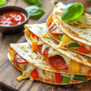 To make delicious Pepperoni Pizza Quesadillas, gather these essential ingredients: - 4 large flour tortillas - 1 cup shredded mozzarella cheese - 1 cup sliced pepperoni - 1/2 cup marinara sauce (for dipping) You can enhance your quesadillas with these optional ingredients: - 1/2 cup sliced bell peppers (choose colorful ones) - 1/4 cup sliced black olives - 1 tablespoon Italian seasoning - Fresh basil leaves (for garnish) You’ll need a few tools to make cooking easy: - Large skillet - Spatula - Sharp knife or pizza cutter - Small bowl for marinara sauce Gathering these ingredients and tools will set you up for a fun cooking session. Enjoy every step of making these tasty quesadillas! Start by heating a large skillet over medium heat. Drizzle a good amount of olive oil in the pan. This oil will make the quesadillas crispy and tasty. Make sure to spread the oil to cover the whole bottom. Lay one tortilla flat in the skillet. This will be the base. Sprinkle half of the shredded mozzarella cheese on top. Then, add half of the pepperoni slices evenly over the cheese. Next, toss in the sliced bell peppers and black olives. These add a nice crunch and flavor. Don’t forget to sprinkle the Italian seasoning over everything. Finally, top it off with another layer of mozzarella cheese, and place another tortilla on top. Cook the quesadilla for about 3 to 4 minutes. Watch for the bottom to turn golden brown. You will also see cheese melting around the edges. Carefully flip the quesadilla using a spatula. Cook for another 3 to 4 minutes on the other side until it is also golden and crispy. Once cooked, remove the quesadilla from the skillet and let it rest for a minute. This helps the cheese set, making it easier to slice. Cut the quesadilla into wedges with a sharp knife or pizza cutter. Serve warm with marinara sauce for dipping. If you like, add fresh basil leaves on top for a pop of color and flavor. To get that perfect cheese melt, use fresh mozzarella. Fresh cheese melts better than pre-shredded cheese. Spread the cheese evenly to the edges of the tortilla. This helps it melt all the way around. Cook your quesadilla on medium heat. This allows the cheese to melt without burning the tortilla. Keep an eye on it; nobody wants burnt quesadillas! Adjusting spice levels is easy. If you like heat, add sliced jalapeños or crushed red pepper. You can also mix spices into the cheese for extra flavor. Try adding garlic powder or onion powder for a kick. For a milder taste, stick with just the mozzarella and pepperoni. Your quesadilla should fit your taste! Timing is key for great quesadillas. Cook each side for about 3-4 minutes. This gives a golden brown finish. If your skillet is too hot, the outside will burn before the cheese melts. Use medium heat for the best results. After cooking, let the quesadilla rest briefly. This helps the cheese set and makes it easier to slice. These tips will help you create tasty Pepperoni Pizza Quesadillas every time. Enjoy the process and make it your own! {{image_4}} You can make a veggie version of pepperoni pizza quesadillas. Replace pepperoni with veggies like mushrooms, spinach, or zucchini. These options ensure you still get a hearty bite. Add more cheese for a creamy texture. Use your favorite marinara sauce for dipping. If you need gluten-free quesadillas, use corn tortillas. They hold up well and still taste great. Ensure your cheese and sauces are also gluten-free. This way, everyone can savor the dish without worry. Get creative with toppings to add fun flavors. Try adding jalapeños for spice or artichokes for a gourmet touch. You can also mix in different cheeses, like cheddar or gouda. These twists allow you to explore new tastes while keeping the classic quesadilla feel. To store leftover quesadillas, let them cool first. Place them in an airtight container. You can use plastic wrap or foil if you do not have a container. Keep them in the fridge for up to three days. This keeps them fresh and tasty for later. For the best texture, reheat quesadillas in a skillet. Use medium heat and add a little olive oil to the pan. This helps to restore the crispiness. Heat each side for about two to three minutes. You can also use an oven set to 350°F (175°C). Just wrap them in foil and heat for about 10 minutes. This method keeps the quesadillas soft inside and crispy outside. If you want to freeze quesadillas, wrap each one tightly in plastic wrap. Then, place them in a freezer bag. Make sure to remove as much air as possible. This helps prevent freezer burn. Quesadillas can last up to three months in the freezer. When you are ready to eat, thaw them in the fridge overnight before reheating. This way, they taste fresh and delicious. Yes, you can use different types of cheese. Cheddar or pepper jack cheese can add a nice twist. Mixing mozzarella with these cheeses gives a great blend of flavors. Just remember, mozzarella melts really well, so keep that in your mix. To freeze quesadillas, first let them cool completely. Then, wrap each quesadilla tightly in plastic wrap. Place them in a freezer-safe bag or container. This keeps them fresh and tasty. When you're ready to eat, just reheat them in a skillet or microwave. To add heat, sprinkle some crushed red pepper flakes or sliced jalapeños inside. You can also use spicy marinara sauce for dipping. If you want even more heat, try using pepper jack cheese. These small changes can make a big difference. To make a Pepperoni Pizza Quesadillas Delight, follow the Full Recipe. Use large flour tortillas as your base. Add mozzarella, pepperoni, bell peppers, and olives for flavor. Don’t forget the Italian seasoning! Cook until crispy and golden. Serve with marinara sauce for dipping. Enjoy this fun and tasty twist on pizza! You now know how to make tasty pepperoni pizza quesadillas. We discussed essential ingredients and cool tips for the best results. You can customize them to fit your taste, whether you want vegetarian or gluten-free options. Plus, the storage and reheating tips help keep leftovers delicious. Enjoy creating these fun meals. Don't forget to experiment with flavors and have fun cooking!