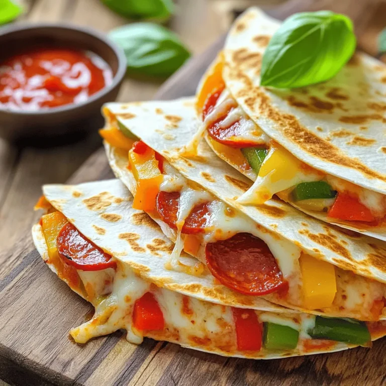 To make delicious Pepperoni Pizza Quesadillas, gather these essential ingredients: - 4 large flour tortillas - 1 cup shredded mozzarella cheese - 1 cup sliced pepperoni - 1/2 cup marinara sauce (for dipping) You can enhance your quesadillas with these optional ingredients: - 1/2 cup sliced bell peppers (choose colorful ones) - 1/4 cup sliced black olives - 1 tablespoon Italian seasoning - Fresh basil leaves (for garnish) You’ll need a few tools to make cooking easy: - Large skillet - Spatula - Sharp knife or pizza cutter - Small bowl for marinara sauce Gathering these ingredients and tools will set you up for a fun cooking session. Enjoy every step of making these tasty quesadillas! Start by heating a large skillet over medium heat. Drizzle a good amount of olive oil in the pan. This oil will make the quesadillas crispy and tasty. Make sure to spread the oil to cover the whole bottom. Lay one tortilla flat in the skillet. This will be the base. Sprinkle half of the shredded mozzarella cheese on top. Then, add half of the pepperoni slices evenly over the cheese. Next, toss in the sliced bell peppers and black olives. These add a nice crunch and flavor. Don’t forget to sprinkle the Italian seasoning over everything. Finally, top it off with another layer of mozzarella cheese, and place another tortilla on top. Cook the quesadilla for about 3 to 4 minutes. Watch for the bottom to turn golden brown. You will also see cheese melting around the edges. Carefully flip the quesadilla using a spatula. Cook for another 3 to 4 minutes on the other side until it is also golden and crispy. Once cooked, remove the quesadilla from the skillet and let it rest for a minute. This helps the cheese set, making it easier to slice. Cut the quesadilla into wedges with a sharp knife or pizza cutter. Serve warm with marinara sauce for dipping. If you like, add fresh basil leaves on top for a pop of color and flavor. To get that perfect cheese melt, use fresh mozzarella. Fresh cheese melts better than pre-shredded cheese. Spread the cheese evenly to the edges of the tortilla. This helps it melt all the way around. Cook your quesadilla on medium heat. This allows the cheese to melt without burning the tortilla. Keep an eye on it; nobody wants burnt quesadillas! Adjusting spice levels is easy. If you like heat, add sliced jalapeños or crushed red pepper. You can also mix spices into the cheese for extra flavor. Try adding garlic powder or onion powder for a kick. For a milder taste, stick with just the mozzarella and pepperoni. Your quesadilla should fit your taste! Timing is key for great quesadillas. Cook each side for about 3-4 minutes. This gives a golden brown finish. If your skillet is too hot, the outside will burn before the cheese melts. Use medium heat for the best results. After cooking, let the quesadilla rest briefly. This helps the cheese set and makes it easier to slice. These tips will help you create tasty Pepperoni Pizza Quesadillas every time. Enjoy the process and make it your own! {{image_4}} You can make a veggie version of pepperoni pizza quesadillas. Replace pepperoni with veggies like mushrooms, spinach, or zucchini. These options ensure you still get a hearty bite. Add more cheese for a creamy texture. Use your favorite marinara sauce for dipping. If you need gluten-free quesadillas, use corn tortillas. They hold up well and still taste great. Ensure your cheese and sauces are also gluten-free. This way, everyone can savor the dish without worry. Get creative with toppings to add fun flavors. Try adding jalapeños for spice or artichokes for a gourmet touch. You can also mix in different cheeses, like cheddar or gouda. These twists allow you to explore new tastes while keeping the classic quesadilla feel. To store leftover quesadillas, let them cool first. Place them in an airtight container. You can use plastic wrap or foil if you do not have a container. Keep them in the fridge for up to three days. This keeps them fresh and tasty for later. For the best texture, reheat quesadillas in a skillet. Use medium heat and add a little olive oil to the pan. This helps to restore the crispiness. Heat each side for about two to three minutes. You can also use an oven set to 350°F (175°C). Just wrap them in foil and heat for about 10 minutes. This method keeps the quesadillas soft inside and crispy outside. If you want to freeze quesadillas, wrap each one tightly in plastic wrap. Then, place them in a freezer bag. Make sure to remove as much air as possible. This helps prevent freezer burn. Quesadillas can last up to three months in the freezer. When you are ready to eat, thaw them in the fridge overnight before reheating. This way, they taste fresh and delicious. Yes, you can use different types of cheese. Cheddar or pepper jack cheese can add a nice twist. Mixing mozzarella with these cheeses gives a great blend of flavors. Just remember, mozzarella melts really well, so keep that in your mix. To freeze quesadillas, first let them cool completely. Then, wrap each quesadilla tightly in plastic wrap. Place them in a freezer-safe bag or container. This keeps them fresh and tasty. When you're ready to eat, just reheat them in a skillet or microwave. To add heat, sprinkle some crushed red pepper flakes or sliced jalapeños inside. You can also use spicy marinara sauce for dipping. If you want even more heat, try using pepper jack cheese. These small changes can make a big difference. To make a Pepperoni Pizza Quesadillas Delight, follow the Full Recipe. Use large flour tortillas as your base. Add mozzarella, pepperoni, bell peppers, and olives for flavor. Don’t forget the Italian seasoning! Cook until crispy and golden. Serve with marinara sauce for dipping. Enjoy this fun and tasty twist on pizza! You now know how to make tasty pepperoni pizza quesadillas. We discussed essential ingredients and cool tips for the best results. You can customize them to fit your taste, whether you want vegetarian or gluten-free options. Plus, the storage and reheating tips help keep leftovers delicious. Enjoy creating these fun meals. Don't forget to experiment with flavors and have fun cooking!