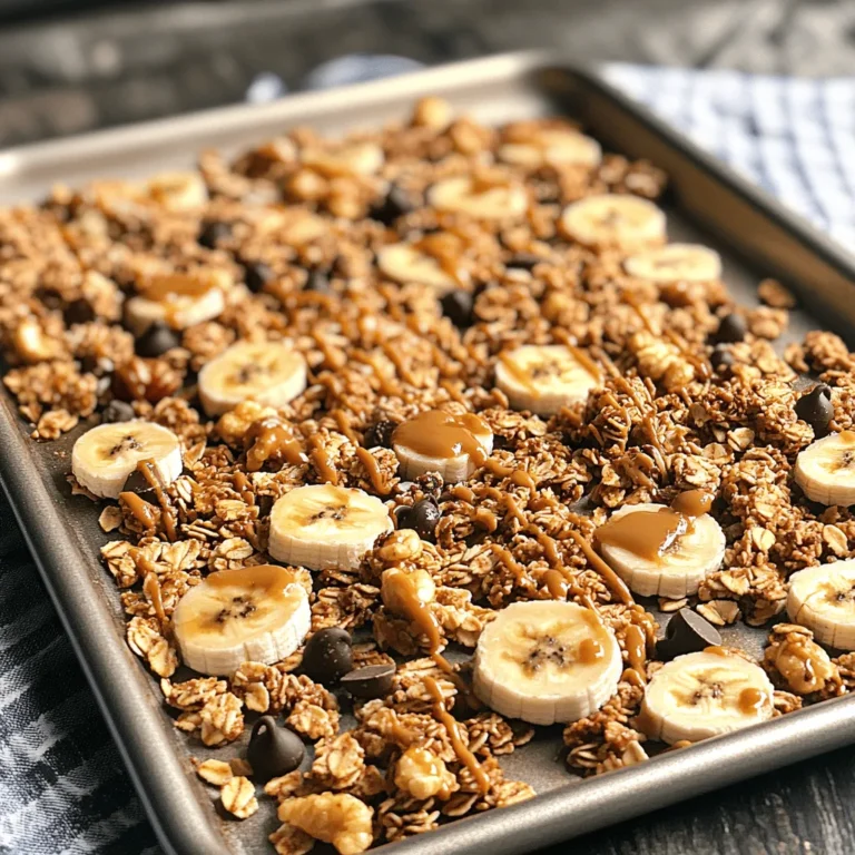 To make delicious Chunky Monkey Granola, you will need the following: - 2 cups rolled oats - 1 cup dehydrated banana slices - 1 cup mixed nuts (walnuts, almonds, and cashews) - ½ cup creamy peanut butter - ¼ cup honey or pure maple syrup - ½ teaspoon pure vanilla extract - ½ teaspoon ground cinnamon - ¼ teaspoon sea salt - ½ cup dark chocolate chips - ¼ cup unsweetened dried coconut flakes You can easily swap some ingredients for fun variations. Try using: - Almond butter instead of peanut butter for a nutty flavor. - Agave nectar in place of honey for a vegan option. - Add dried fruit like cranberries or raisins for extra sweetness. - Use different nuts such as pecans or macadamia nuts for new textures. Mixing it up keeps breakfast exciting! Each ingredient offers unique health benefits. Here are some highlights: - Rolled oats: Great source of fiber, which helps with digestion. - Dehydrated banana slices: Packed with potassium, good for heart health. - Mixed nuts: Full of healthy fats and protein, keeping you full longer. - Peanut butter: Offers protein for energy and healthy fats. - Honey or maple syrup: Natural sweeteners that provide quick energy. - Dark chocolate chips: Loaded with antioxidants, they add a rich flavor. This granola not only tastes great but also fuels your day! To make Chunky Monkey Granola, gather all the ingredients first. This makes the process smooth. You will need rolled oats, dehydrated bananas, mixed nuts, and more. Prepare your oven and baking sheet before you start mixing. This helps save time and keeps things organized. 1. Preheat your oven to 350°F (175°C). This ensures even cooking. 2. Line a baking sheet with parchment paper. It makes cleanup easy. 3. In a large bowl, mix oats, banana slices, mixed nuts, cinnamon, and salt. Stir until well combined. 4. In another bowl, combine peanut butter, honey (or maple syrup), and vanilla extract. Microwave it for 20-30 seconds. This helps it blend better. 5. Pour the warm mixture over the dry ingredients. Mix well using a spatula or spoon. Make sure everything is coated. 6. Spread the mixture on the baking sheet evenly. Press it down firmly to help it clump. 7. Bake for 25-30 minutes. Stir halfway through to bake evenly. Watch closely to avoid burning. 8. When golden brown, take it out and let it cool. Once cool, fold in chocolate chips and coconut flakes gently. - Press the granola mixture down firmly before baking. This encourages clumping. - Bake until it’s a nice golden color. This gives it the right crunch. - Let it cool completely on the baking sheet. This helps it harden and become crunchy. - Store it in an airtight container for freshness. Enjoy your homemade Chunky Monkey Granola! For the full recipe, check the details above. You can make your Chunky Monkey Granola unique. Add your favorite nuts or seeds. Try pumpkin seeds or sunflower seeds for extra crunch. Swap out the banana slices for dried apples or pears. You can even add spices like nutmeg or ginger for a different flavor. If you like it sweeter, add more honey or maple syrup. This is your granola, so make it how you like! Be careful not to overbake your granola. Check it halfway through baking. Stir it gently to help it toast evenly. If you leave it in too long, it may burn. Also, don’t skip the cooling step. Letting it cool helps the granola clump together. If you rush, you’ll get loose granola instead of those tasty clusters. To boost flavor, add a sprinkle of sea salt after baking. This brings out the sweetness. You can also experiment with different types of nut butter. Almond butter or cashew butter can change the taste. For added texture, mix in some puffed rice or quinoa after baking. This creates a fun crunch that makes each bite exciting. For the full recipe, check out the detailed instructions above! {{image_4}} You can easily change up the recipe for Chunky Monkey Granola. Use different nuts like pecans or macadamia nuts. Swap out peanut butter for almond or cashew butter. If you want less sugar, use mashed bananas instead of honey or maple syrup. You can also add seeds like chia or flax for extra crunch and nutrition. If you're feeling adventurous, try adding spices like nutmeg or cardamom for a unique flavor twist. Seasonal fruits can add a fun twist. During fall, add dried apples and a hint of pumpkin spice. In winter, try dried cranberries or pomegranate seeds for a festive touch. For spring and summer, fresh berries like strawberries or blueberries can brighten your granola. These fruits not only taste great but also give your granola vibrant color. Mix and match these ingredients to match your mood or the season! Chunky Monkey Granola is great for more than breakfast. It makes a perfect snack on its own. You can also sprinkle it over yogurt for a creamy treat. Pair it with milk or a smoothie for a quick and healthy bite. Try using it as a topping on baked apples or a fruit salad for added crunch. The possibilities are endless, so get creative and enjoy this delicious granola any way you like! Store your Chunky Monkey Granola in an airtight container. This keeps it fresh and crunchy. You can use glass jars or plastic containers with tight seals. Keeping it away from light and heat helps too. A cool, dry pantry works best. Your granola stays fresh for up to two weeks. After that, it may lose its crunch. If you want to keep it longer, consider freezing it. Granola can last up to three months in the freezer. Just make sure to use a freezer-safe container. If your granola gets stale, don’t worry! You can bring back some crunch. Preheat your oven to 300°F (150°C). Spread the granola on a baking sheet. Bake for about 5 to 10 minutes. Keep an eye on it to avoid burning. Let it cool, and enjoy the renewed crispiness! For the full recipe, check out the Chunky Monkey Granola section above. Chunky Monkey Granola is a tasty mix of oats, nuts, and sweet flavors. It features banana, peanut butter, honey, and dark chocolate. The crunch from the nuts and banana slices makes it unique. You can eat it as a snack, on yogurt, or with milk. Each bite brings a delightful balance of flavors. The sweetness pairs well with the nutty taste. It’s a fun and energizing way to start your day. To make Chunky Monkey Granola gluten-free, use certified gluten-free oats. Many brands offer oats made in dedicated facilities. Check labels to ensure they meet your needs. The other ingredients, like nuts and honey, are naturally gluten-free. This way, you can enjoy a delicious breakfast without worry. Just follow the full recipe, and you will have a tasty treat that fits your diet. Yes, you can substitute peanut butter with sun butter or soy nut butter. These options provide a similar creamy texture. They also add a nutty flavor without using nuts. If you want a different taste, you can use tahini made from sesame seeds. Each choice will change the flavor slightly but will still be delicious. Just keep in mind that the cooking process remains the same. This way, everyone can enjoy Chunky Monkey Granola! You learned how to make Chunky Monkey Granola from scratch. We covered key ingredients and their benefits. I shared step-by-step baking instructions. You now have tips for perfect texture and flavor. We explored fun variations and snack ideas. Finally, I explained the best ways to store your granola. With these insights, you can create a tasty treat that meets your needs. Enjoy making your own Chunky Monkey Granola!