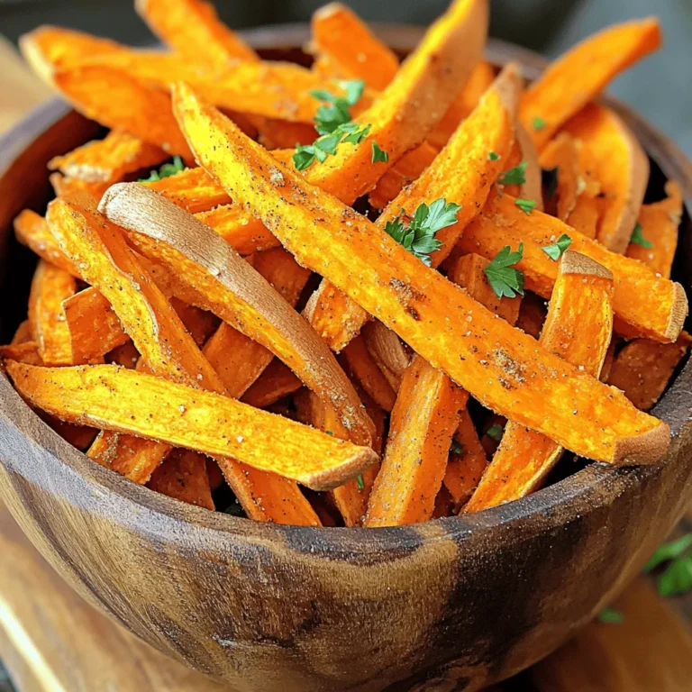 - 2 large sweet potatoes - 2 tablespoons extra virgin olive oil - 1 teaspoon smoked paprika - 1 teaspoon garlic powder - 1/2 teaspoon onion powder - 1/2 teaspoon cayenne pepper - Sea salt, to taste - Fresh parsley for garnish - You can use avocado oil instead of olive oil for a different flavor. - For gluten-free options, all ingredients listed are naturally gluten-free. - Try adding chili powder or Italian herbs for unique tastes. Using fresh and quality ingredients makes a big difference. Sweet potatoes are rich in vitamins and give a sweet flavor. Olive oil adds healthy fats and helps crisp the fries. Smoked paprika gives a nice smoky taste, while garlic powder and onion powder add depth. Cayenne pepper adds a kick, but you can adjust it to your taste. Always season with sea salt as it enhances all the flavors. If you want to change things up, consider using a different oil. Avocado oil is a great choice and provides a mild taste. You can also swap spices to create new flavors. Use your favorite herbs or spices to make these fries your own. For some extra sweetness, a dash of cinnamon can work wonders. For the best results, stick to the required ingredients in the Full Recipe. This keeps the taste balanced and delicious. Experiment with your choices, and enjoy creating your perfect sweet potato fries! Start by peeling the sweet potatoes. Use a sharp peeler to remove all the skin. Next, slice the potatoes into fries. Aim for a thickness of about 1/4 to 1/2 inch. This size helps them cook evenly and become crispy. If they are too thick, they won’t get that perfect crunch you want. Now, let’s season the fries. Place the cut sweet potato fries into a large bowl. Drizzle the olive oil over them. Use your hands or a spatula to toss them well. Make sure all fries are coated in oil. This helps the spices stick. Next, sprinkle on the smoked paprika, garlic powder, onion powder, cayenne pepper, and sea salt. Toss again to mix everything. Balancing spices is key. Too much can overpower the sweet potatoes, while too little leaves them bland. First, preheat your air fryer to 400°F (200°C). Preheating is crucial. It helps achieve that nice, crispy outside. Let it heat for about five minutes. Once it’s ready, place the seasoned fries in the air fryer basket. Make sure they are in a single layer. Avoid overcrowding, as this can lead to uneven cooking. If needed, cook in batches. Cook the fries for about 12 to 15 minutes. Shake the basket halfway through. This step ensures all sides get that golden brown color. After cooking, carefully take them out and let them cool for a moment. Garnish with chopped parsley for a pop of color. You can find the full recipe for these delicious fries in the article above. Enjoy your tasty treat! To get those sweet potato fries nice and crispy, arrange them in a single layer. Crowding the air fryer basket means less air flow. This can lead to soggy fries. If you have a lot of fries, cook them in batches. Adjusting cooking times helps too. For thinner fries, aim for about 12 minutes. For thicker fries, you might need up to 15 minutes. Always check for that golden brown color. Adding dips and sauces makes sweet potato fries even better. I love pairing them with garlic aioli or spicy mayo. These add a creamy and spicy kick. Try new seasonings to mix things up. I recommend smoked paprika for a deep flavor. You can also add cinnamon for sweetness, or chili powder for heat. Experiment with your favorites to find the best taste! {{image_4}} You can change the flavor of your sweet potato fries in fun ways. For a sweet and savory twist, try adding a bit of cinnamon or drizzle on some maple syrup. This mix can give you that cozy, warm taste. Just sprinkle it on after the fries are cooked. If you love spice, increase the cayenne pepper or mix in some chili powder. This will give your fries a nice kick. You can adjust the spice based on how hot you like your food. Mix it in before cooking for the best flavor. These fries fit well into many diets. They are vegan and vegetarian-friendly. You can enjoy them without any animal products. If you want a lower-carb option, try using zucchini or turnips instead. These vegetables can also become delicious "fries" in the air fryer. Just follow the same steps in the recipe, and you’ll have a tasty treat that fits your needs. For the full recipe, check out the guide I provided. There are many ways to make these fries your own! To keep your air fryer sweet potato fries fresh, store them in a sealed container. Use an airtight container to prevent moisture from making them soggy. You can also use a resealable plastic bag. Make sure the fries cool down before sealing. This helps keep them crispy. Use glass or plastic containers with tight-fitting lids. If you prefer bags, choose heavy-duty freezer bags. Remember to remove as much air as possible from the bags. Labeling your containers with the date helps track freshness. To reheat your fries without losing their crunch, the air fryer is your best choice. Preheat it to 375°F (190°C). Place the fries in a single layer and cook them for about 3 to 5 minutes. This method keeps them crisp and tasty. Microwave vs air fryer for reheating While the microwave is quick, it often makes fries soft. The air fryer revives their crunch better. So, for crispy results, always choose the air fryer for reheating your sweet potato fries. To make your fries extra crispy, slice them evenly. Aim for a thickness of 1/4 to 1/2 inch. This size helps them cook well. Toss the fries in olive oil, and ensure they are fully coated. Don’t overcrowd the air fryer basket. Keep them in a single layer for better air flow. Shake the basket halfway through cooking. This step lets all sides crisp up nicely. Yes, you can use frozen sweet potato fries in the air fryer. They are quick and easy. Just place them in the basket. Set the air fryer to 400°F (200°C). Cook for about 15 to 20 minutes. Shake the basket halfway through for even cooking. You can check them for crispness before serving. Sweet potato fries taste amazing with many sauces. Here are some top picks: - Garlic aioli - Spicy mayo - Honey mustard - Chipotle ranch - Ketchup mixed with sriracha Feel free to get creative with your dips! Cooking time varies based on thickness. For fries cut at 1/4 inch, cook for about 12 to 15 minutes. For thicker fries, increase the time to 15 to 18 minutes. Always check for golden brown color and crispiness. Shaking the basket halfway through helps achieve that perfect texture! To make Crispy Air Fryer Sweet Potato Fries , follow these steps: 1. Peel and cut two large sweet potatoes into fries. 2. Toss them with olive oil and spices in a bowl. 3. Preheat your air fryer to 400°F (200°C). 4. Arrange the fries in a single layer in the air fryer basket. 5. Cook for 12 to 15 minutes, shaking halfway through. 6. Garnish with fresh parsley and serve with your favorite sauce. That's the full process to enjoy delicious sweet potato fries! Making crispy air fryer sweet potato fries is simple and fun. You start with sweet potatoes and seasonings, then cook them to perfection. Remember, the key to crispiness is in the prep and cooking method. You can even customize flavors and dips. In the end, these fries are not just tasty but also healthy! So, whether you crave a snack or a side, these fries can satisfy. Give them a try, and enjoy your delicious creation!
