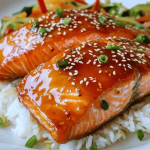 - 4 salmon fillets (6 oz each) - 1/4 cup honey - 2 tablespoons Sriracha sauce - 2 tablespoons low-sodium soy sauce - 1 tablespoon rice vinegar - 2 cloves garlic, minced - 1 teaspoon fresh ginger, grated - Salt and black pepper to taste - 2 tablespoons sesame oil - Sesame seeds and chopped green onions for garnish The main ingredients in this dish give it a sweet and spicy kick. The salmon fillets are the star, providing a rich flavor and healthy protein. The honey adds sweetness, while Sriracha gives it a lively heat. Low-sodium soy sauce brings depth and umami to the glaze. The aromatics and seasonings enhance the dish. Rice vinegar gives a tangy note, while garlic and ginger add warmth. Salt and pepper balance all the flavors. Cooking essentials matter too. Sesame oil lends a nutty aroma and helps to cook the salmon perfectly. Garnishing with sesame seeds and green onions adds a nice crunch and color. If you want to see the full process, follow the full recipe for detailed steps and tips. Enjoy your cooking adventure with this Honey Sriracha Glazed Salmon! First, you need to make the glaze. In a small mixing bowl, combine these ingredients: - 1/4 cup honey - 2 tablespoons Sriracha sauce - 2 tablespoons low-sodium soy sauce - 1 tablespoon rice vinegar - 2 cloves garlic, minced - 1 teaspoon fresh ginger, grated Whisk them together until smooth. This glaze packs a sweet and spicy punch! Next, get your salmon ready. Pat the fillets dry with paper towels. This step helps them get crispy. Now, season both sides with salt and black pepper. Use enough to add flavor but don’t overdo it. Now, let’s cook the salmon! Heat 2 tablespoons of sesame oil in a large non-stick skillet over medium-high heat. You know it’s hot enough when the oil shimmers. Carefully place the salmon fillets in the skillet, skin-side down. Let them cook for about 4-5 minutes. This will crisp up the skin and cook the salmon halfway. After that, gently flip each fillet using a spatula. Brush a generous amount of your honey Sriracha glaze over the top of each fillet. Cook for another 3-4 minutes. Make sure to baste the salmon with the glaze as it thickens. To check for doneness, the salmon should look opaque and flake easily with a fork. It should reach an internal temperature of 145°F. This step ensures your meal is safe and tasty. Once cooked, carefully transfer the salmon to a serving platter. Drizzle any leftover glaze from the skillet over the salmon for added flavor. Now, you’re ready to dig into your Honey Sriracha glazed salmon! For the full recipe, refer to the earlier section. To cook salmon perfectly, aim for an internal temperature of 145°F. Use a food thermometer to check the center of the thickest part of the fillet. If you don't have one, look for the flesh to turn opaque and flaky. This means it is done. Salmon cooks quickly, so keep an eye on it to avoid overcooking. Basting is key to getting rich flavor and a shiny finish. After flipping the salmon, use a brush to apply the honey Sriracha glaze generously. As the salmon cooks, use a spoon to pour some glaze over the top. This helps the flavors soak in and caramelize, giving you a tasty crust. For a great meal, serve the glazed salmon on a bed of fluffy jasmine rice or nutty quinoa. Add vibrant sautéed vegetables like bell peppers or broccoli for color and nutrition. For a fun touch, garnish with sesame seeds and chopped green onions. Squeeze fresh lime over the top for an extra zing. This brightens the dish and enhances the flavors. For the full recipe, check the section above. {{image_4}} You can change the taste of your honey Sriracha glazed salmon. Try using different sauces. For a sweet twist, use maple syrup instead of honey. If you want less spice, swap Sriracha for sweet chili sauce. You can also use teriyaki sauce for a more Asian flavor. Each swap brings a new vibe to the dish. You can cook this salmon in different ways. The stovetop method gives a nice crisp skin. Just follow the steps in the full recipe. If you prefer, you can bake the salmon. Set your oven to 400°F and bake the fillets for about 12-15 minutes. This method keeps the salmon moist and flakey. If you want a different fish, try trout or cod. Both work well with the same glaze. You can also make this dish veggie-friendly. Use firm tofu or eggplant as a base. Just cut them into pieces and follow the same cooking method. These options give you more ways to enjoy this tasty glaze. After enjoying your honey Sriracha glazed salmon, store any leftovers in the fridge. Place the salmon in an airtight container. This keeps it fresh for up to three days. Avoid leaving it out at room temperature. Bacteria can grow quickly on cooked fish. To reheat the salmon, use a skillet or oven. Heat the skillet over low heat. Place the salmon in the skillet and cover it. This method helps maintain the salmon's texture and flavor. If using an oven, preheat to 350°F. Wrap the salmon in foil to keep it moist while it warms up. You can freeze honey Sriracha glazed salmon for longer storage. Wrap the salmon tightly in plastic wrap, then place it in a freezer bag. Make sure to squeeze out as much air as possible. This will prevent freezer burn. When ready to eat, thaw the salmon in the fridge overnight. Cook it right after thawing for the best taste. You can try many tasty sides with Honey Sriracha Glazed Salmon. Here are some popular choices: - Steamed jasmine rice - Quinoa or brown rice - Roasted or sautéed vegetables, like broccoli or bell peppers - A simple green salad with a light dressing - Mashed sweet potatoes for a sweet contrast These sides add color and balance to your meal. They also soak up the sweet and spicy glaze well. Yes, you can use other fish. Some good substitutes are: - Trout - Mahi-mahi - Cod - Tilapia These fish have a mild flavor and cook well with the glaze. Adjust cooking times based on the thickness of the fillets. To tone down the heat, you can try these tips: - Use less Sriracha sauce. Start with one tablespoon. - Add more honey to balance the heat. - Mix in a splash of orange juice for sweetness. These changes help create a milder glaze that everyone can enjoy. Yes, this recipe is great for meal prep! Here’s how: - Cook the salmon and glaze ahead of time. - Store the cooked salmon in an airtight container. - Reheat gently in the microwave or oven. You can also prepare the glaze in advance. Just keep it in the fridge until you need it. This makes for quick meals during the week. Check the full recipe for more details. This blog post covered a simple and tasty recipe for Honey Sriracha Glazed Salmon. You learned about the main ingredients, how to prepare the glaze, and the best cooking methods. I shared tips on making the meal even better and offered ideas for variations and storage. This recipe is fun and easy to try, whether it's for a special dinner or meal prep. Enjoy making this dish and explore the flavors it brings to your table!