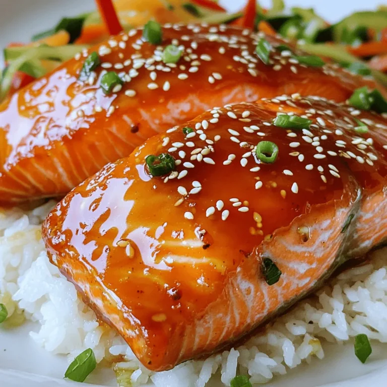 - 4 salmon fillets (6 oz each) - 1/4 cup honey - 2 tablespoons Sriracha sauce - 2 tablespoons low-sodium soy sauce - 1 tablespoon rice vinegar - 2 cloves garlic, minced - 1 teaspoon fresh ginger, grated - Salt and black pepper to taste - 2 tablespoons sesame oil - Sesame seeds and chopped green onions for garnish The main ingredients in this dish give it a sweet and spicy kick. The salmon fillets are the star, providing a rich flavor and healthy protein. The honey adds sweetness, while Sriracha gives it a lively heat. Low-sodium soy sauce brings depth and umami to the glaze. The aromatics and seasonings enhance the dish. Rice vinegar gives a tangy note, while garlic and ginger add warmth. Salt and pepper balance all the flavors. Cooking essentials matter too. Sesame oil lends a nutty aroma and helps to cook the salmon perfectly. Garnishing with sesame seeds and green onions adds a nice crunch and color. If you want to see the full process, follow the full recipe for detailed steps and tips. Enjoy your cooking adventure with this Honey Sriracha Glazed Salmon! First, you need to make the glaze. In a small mixing bowl, combine these ingredients: - 1/4 cup honey - 2 tablespoons Sriracha sauce - 2 tablespoons low-sodium soy sauce - 1 tablespoon rice vinegar - 2 cloves garlic, minced - 1 teaspoon fresh ginger, grated Whisk them together until smooth. This glaze packs a sweet and spicy punch! Next, get your salmon ready. Pat the fillets dry with paper towels. This step helps them get crispy. Now, season both sides with salt and black pepper. Use enough to add flavor but don’t overdo it. Now, let’s cook the salmon! Heat 2 tablespoons of sesame oil in a large non-stick skillet over medium-high heat. You know it’s hot enough when the oil shimmers. Carefully place the salmon fillets in the skillet, skin-side down. Let them cook for about 4-5 minutes. This will crisp up the skin and cook the salmon halfway. After that, gently flip each fillet using a spatula. Brush a generous amount of your honey Sriracha glaze over the top of each fillet. Cook for another 3-4 minutes. Make sure to baste the salmon with the glaze as it thickens. To check for doneness, the salmon should look opaque and flake easily with a fork. It should reach an internal temperature of 145°F. This step ensures your meal is safe and tasty. Once cooked, carefully transfer the salmon to a serving platter. Drizzle any leftover glaze from the skillet over the salmon for added flavor. Now, you’re ready to dig into your Honey Sriracha glazed salmon! For the full recipe, refer to the earlier section. To cook salmon perfectly, aim for an internal temperature of 145°F. Use a food thermometer to check the center of the thickest part of the fillet. If you don't have one, look for the flesh to turn opaque and flaky. This means it is done. Salmon cooks quickly, so keep an eye on it to avoid overcooking. Basting is key to getting rich flavor and a shiny finish. After flipping the salmon, use a brush to apply the honey Sriracha glaze generously. As the salmon cooks, use a spoon to pour some glaze over the top. This helps the flavors soak in and caramelize, giving you a tasty crust. For a great meal, serve the glazed salmon on a bed of fluffy jasmine rice or nutty quinoa. Add vibrant sautéed vegetables like bell peppers or broccoli for color and nutrition. For a fun touch, garnish with sesame seeds and chopped green onions. Squeeze fresh lime over the top for an extra zing. This brightens the dish and enhances the flavors. For the full recipe, check the section above. {{image_4}} You can change the taste of your honey Sriracha glazed salmon. Try using different sauces. For a sweet twist, use maple syrup instead of honey. If you want less spice, swap Sriracha for sweet chili sauce. You can also use teriyaki sauce for a more Asian flavor. Each swap brings a new vibe to the dish. You can cook this salmon in different ways. The stovetop method gives a nice crisp skin. Just follow the steps in the full recipe. If you prefer, you can bake the salmon. Set your oven to 400°F and bake the fillets for about 12-15 minutes. This method keeps the salmon moist and flakey. If you want a different fish, try trout or cod. Both work well with the same glaze. You can also make this dish veggie-friendly. Use firm tofu or eggplant as a base. Just cut them into pieces and follow the same cooking method. These options give you more ways to enjoy this tasty glaze. After enjoying your honey Sriracha glazed salmon, store any leftovers in the fridge. Place the salmon in an airtight container. This keeps it fresh for up to three days. Avoid leaving it out at room temperature. Bacteria can grow quickly on cooked fish. To reheat the salmon, use a skillet or oven. Heat the skillet over low heat. Place the salmon in the skillet and cover it. This method helps maintain the salmon's texture and flavor. If using an oven, preheat to 350°F. Wrap the salmon in foil to keep it moist while it warms up. You can freeze honey Sriracha glazed salmon for longer storage. Wrap the salmon tightly in plastic wrap, then place it in a freezer bag. Make sure to squeeze out as much air as possible. This will prevent freezer burn. When ready to eat, thaw the salmon in the fridge overnight. Cook it right after thawing for the best taste. You can try many tasty sides with Honey Sriracha Glazed Salmon. Here are some popular choices: - Steamed jasmine rice - Quinoa or brown rice - Roasted or sautéed vegetables, like broccoli or bell peppers - A simple green salad with a light dressing - Mashed sweet potatoes for a sweet contrast These sides add color and balance to your meal. They also soak up the sweet and spicy glaze well. Yes, you can use other fish. Some good substitutes are: - Trout - Mahi-mahi - Cod - Tilapia These fish have a mild flavor and cook well with the glaze. Adjust cooking times based on the thickness of the fillets. To tone down the heat, you can try these tips: - Use less Sriracha sauce. Start with one tablespoon. - Add more honey to balance the heat. - Mix in a splash of orange juice for sweetness. These changes help create a milder glaze that everyone can enjoy. Yes, this recipe is great for meal prep! Here’s how: - Cook the salmon and glaze ahead of time. - Store the cooked salmon in an airtight container. - Reheat gently in the microwave or oven. You can also prepare the glaze in advance. Just keep it in the fridge until you need it. This makes for quick meals during the week. Check the full recipe for more details. This blog post covered a simple and tasty recipe for Honey Sriracha Glazed Salmon. You learned about the main ingredients, how to prepare the glaze, and the best cooking methods. I shared tips on making the meal even better and offered ideas for variations and storage. This recipe is fun and easy to try, whether it's for a special dinner or meal prep. Enjoy making this dish and explore the flavors it brings to your table!