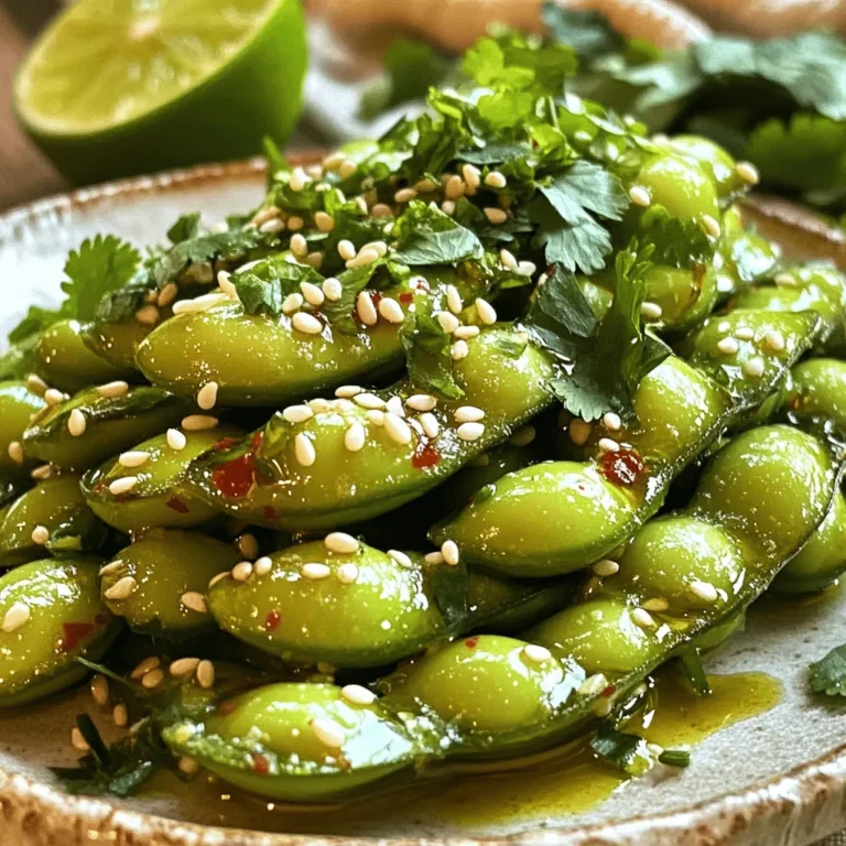 - 2 cups edamame in pods (fresh or frozen) - 3 tablespoons olive oil - 4 cloves garlic, finely minced - 1 teaspoon red chili flakes - 1 tablespoon soy sauce - 1 tablespoon sesame oil - 1 teaspoon freshly squeezed lime juice - Sea salt, to taste - Sesame seeds and fresh cilantro for garnish In this recipe, we start with the main ingredients. The edamame pods are packed with protein and fiber. You can use fresh or frozen edamame. Fresh edamame offers great flavor, while frozen is quick and easy. Next, don't skimp on the olive oil. It gives a rich flavor to the dish. The garlic adds depth and a lovely aroma. For flavor enhancers, red chili flakes bring the heat. Adjust the amount based on your spice level. Soy sauce adds umami and saltiness. Sesame oil gives a nutty taste that rounds out the dish perfectly. Lastly, finishing touches include lime juice, which adds a bright zing. Sea salt enhances all the flavors. I love to garnish with sesame seeds and fresh cilantro. They add color and freshness to the dish. For the full recipe, check out the steps in the next section! To start, you need to choose between fresh or frozen edamame. Fresh edamame has a bright green color and a tender bite. Frozen edamame is quick and easy. If you pick frozen, follow the package instructions. They usually take about 5 minutes in boiling water. For fresh edamame, fill a pot with water. Add a pinch of salt and bring it to a boil. Carefully add the edamame pods to the pot. Cook them for 3-5 minutes until they are bright green and tender. Drain them well and set them aside. To check for doneness, look for vibrant color. The pods should feel soft when squeezed slightly. If they are still hard, give them a little more time in the water. Next, heat the olive oil in a large skillet over medium heat. Make sure the oil is hot, but not smoking. This step is crucial for great flavor. Add the minced garlic to the skillet. Sauté it for 1-2 minutes, stirring often. The garlic should turn fragrant and light golden. Keep a close eye on it. Burnt garlic can ruin your dish and make it bitter. After the garlic is ready, stir in the red chili flakes. This step releases their spicy aroma. Let them cook for about 30 seconds. Now it's time to combine everything. Carefully add the cooked edamame to the skillet. Toss them gently in the garlic and chili oil. Make sure each pod is well-coated. Add the soy sauce and sesame oil. Toss the edamame for another 2-3 minutes. This helps all the flavors blend nicely. Finish by squeezing fresh lime juice over the mixture. Season with sea salt to taste. Give everything one last mix to ensure all the flavors are combined. To serve, transfer the spicy edamame to a bowl. Top with sesame seeds and chopped cilantro for a pop of color. Serve warm for the best taste. You can even place the bowl on a colorful plate to make it look more inviting. For fun, add toothpicks for easy eating and some lime wedges on the side for extra zest. Enjoy your snack! For the full recipe, check out the detailed instructions above. To make the best spicy garlic edamame, adjust the spice levels with chili flakes. Start with one teaspoon. Taste, then add more if you want it hotter. Remember, you can always add more, but you can't take it out! For fresh garlic, use whole cloves. Mince them finely to release their flavor. This step is key. Sauté the garlic until it turns golden, but don’t let it burn. Burnt garlic tastes bitter and ruins your dish. You can cook edamame in several ways. Steaming is a great option that keeps them tender. Just put them in a steamer basket over boiling water for five minutes. If you're short on time, microwaving works too. Place them in a bowl with a splash of water and cover. Cook for three to four minutes. To achieve the best texture, make sure you don’t overcook them. Edamame should be bright green and firm. If they are mushy, they lose their crunch. That crunch is part of the fun! For parties, serve the spicy garlic edamame in a colorful bowl. A vibrant plate catches the eye. You can even use a wooden board for a rustic touch. Garnish with sesame seeds and fresh cilantro. This not only adds flavor but also makes your dish look pretty. A few lime wedges on the side add a pop of color and a zesty kick. Your guests will love it! {{image_4}} You can change the flavor of Spicy Garlic Edamame easily. Try different oils like avocado or peanut oil. Each oil brings a unique taste. You can also mix in sauces. For instance, try adding chili oil for more heat or teriyaki sauce for sweetness. Experiment with herbs too. Fresh basil or cilantro can brighten the dish. Spicy Garlic Edamame is versatile. You can use it as a salad topping. Simply chop up some greens and add the edamame on top. It adds a nice crunch and flavor. You can also use it as a filling for wraps or rice bowls. Just place edamame inside your wrap with veggies and protein. It adds a tasty twist to your meal. If you need a gluten-free option, use tamari in place of soy sauce. It tastes great and fits your needs. For vegan-friendly substitutions, make sure all sauces are plant-based. You can also switch out the sesame oil for any other oil you prefer. This way, you can enjoy this snack no matter your dietary needs. For the full recipe, check out the cooking details provided earlier. Happy snacking! To keep your Spicy Garlic Edamame fresh, store it in an airtight container. Place it in the fridge within two hours of cooking. This helps prevent any bacteria growth. Leftovers can stay good for up to three days. When you are ready to eat them, just reheat in a skillet. Heat on medium for about three to five minutes. This way, you keep the flavors intact. If you want to freeze your edamame, first let it cool completely. Then, place it in a freezer-safe bag. Remove as much air as possible to avoid freezer burn. Cooked edamame can last for up to three months in the freezer. When you want to use it, take it out and thaw in the fridge overnight. For quick thawing, you can run warm water over the bag. This keeps the flavor and texture fresh for your next snack time! You can cook edamame in three main ways: boiling, steaming, or microwaving. - Boiling: Fill a pot with water and add salt. Bring it to a boil. Add edamame pods and cook for 3-5 minutes. They should turn bright green and feel tender. - Steaming: Place edamame in a steamer basket over boiling water. Cover and steam for about 5-7 minutes. This method keeps them vibrant and firm. - Microwaving: Place edamame in a microwave-safe bowl. Add a splash of water and cover. Microwave on high for about 4-5 minutes. Check for doneness and add more time if needed. Each method works well, but boiling often gives the edamame a softer texture. Yes, you can use frozen edamame without thawing. Just cook them according to the package instructions. Usually, they need about 4-6 minutes in boiling water. Drain them after cooking, and they are ready for your recipe. This makes it quick and easy to enjoy your Spicy Garlic Edamame. To reduce the spice in Spicy Garlic Edamame, you have a few options. - Reduce chili flakes: Use less than the recipe calls for, starting with half a teaspoon. - Add sugar: A pinch of sugar can help balance the heat. - Incorporate more oil: Adding extra olive oil helps dilute the spice. - Serve with yogurt: Offering a side of plain yogurt can cool down the heat. These tips let you enjoy the dish without overwhelming your taste buds. Yes, Spicy Garlic Edamame is a healthy snack option! Edamame is rich in protein, fiber, and vitamins. Here are some benefits: - Protein source: Edamame is a complete protein, containing all essential amino acids. - High in fiber: This helps with digestion and keeps you full longer. - Low in calories: A serving has fewer calories than many other snacks. - Rich in antioxidants: These help fight free radicals in your body. Enjoying this dish gives you a tasty treat that supports a healthy lifestyle. Spicy Garlic Edamame combines simple ingredients for bold flavors. We covered the main ingredients, from edamame to spices. You learned how to prepare, sauté, and serve this tasty dish. Plus, tips for flavor and presentation will elevate your cooking game. Incorporate variations for unique flavors, and store leftovers properly. Whether you enjoy it as a snack or a meal, this recipe is fun and flexible. Dive into this delight, and impress your friends! Your cooking will shine.
