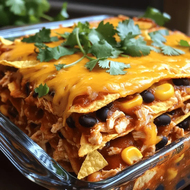 - 2 cups shredded cooked chicken - 1 can (15 oz) black beans, drained and rinsed - 1 can (10 oz) enchilada sauce (red or green) - 1 cup corn (frozen or canned) - 2 cups shredded cheddar cheese - 1 teaspoon ground cumin - 1 teaspoon chili powder - 1/2 teaspoon garlic powder - Salt and freshly ground black pepper - 8 corn tortillas, cut into strips - Fresh cilantro, chopped (for garnish, optional) Gather all these ingredients before you start cooking. Using shredded cooked chicken makes it quick and easy. Canned black beans and corn save you time too. The enchilada sauce adds a rich flavor, while cheese gives it that melty goodness we all love. The seasonings are simple but pack a punch. Ground cumin and chili powder will enhance the taste. Don't forget to add salt and pepper to your liking. With fresh cilantro, you get a nice touch of color and flavor. If you want to try different ingredients, feel free! You can use rotisserie chicken or swap in other beans. This recipe is flexible and fun, so go ahead and make it your own. For the full recipe, check out the details above. - Preheat your oven to 350°F (175°C). - Grease a 9x13 inch baking dish with cooking spray. - In a big bowl, mix shredded chicken, black beans, corn, and enchilada sauce. - Add seasonings like cumin, chili powder, garlic powder, salt, and pepper. Stir well. - Start layering by spreading tortilla strips across the bottom. - Add half of the chicken mixture, then sprinkle 1 cup of cheese over it. - Layer more tortilla strips and the rest of the chicken mixture. - Finish with the last cup of cheese on top for a gooey finish. - Cover the dish with foil and bake for 25 minutes. - Remove the foil and bake uncovered for another 10-15 minutes. Enjoy making this Easy Chicken Enchilada Casserole! For a complete guide, check the Full Recipe. - Ensure even layering for optimal flavor distribution. This makes each bite taste amazing. - Let the casserole sit for 5-10 minutes after baking. This helps it set up nicely. - Serve with sour cream and fresh salad on the side. This adds color and flavor. - Add sliced jalapeños for an extra kick. They make the dish pop with heat. - Substitute with low-fat cheese for a lighter version. This cuts calories without losing taste. - Use whole wheat tortillas for a healthier alternative. They add fiber and nutrients. By following these tips, your Easy Chicken Enchilada Casserole will shine at the dinner table. For the complete recipe, check out the Full Recipe section. {{image_4}} You can easily change up the main ingredients in your chicken enchilada casserole. If you want a different protein, try shredding beef or turkey instead of chicken. Both options add unique flavors. You can also switch the beans. Use pinto or kidney beans for a new taste. This lets you customize your dish based on what you have at home. Want to make your casserole a bit spicier? Add diced green chilies to the mix. They bring a nice heat and flavor. If you prefer less spice, cut back on the chili powder. This will give you a milder dish without losing taste. Adjust these spices to match your family’s preferences. You can make this casserole vegetarian, too. Swap out the chicken for extra vegetables. Bell peppers and zucchini work well and add color. If you want a dairy-free version, look for vegan cheese alternatives. This way, you can enjoy a tasty meal without meat or dairy. For more details on making this dish, check the Full Recipe. Store leftovers in an airtight container for up to 3-4 days. This keeps the flavors fresh. I recommend letting the casserole cool before sealing it. This step helps prevent moisture from building up inside. You can freeze the casserole before baking for up to 3 months. This is great for meal prep! To bake from frozen, just thaw it in the fridge overnight. This way, it cooks evenly when you bake it. Reheat in the oven at 350°F until heated through. This method gives the best results. If you're short on time, microwaving is also an option for quicker serving. Just cover the casserole to keep it moist. For the best taste, I suggest reheating in the oven whenever possible. For the full recipe, check out the complete guide above. - Follow the step-by-step instructions provided in the recipe. Start by preheating your oven to 350°F. Mix your chicken, beans, corn, and sauce in a bowl. Add spices and stir well. Layer the tortilla strips, chicken mixture, and cheese in a baking dish. Bake for 25 minutes covered, then 10-15 minutes uncovered for a bubbly finish. - Yes, you can assemble it and refrigerate or freeze it before baking. This makes it easy for busy days. Just remember to bake it when you're ready. If frozen, let it thaw in the fridge overnight to make baking easier. - Absolutely! You can adjust ingredients, levels of spiciness, and explore various additions as detailed above. Want it spicier? Add diced green chilies. Prefer beans? You can switch them out for your favorites. The choice is yours! - This casserole serves approximately 6 people. It’s a great dish for families or gatherings. You can easily double the recipe if you have more mouths to feed. - Consider serving with a fresh vegetable salad or chips and salsa. A side of sour cream also adds a nice touch. You can even include some sliced jalapeños for those who like it spicy. Enjoy your delicious meal! This blog post shows how to make a tasty Chicken Enchilada Casserole. You learned about the main ingredients, seasonings, and step-by-step instructions. I shared tips and variations to make the dish your own. Plus, I explained how to store and reheat leftovers. In my view, this casserole is simple, customizable, and perfect for any meal. It’s packed with flavor and easy to prepare. I hope you enjoy making it as much as I do. Dive in and share with friends and family!