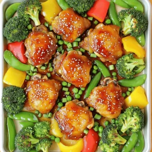 - 4 boneless, skinless chicken thighs - 1 cup sweet chili sauce - 2 tablespoons low-sodium soy sauce - 1 tablespoon minced garlic - 1 tablespoon freshly grated ginger The chicken thighs are the star of this dish. They stay juicy and tender during cooking. Sweet chili sauce adds a lovely sweetness and a hint of spice. The soy sauce brings out the chicken's natural flavor. Garlic and ginger give this dish a fresh and zesty punch. - 1 medium bell pepper (either red or yellow), sliced into strips - 1 cup fresh broccoli florets - 1 cup sugar snap peas, trimmed Adding vegetables makes this meal colorful and healthy. Bell peppers add a nice crunch and sweetness. Broccoli florets are rich in nutrients and hold up well while baking. Sugar snap peas are crisp and add a fun texture. Together, they balance the flavors of the chicken. - 2 tablespoons extra virgin olive oil - Salt and freshly ground black pepper, to taste - Sesame seeds, for garnish - Chopped green onions, for garnish Olive oil helps brown the chicken and veggies. Salt and pepper enhance all the flavors in the dish. Sesame seeds and green onions are perfect for garnishing. They add a pop of color and extra flavor when serving. For the full recipe, check out the complete instructions on making this delightful dish. 1. Preheating the oven: First, set your oven to 400°F (200°C). This helps cook the chicken and veggies just right. 2. Making the marinade: In a bowl, mix sweet chili sauce, soy sauce, minced garlic, and grated ginger. Whisk them well. Save about 2 tablespoons of this mix for later. 3. Marinating the chicken: Put chicken thighs in a zip-top bag or bowl. Pour the marinade over them. Make sure they are all coated. Seal the bag or cover the bowl. Let it rest in the fridge for at least 30 minutes. If time allows, marinate for up to 2 hours for better flavor. 1. Preparing the vegetables: While the chicken marinates, slice the bell pepper into strips. Rinse the broccoli florets with cold water. Trim the ends of the snap peas. 2. Assembling on the sheet pan: Line a large sheet pan with parchment paper or foil for easy cleanup. Place the marinated chicken in the middle. Arrange the sliced bell pepper, broccoli, and snap peas around the chicken. Drizzle olive oil over the veggies and sprinkle with salt and pepper. 3. Baking and glazing: Bake everything in the oven for 25-30 minutes. The chicken should reach an internal temperature of 165°F (74°C). In the last 5 minutes, brush the reserved marinade over the chicken for extra flavor. 1. Serving suggestions: Once done, take the sheet pan out of the oven. Let it rest for a few minutes. Before serving, sprinkle sesame seeds and chopped green onions on top for a fresh look. 2. Resting the dish: Allowing the dish to rest helps the flavors settle. This step ensures you enjoy every bite of your sheet pan sweet chili chicken delight! For the complete recipe with ingredient details, check the Full Recipe. Marinating is key for flavor. It lets the chicken soak up all those tasty juices. I recommend marinating for at least 30 minutes. But if you can, let it sit for 2 hours. This time lets the flavors deepen. For a perfect bake, keep an eye on the time. Bake for 25 to 30 minutes at 400°F (200°C). Use a meat thermometer to check the chicken. It should reach 165°F (74°C) inside. This ensures it is safe to eat and tender. Want more flavor? Add spices like black pepper or cayenne. You can also adjust the sweetness. If you like it sweeter, add a bit more sweet chili sauce. If you prefer it less sweet, use less sauce. These small changes can make a big difference in taste. {{image_4}} You can easily switch the chicken thighs for chicken breasts. Chicken breasts are leaner, but they still taste great. Just remember to adjust the cooking time. Thinner pieces cook faster, so check for doneness sooner. If you want a plant-based option, try using tofu. Firm tofu works best. Press it to remove excess moisture. Then, cut it into cubes and marinate the same way as the chicken. This gives tofu a burst of flavor. Feel free to mix in other vegetables. Carrots, zucchini, or snap peas add great colors and taste. You can use whatever you have on hand. Consider seasonal vegetables, too. In summer, use fresh corn and cherry tomatoes. In fall, try sweet potatoes or Brussels sprouts. They all work well with the sweet chili sauce. You can make your own sweet chili sauce. Combine sugar, vinegar, garlic, and chili paste. This gives you control over the flavor. Adjust the sweetness to your liking. If you want different flavors, try other sauces. Teriyaki sauce or hoisin sauce can work well. Each option adds a unique twist to the dish. To keep your Sheet Pan Sweet Chili Chicken fresh, use an airtight container. This helps prevent any odors from mixing in your fridge. Proper storage ensures your meal stays tasty. You can store it for up to three days. You can freeze this dish if you want to save some for later. Let it cool down first. Then, put it in a freezer-safe bag or container. It will stay good for about three months. To enjoy it again, thaw it overnight in the fridge. Reheat it in the oven at 350°F (175°C) until warm. For meal prep, serve the chicken with rice or quinoa. These grains absorb the sweet chili sauce well. You can also add the veggies to your meal prep containers. For sides, try serving it with a fresh salad or steamed rice. These pair nicely with the sweet and spicy flavors of the chicken. Yes, you can use frozen chicken thighs. Just remember a few key points: - Thawing: Thaw the chicken in the fridge overnight. This keeps it safe. - Cooking Time: Add extra time when baking. Frozen chicken needs more heat to cook fully. - Marination: If you marinate frozen chicken, do so after thawing. This helps the flavors stick. Using frozen chicken is a great way to save time and reduce waste. You have many options to serve alongside this dish. Here are some tasty ideas: - Rice: Steamed jasmine or brown rice pairs well. It absorbs the sauce nicely. - Noodles: Try lo mein or soba noodles for a different twist. - Salad: A fresh green salad balances the meal. Use a light vinaigrette. - Roasted Potatoes: Crispy potatoes add a hearty touch. Each option brings out the sweet chili flavor, making your meal even better. You can easily modify the spice level to suit your taste. Here are some tips: - Sweet Chili Sauce: Choose a mild sauce for less heat. Some brands offer mild options. - Additions: Mix in some crushed red pepper for more spice. Start with a little, then taste. - Serving: Serve with sliced jalapeños on the side. This lets everyone adjust their heat. Adjusting spice ensures everyone enjoys their meal. Yes, you can use other methods if you lack a sheet pan. Here are some alternatives: - Skillet: Cook the chicken and veggies in a large skillet. This allows for easy stirring. - Roasting Pan: Use a roasting pan if you have one. The cooking time may be similar. - Grill: Grill the marinated chicken and veggies. This adds a smoky flavor. Each method can deliver a delicious dinner without a sheet pan. This blog post explored a delicious sheet pan sweet chili chicken recipe. We covered key ingredients, preparation steps, and cooking tips. You learned about marinating chicken, using fresh veggies, and creative sauce options. Each tip helps boost flavor and improve your cooking skills. Remember, you can customize the dish with different proteins or veggies. Make it your own! Enjoy the process and savor the tasty results. Your next meal can be both easy and delightful with these tips.