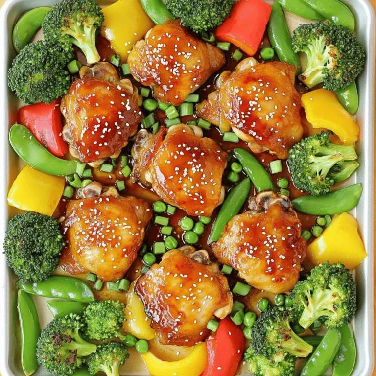 - 4 boneless, skinless chicken thighs - 1 cup sweet chili sauce - 2 tablespoons low-sodium soy sauce - 1 tablespoon minced garlic - 1 tablespoon freshly grated ginger The chicken thighs are the star of this dish. They stay juicy and tender during cooking. Sweet chili sauce adds a lovely sweetness and a hint of spice. The soy sauce brings out the chicken's natural flavor. Garlic and ginger give this dish a fresh and zesty punch. - 1 medium bell pepper (either red or yellow), sliced into strips - 1 cup fresh broccoli florets - 1 cup sugar snap peas, trimmed Adding vegetables makes this meal colorful and healthy. Bell peppers add a nice crunch and sweetness. Broccoli florets are rich in nutrients and hold up well while baking. Sugar snap peas are crisp and add a fun texture. Together, they balance the flavors of the chicken. - 2 tablespoons extra virgin olive oil - Salt and freshly ground black pepper, to taste - Sesame seeds, for garnish - Chopped green onions, for garnish Olive oil helps brown the chicken and veggies. Salt and pepper enhance all the flavors in the dish. Sesame seeds and green onions are perfect for garnishing. They add a pop of color and extra flavor when serving. For the full recipe, check out the complete instructions on making this delightful dish. 1. Preheating the oven: First, set your oven to 400°F (200°C). This helps cook the chicken and veggies just right. 2. Making the marinade: In a bowl, mix sweet chili sauce, soy sauce, minced garlic, and grated ginger. Whisk them well. Save about 2 tablespoons of this mix for later. 3. Marinating the chicken: Put chicken thighs in a zip-top bag or bowl. Pour the marinade over them. Make sure they are all coated. Seal the bag or cover the bowl. Let it rest in the fridge for at least 30 minutes. If time allows, marinate for up to 2 hours for better flavor. 1. Preparing the vegetables: While the chicken marinates, slice the bell pepper into strips. Rinse the broccoli florets with cold water. Trim the ends of the snap peas. 2. Assembling on the sheet pan: Line a large sheet pan with parchment paper or foil for easy cleanup. Place the marinated chicken in the middle. Arrange the sliced bell pepper, broccoli, and snap peas around the chicken. Drizzle olive oil over the veggies and sprinkle with salt and pepper. 3. Baking and glazing: Bake everything in the oven for 25-30 minutes. The chicken should reach an internal temperature of 165°F (74°C). In the last 5 minutes, brush the reserved marinade over the chicken for extra flavor. 1. Serving suggestions: Once done, take the sheet pan out of the oven. Let it rest for a few minutes. Before serving, sprinkle sesame seeds and chopped green onions on top for a fresh look. 2. Resting the dish: Allowing the dish to rest helps the flavors settle. This step ensures you enjoy every bite of your sheet pan sweet chili chicken delight! For the complete recipe with ingredient details, check the Full Recipe. Marinating is key for flavor. It lets the chicken soak up all those tasty juices. I recommend marinating for at least 30 minutes. But if you can, let it sit for 2 hours. This time lets the flavors deepen. For a perfect bake, keep an eye on the time. Bake for 25 to 30 minutes at 400°F (200°C). Use a meat thermometer to check the chicken. It should reach 165°F (74°C) inside. This ensures it is safe to eat and tender. Want more flavor? Add spices like black pepper or cayenne. You can also adjust the sweetness. If you like it sweeter, add a bit more sweet chili sauce. If you prefer it less sweet, use less sauce. These small changes can make a big difference in taste. {{image_4}} You can easily switch the chicken thighs for chicken breasts. Chicken breasts are leaner, but they still taste great. Just remember to adjust the cooking time. Thinner pieces cook faster, so check for doneness sooner. If you want a plant-based option, try using tofu. Firm tofu works best. Press it to remove excess moisture. Then, cut it into cubes and marinate the same way as the chicken. This gives tofu a burst of flavor. Feel free to mix in other vegetables. Carrots, zucchini, or snap peas add great colors and taste. You can use whatever you have on hand. Consider seasonal vegetables, too. In summer, use fresh corn and cherry tomatoes. In fall, try sweet potatoes or Brussels sprouts. They all work well with the sweet chili sauce. You can make your own sweet chili sauce. Combine sugar, vinegar, garlic, and chili paste. This gives you control over the flavor. Adjust the sweetness to your liking. If you want different flavors, try other sauces. Teriyaki sauce or hoisin sauce can work well. Each option adds a unique twist to the dish. To keep your Sheet Pan Sweet Chili Chicken fresh, use an airtight container. This helps prevent any odors from mixing in your fridge. Proper storage ensures your meal stays tasty. You can store it for up to three days. You can freeze this dish if you want to save some for later. Let it cool down first. Then, put it in a freezer-safe bag or container. It will stay good for about three months. To enjoy it again, thaw it overnight in the fridge. Reheat it in the oven at 350°F (175°C) until warm. For meal prep, serve the chicken with rice or quinoa. These grains absorb the sweet chili sauce well. You can also add the veggies to your meal prep containers. For sides, try serving it with a fresh salad or steamed rice. These pair nicely with the sweet and spicy flavors of the chicken. Yes, you can use frozen chicken thighs. Just remember a few key points: - Thawing: Thaw the chicken in the fridge overnight. This keeps it safe. - Cooking Time: Add extra time when baking. Frozen chicken needs more heat to cook fully. - Marination: If you marinate frozen chicken, do so after thawing. This helps the flavors stick. Using frozen chicken is a great way to save time and reduce waste. You have many options to serve alongside this dish. Here are some tasty ideas: - Rice: Steamed jasmine or brown rice pairs well. It absorbs the sauce nicely. - Noodles: Try lo mein or soba noodles for a different twist. - Salad: A fresh green salad balances the meal. Use a light vinaigrette. - Roasted Potatoes: Crispy potatoes add a hearty touch. Each option brings out the sweet chili flavor, making your meal even better. You can easily modify the spice level to suit your taste. Here are some tips: - Sweet Chili Sauce: Choose a mild sauce for less heat. Some brands offer mild options. - Additions: Mix in some crushed red pepper for more spice. Start with a little, then taste. - Serving: Serve with sliced jalapeños on the side. This lets everyone adjust their heat. Adjusting spice ensures everyone enjoys their meal. Yes, you can use other methods if you lack a sheet pan. Here are some alternatives: - Skillet: Cook the chicken and veggies in a large skillet. This allows for easy stirring. - Roasting Pan: Use a roasting pan if you have one. The cooking time may be similar. - Grill: Grill the marinated chicken and veggies. This adds a smoky flavor. Each method can deliver a delicious dinner without a sheet pan. This blog post explored a delicious sheet pan sweet chili chicken recipe. We covered key ingredients, preparation steps, and cooking tips. You learned about marinating chicken, using fresh veggies, and creative sauce options. Each tip helps boost flavor and improve your cooking skills. Remember, you can customize the dish with different proteins or veggies. Make it your own! Enjoy the process and savor the tasty results. Your next meal can be both easy and delightful with these tips.