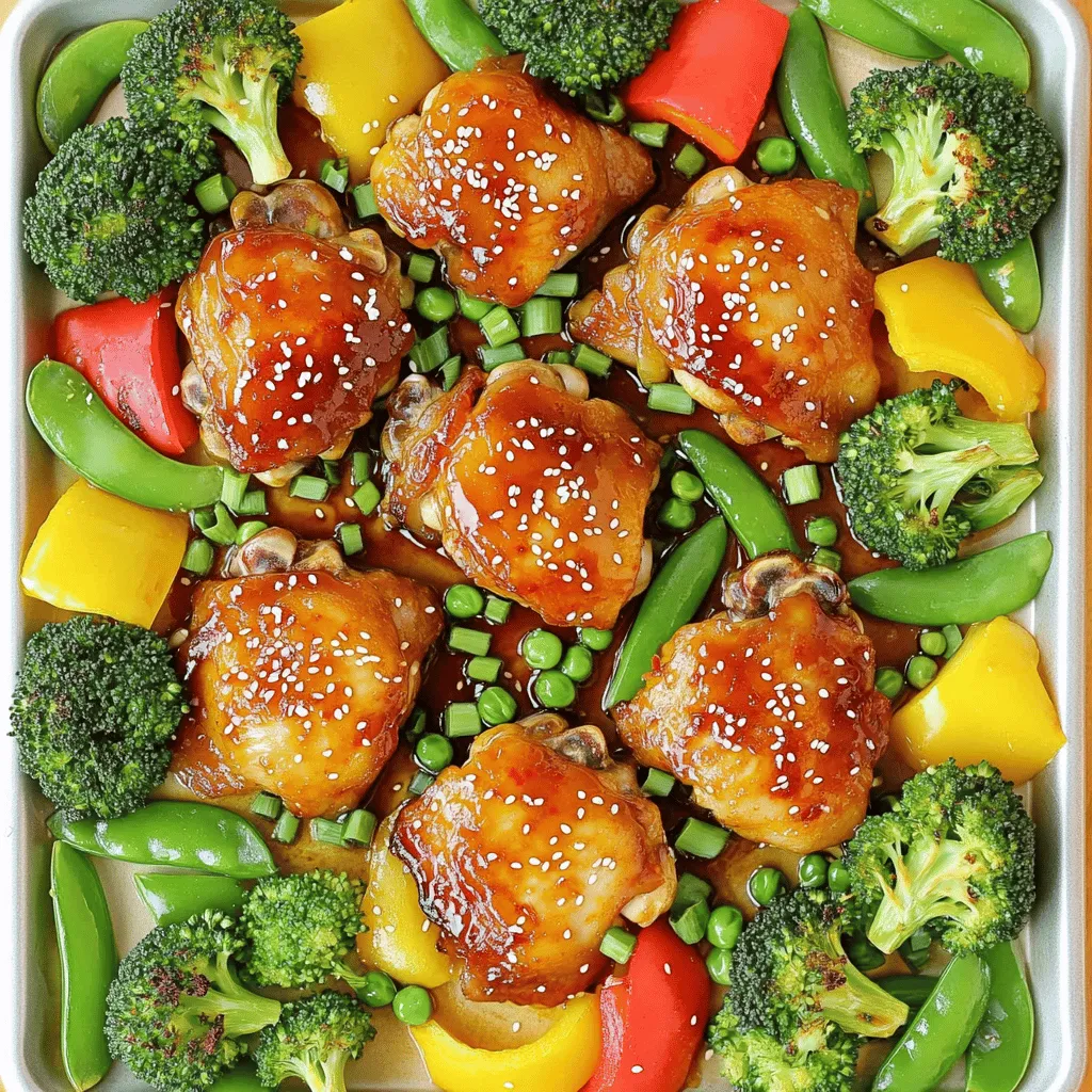 - 4 boneless, skinless chicken thighs - 1 cup sweet chili sauce - 2 tablespoons low-sodium soy sauce - 1 tablespoon minced garlic - 1 tablespoon freshly grated ginger The chicken thighs are the star of this dish. They stay juicy and tender during cooking. Sweet chili sauce adds a lovely sweetness and a hint of spice. The soy sauce brings out the chicken's natural flavor. Garlic and ginger give this dish a fresh and zesty punch. - 1 medium bell pepper (either red or yellow), sliced into strips - 1 cup fresh broccoli florets - 1 cup sugar snap peas, trimmed Adding vegetables makes this meal colorful and healthy. Bell peppers add a nice crunch and sweetness. Broccoli florets are rich in nutrients and hold up well while baking. Sugar snap peas are crisp and add a fun texture. Together, they balance the flavors of the chicken. - 2 tablespoons extra virgin olive oil - Salt and freshly ground black pepper, to taste - Sesame seeds, for garnish - Chopped green onions, for garnish Olive oil helps brown the chicken and veggies. Salt and pepper enhance all the flavors in the dish. Sesame seeds and green onions are perfect for garnishing. They add a pop of color and extra flavor when serving. For the full recipe, check out the complete instructions on making this delightful dish. 1. Preheating the oven: First, set your oven to 400°F (200°C). This helps cook the chicken and veggies just right. 2. Making the marinade: In a bowl, mix sweet chili sauce, soy sauce, minced garlic, and grated ginger. Whisk them well. Save about 2 tablespoons of this mix for later. 3. Marinating the chicken: Put chicken thighs in a zip-top bag or bowl. Pour the marinade over them. Make sure they are all coated. Seal the bag or cover the bowl. Let it rest in the fridge for at least 30 minutes. If time allows, marinate for up to 2 hours for better flavor. 1. Preparing the vegetables: While the chicken marinates, slice the bell pepper into strips. Rinse the broccoli florets with cold water. Trim the ends of the snap peas. 2. Assembling on the sheet pan: Line a large sheet pan with parchment paper or foil for easy cleanup. Place the marinated chicken in the middle. Arrange the sliced bell pepper, broccoli, and snap peas around the chicken. Drizzle olive oil over the veggies and sprinkle with salt and pepper. 3. Baking and glazing: Bake everything in the oven for 25-30 minutes. The chicken should reach an internal temperature of 165°F (74°C). In the last 5 minutes, brush the reserved marinade over the chicken for extra flavor. 1. Serving suggestions: Once done, take the sheet pan out of the oven. Let it rest for a few minutes. Before serving, sprinkle sesame seeds and chopped green onions on top for a fresh look. 2. Resting the dish: Allowing the dish to rest helps the flavors settle. This step ensures you enjoy every bite of your sheet pan sweet chili chicken delight! For the complete recipe with ingredient details, check the Full Recipe. Marinating is key for flavor. It lets the chicken soak up all those tasty juices. I recommend marinating for at least 30 minutes. But if you can, let it sit for 2 hours. This time lets the flavors deepen. For a perfect bake, keep an eye on the time. Bake for 25 to 30 minutes at 400°F (200°C). Use a meat thermometer to check the chicken. It should reach 165°F (74°C) inside. This ensures it is safe to eat and tender. Want more flavor? Add spices like black pepper or cayenne. You can also adjust the sweetness. If you like it sweeter, add a bit more sweet chili sauce. If you prefer it less sweet, use less sauce. These small changes can make a big difference in taste. {{image_4}} You can easily switch the chicken thighs for chicken breasts. Chicken breasts are leaner, but they still taste great. Just remember to adjust the cooking time. Thinner pieces cook faster, so check for doneness sooner. If you want a plant-based option, try using tofu. Firm tofu works best. Press it to remove excess moisture. Then, cut it into cubes and marinate the same way as the chicken. This gives tofu a burst of flavor. Feel free to mix in other vegetables. Carrots, zucchini, or snap peas add great colors and taste. You can use whatever you have on hand. Consider seasonal vegetables, too. In summer, use fresh corn and cherry tomatoes. In fall, try sweet potatoes or Brussels sprouts. They all work well with the sweet chili sauce. You can make your own sweet chili sauce. Combine sugar, vinegar, garlic, and chili paste. This gives you control over the flavor. Adjust the sweetness to your liking. If you want different flavors, try other sauces. Teriyaki sauce or hoisin sauce can work well. Each option adds a unique twist to the dish. To keep your Sheet Pan Sweet Chili Chicken fresh, use an airtight container. This helps prevent any odors from mixing in your fridge. Proper storage ensures your meal stays tasty. You can store it for up to three days. You can freeze this dish if you want to save some for later. Let it cool down first. Then, put it in a freezer-safe bag or container. It will stay good for about three months. To enjoy it again, thaw it overnight in the fridge. Reheat it in the oven at 350°F (175°C) until warm. For meal prep, serve the chicken with rice or quinoa. These grains absorb the sweet chili sauce well. You can also add the veggies to your meal prep containers. For sides, try serving it with a fresh salad or steamed rice. These pair nicely with the sweet and spicy flavors of the chicken. Yes, you can use frozen chicken thighs. Just remember a few key points: - Thawing: Thaw the chicken in the fridge overnight. This keeps it safe. - Cooking Time: Add extra time when baking. Frozen chicken needs more heat to cook fully. - Marination: If you marinate frozen chicken, do so after thawing. This helps the flavors stick. Using frozen chicken is a great way to save time and reduce waste. You have many options to serve alongside this dish. Here are some tasty ideas: - Rice: Steamed jasmine or brown rice pairs well. It absorbs the sauce nicely. - Noodles: Try lo mein or soba noodles for a different twist. - Salad: A fresh green salad balances the meal. Use a light vinaigrette. - Roasted Potatoes: Crispy potatoes add a hearty touch. Each option brings out the sweet chili flavor, making your meal even better. You can easily modify the spice level to suit your taste. Here are some tips: - Sweet Chili Sauce: Choose a mild sauce for less heat. Some brands offer mild options. - Additions: Mix in some crushed red pepper for more spice. Start with a little, then taste. - Serving: Serve with sliced jalapeños on the side. This lets everyone adjust their heat. Adjusting spice ensures everyone enjoys their meal. Yes, you can use other methods if you lack a sheet pan. Here are some alternatives: - Skillet: Cook the chicken and veggies in a large skillet. This allows for easy stirring. - Roasting Pan: Use a roasting pan if you have one. The cooking time may be similar. - Grill: Grill the marinated chicken and veggies. This adds a smoky flavor. Each method can deliver a delicious dinner without a sheet pan. This blog post explored a delicious sheet pan sweet chili chicken recipe. We covered key ingredients, preparation steps, and cooking tips. You learned about marinating chicken, using fresh veggies, and creative sauce options. Each tip helps boost flavor and improve your cooking skills. Remember, you can customize the dish with different proteins or veggies. Make it your own! Enjoy the process and savor the tasty results. Your next meal can be both easy and delightful with these tips.