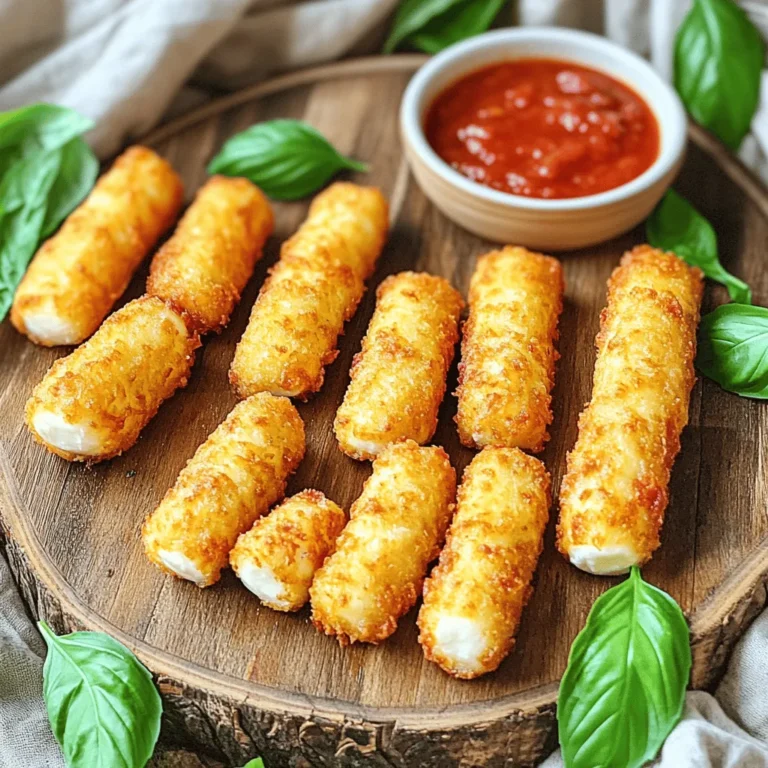 - 12 string cheese sticks - 1 cup all-purpose flour - 2 large eggs, beaten - 1 cup breadcrumbs (preferably panko for extra crunch) - 1 teaspoon garlic powder - 1 teaspoon Italian seasoning - ½ teaspoon salt - ½ teaspoon black pepper - Cooking spray - Marinara sauce for dipping (optional) Gather these ingredients to make your air fryer mozzarella sticks. The string cheese is the star here. It melts perfectly and tastes great. The flour helps the cheese stick to the coating. The eggs help bind everything together. Using panko breadcrumbs gives your sticks that extra crunch. The seasoning adds flavor and makes each bite tasty. Don't forget the marinara sauce! It makes a great dip. You can find the full recipe for air fryer mozzarella sticks in the article. Prepping the Cheese First, freeze the cheese sticks for at least 1 hour. This helps the cheese stay firm. If you skip this step, the cheese may melt too fast. Setting Up the Breading Station Next, set up your breading station. Use three shallow dishes. In the first dish, add flour. In the second, place beaten eggs. In the third, mix breadcrumbs with garlic powder, Italian seasoning, salt, and black pepper. This mix gives great flavor. Coating the Mozzarella Sticks Take the frozen cheese sticks. Roll each stick in flour first. Make sure it is fully coated. Next, dip it in the beaten eggs. Let the extra egg drip off. Finally, roll it in the breadcrumb mix. Press gently to cover every inch. Air Fryer Preparation Now, preheat your air fryer to 390°F (200°C). This takes about 5 minutes. While it heats, spray the air fryer basket with cooking spray. This keeps the sticks from sticking. Cooking Mozzarella Sticks Place the breaded sticks in a single layer in the basket. Do not overcrowd them. If needed, cook in two batches. Air fry for 6 to 8 minutes, flipping halfway through. They should be golden brown when done. Final Steps Once cooked, take the sticks out and let them cool for a couple of minutes. This makes them easier to eat. Serve them hot with marinara sauce for dipping if you like. For the full recipe, you can check out the earlier sections. To get that perfect crunch, I always use panko breadcrumbs. They add the best texture. A light spray of cooking spray on the mozzarella sticks gives them a nice, crispy finish. This step is key when air frying. Before you coat the sticks, make sure to let any excess egg drip off. This helps the breadcrumbs stick better. A good coating means more crunch and flavor in each bite. Do not overcrowd the air fryer. If you pile the sticks on top of each other, they won't cook evenly. I always cook in batches. This way, each mozzarella stick gets the heat it needs to crisp up perfectly. For the full recipe, you can check out the details above. {{image_4}} To make your air fryer mozzarella sticks even better, try adding some spice. You can add cayenne pepper to the breadcrumb mixture for a nice kick. Just a pinch goes a long way. You can also mix in dried herbs like oregano or basil. This adds great flavor and aroma. Feel free to get creative with spices you enjoy. While string cheese is the classic choice, you can experiment with different types of cheese sticks. Try using cheddar, pepper jack, or even a blend of cheeses. Each type brings a unique taste and melts differently. Just ensure they are similar in size to string cheese for even cooking. Pair your mozzarella sticks with more than just marinara sauce. You can try ranch dressing, spicy aioli, or even a sweet chili sauce. Each dip adds a new layer of flavor. For extra fun, set up a dip station with a few options, so everyone can choose their favorite. To store leftover mozzarella sticks, let them cool first. Place them in an airtight container. Keep the container in the refrigerator. They will stay fresh for up to three days. Make sure to keep them in a single layer to avoid sticking. To reheat mozzarella sticks, use your air fryer again. Preheat it to 350°F (175°C). Place the sticks in the basket, leaving space between them. Heat for about 3 to 5 minutes. This method keeps them crispy. You can also use an oven if you prefer. To freeze uncooked mozzarella sticks, prepare them as usual. After coating them, place the sticks on a baking sheet. Make sure they are not touching each other. Freeze them for about an hour. Then, transfer them to a freezer bag. Label the bag with the date. They can stay frozen for up to three months. When ready to cook, you can air fry them straight from the freezer. Check the [Full Recipe] for detailed cooking times. To stop the cheese from leaking, freeze the sticks first. Place the string cheese in the freezer for at least one hour. This keeps the cheese solid. Next, use a good coating. Make sure to coat the sticks in flour, egg, and breadcrumbs. Each layer should cover the cheese well. This helps seal in the cheese while it cooks. Yes, you can use different types of breading. For a gluten-free option, try almond flour or crushed gluten-free crackers. You can also use cornmeal for a different crunch. Experimenting with different flavors can be fun. Just make sure the coating is thick enough to hold the cheese. Mozzarella sticks pair well with many sides and dips. Marinara sauce is a classic choice. You can also serve them with ranch dressing or a spicy aioli. For sides, think about fresh veggies or a simple salad. These options balance the rich flavors of the cheese. Cooked mozzarella sticks last about 3 to 4 days in the fridge. Store them in an airtight container. Uncooked sticks can last up to 1 month in the freezer. Just make sure they are well wrapped to prevent freezer burn. In this post, I shared how to make delicious mozzarella sticks in an air fryer. We covered the main ingredients, simple steps, and useful tips for a perfect batch. Remember, using panko breadcrumbs gives extra crunch. You can also try different cheeses and sauces for fun variations. Store any extras properly to keep them fresh. With these tips, you can enjoy homemade mozzarella sticks that are crispy and flavorful. Dive in and impress everyone with your tasty snacks!
