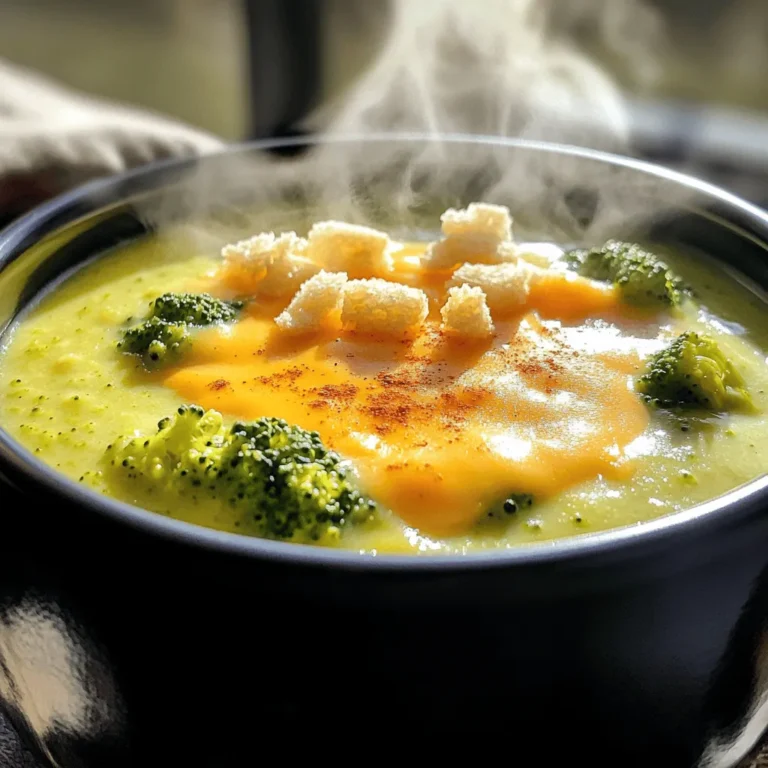 To make a tasty Easy Broccoli Cheddar Soup, you need fresh ingredients. These fresh items help create a rich flavor and a lovely texture. You will need: - 4 cups fresh broccoli florets - 1 medium onion, finely diced - 2 cloves garlic, finely minced - 1 cup sharp cheddar cheese, freshly grated Next, gather some pantry staples. These are often found at home and add depth to your soup. Here’s what you need: - 4 cups vegetable broth (preferably low-sodium) - 1 cup heavy cream - 2 tablespoons extra virgin olive oil - Salt and freshly cracked black pepper to taste - 1 teaspoon smoked paprika (optional for added depth) For a fun finishing touch, consider adding garnishes. They add flavor and texture to your soup. You can use: - Croutons or toasted bread for garnish (optional) This combination of fresh and pantry ingredients creates a creamy delight. You can find the Full Recipe in the article to guide you through the steps. Enjoy crafting this easy, delicious soup! Start by heating the olive oil in a large pot over medium heat. Once hot, add the diced onion. Sauté it for 3-4 minutes until it looks clear. This makes the soup taste great. Now, add the minced garlic. Cook it for another minute. You want it fragrant, but not brown. Next, add the fresh broccoli florets to the pot. Pour in the vegetable broth and stir well. Turn up the heat to bring the soup to a boil. Once it bubbles, lower the heat. Let it simmer for about 10-15 minutes. The broccoli should be tender and easy to pierce with a fork. After the broccoli is cooked, use an immersion blender to puree the soup right in the pot. If you don’t have one, carefully pour the soup into a regular blender. Blend it until smooth. This step gives the soup its creamy texture. Now, return the pureed soup to low heat. Pour in the heavy cream and stir gently. Heat until warm, but avoid boiling. Gradually mix in the freshly grated cheddar cheese. Stir continuously until it melts fully. This creates a rich flavor and velvety texture. Taste the soup and add salt and pepper as needed. If you want extra flavor, sprinkle in some smoked paprika. Ladle the warm soup into bowls. For a fun touch, top with croutons or toasted bread. This adds a nice crunch. Enjoy your Easy Broccoli Cheddar Soup, a simple and creamy dish! For the full recipe, check the details above. To get a smooth and creamy soup, start with fresh broccoli florets. Cut them into small, even pieces. This helps them cook evenly. When blending, use an immersion blender. It makes the soup creamy without transferring it to another container. If you want extra creaminess, add more heavy cream or a splash of milk after blending. Seasoning makes a big difference in the taste. Use salt and freshly cracked black pepper to bring out the flavors. I like to add smoked paprika for a warm, smoky taste. You can also try adding a pinch of nutmeg or cayenne pepper for some heat. Taste the soup often. Adjust the seasonings until it tastes just right for you. If you have leftovers, store them in an airtight container. This keeps the soup fresh in the fridge for up to three days. If you want to save it longer, you can freeze it. Just make sure to let it cool completely before freezing. When you’re ready to eat, thaw it in the fridge overnight and reheat on the stove. Stir well to bring back the creamy texture. For the best results, always reheat gently and avoid boiling. {{image_4}} If you want to make this soup gluten-free, use gluten-free broth. Most vegetable broths are gluten-free, but always check the label. Avoid any flour or gluten-based thickeners. The heavy cream and cheese will still give you a rich texture. For a vegan version, swap the heavy cream for coconut milk or cashew cream. Use a plant-based cheese instead of cheddar. Nutritional yeast can add a cheesy taste without dairy. This keeps the flavors bold and satisfying. You can add more veggies to the soup to boost nutrients. Carrots, spinach, or cauliflower blend well with broccoli. Just chop them small and cook them with the broccoli. This adds color and extra flavor to your dish. Store your broccoli cheddar soup in a sealed container. It stays fresh in the fridge for up to 3 days. Make sure to let it cool before sealing. This helps keep the soup tasty and safe. You can freeze this soup, but it may change texture. Use a freezer-safe container. It lasts for about 2 months in the freezer. When ready to eat, thaw it in the fridge overnight. This keeps the soup smooth when you reheat it. Reheat your soup gently on the stove. Use low heat to avoid burning. Stir often to keep it creamy. If it thickens too much, add a splash of broth or cream. This brings back the smooth texture. Enjoy your soup warm! If you're looking for the full recipe, check out the previous section. Yes, you can make this soup ahead of time. It stores well in the fridge for about three days. Just let it cool before you cover it. When you’re ready to eat, heat it gently on the stove. Stir often to keep it smooth. Sharp cheddar cheese is the best choice for this soup. It gives a rich flavor that shines through. You can also mix in some mild cheddar for a softer taste. If you want a twist, try adding a little Gruyère or Monterey Jack. To thicken your soup, you can add a little more cheese. Another option is to blend in some cooked potato. If you like, mix in a cornstarch slurry. Just combine cornstarch with a bit of cold water, then stir it into the hot soup. Yes, frozen broccoli works great in this soup. Just add it directly to the pot without thawing. It may take a bit longer to cook, but it will taste good. This option is perfect for busy days when fresh broccoli is not on hand. This soup pairs well with several side dishes. Crusty bread or a fresh salad makes a nice match. You could also serve it with a simple grilled cheese sandwich. For a bit of crunch, top it with croutons or toasted bread. This article covered how to make Easy Broccoli Cheddar Soup using fresh ingredients and pantry staples. We detailed each step, from cooking the broccoli to blending and adding cheese. You learned tips for a creamy texture and storage advice for leftovers. We also discussed tasty variations, including gluten-free and vegan options. Remember, this soup is simple and full of flavor. Try different ingredients and enjoy this comforting dish in your home.
