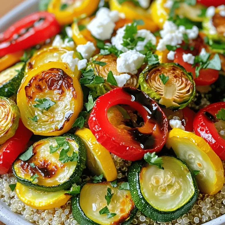 Gathering the right veggies is key. Here’s what you need: - Red bell pepper - Zucchini - Yellow squash - Red onion - Brussels sprouts Each vegetable adds its own flair. The red bell pepper gives a sweet crunch. Zucchini and yellow squash bring a soft texture. Red onion offers a mild bite, while Brussels sprouts add a hearty feel. The dressing makes this dish shine. Use these simple ingredients: - Balsamic vinegar - Olive oil - Garlic - Dried oregano - Thyme - Salt and pepper Mixing balsamic vinegar and olive oil creates a rich flavor. Garlic adds warmth, while herbs like oregano and thyme bring freshness. Don’t forget salt and pepper; they enhance every bite. Want to elevate your bowls? Try these toppings: - Cooked quinoa - Feta cheese - Fresh parsley Quinoa adds protein and makes the meal filling. Feta cheese gives a creamy touch. Fresh parsley adds a pop of color and brightness. You can mix and match these to fit your taste. For the full recipe, refer to the detailed steps provided above. Enjoy crafting your Balsamic Roasted Veggie Bowls! First, preheat your oven to 425°F (220°C). This step is key for even cooking. While the oven heats, prepare your vegetables. Take a large mixing bowl and toss together the diced red bell pepper, sliced zucchini, yellow squash, chopped red onion, and halved Brussels sprouts. Mix them well so they combine nicely. Now, let’s make the balsamic dressing. In a small bowl, combine 3 tablespoons of balsamic vinegar, 2 tablespoons of olive oil, 2 cloves of minced garlic, 1 teaspoon of dried oregano, and 1 teaspoon of thyme. Add salt and pepper to taste. Whisk everything together until it blends smoothly. Next, pour the balsamic dressing over your mixed veggies. Use a spatula to toss them gently, coating each piece well. Transfer the seasoned vegetables to a baking sheet lined with parchment paper. Spread them out in a single layer. This helps them roast evenly. Place the baking sheet in the preheated oven. Roast for 20-25 minutes, stirring halfway through. The veggies should turn tender and slightly brown. While the veggies roast, prepare the quinoa. Use 1 cup of quinoa and cook it according to the package instructions. After cooking, fluff it with a fork. This makes the quinoa light and fluffy, perfect for your bowls. Once the quinoa and veggies are ready, it’s time to assemble the bowls. Start by placing a generous scoop of quinoa at the bottom of each bowl. Then, heap the roasted veggies on top. This layering creates a beautiful and tasty dish. To enhance the visual appeal, consider drizzling extra balsamic vinegar over the assembled bowls. You can also add a sprinkle of chili flakes for a spicy kick. This dish not only tastes great but also looks stunning on the table. For the best results, preheat your oven to 425°F (220°C). This high temperature helps caramelize the veggies, bringing out their natural sweetness. Spread the veggies in a single layer on the baking sheet. This ensures even cooking and prevents steaming. Stir the veggies halfway through cooking. This simple step makes sure they roast evenly and achieve that lovely golden color. You can save time by preparing your veggies ahead of time. Chop the red bell pepper, zucchini, yellow squash, red onion, and Brussels sprouts the night before. Store them in an airtight container in the fridge. You can also mix the balsamic dressing early. Just whisk together the balsamic vinegar, olive oil, garlic, oregano, thyme, salt, and pepper. This way, when you’re ready to cook, everything is ready to go. These bowls are great for meal prep. After roasting, let the veggies cool. Then, store them in airtight containers in the fridge. They will last for about four days. When you’re ready to eat, just reheat them in the microwave or oven. If you want to keep the quinoa fresh, store it separately. This keeps everything tasting great! Just mix them together when serving for a warm, tasty meal. {{image_4}} You can jazz up your Balsamic Roasted Veggie Bowls by adding more veggies. Consider using: - Carrots, sliced - Sweet potatoes, cubed - Broccoli, chopped - Cauliflower, florets - Asparagus, cut into pieces Feel free to mix and match based on what you have at home. Each veggie brings its own flavor and texture! For a heartier meal, you can add protein to your bowls. Here are some tasty options: - Grilled chicken, sliced - Chickpeas, roasted - Tofu, cubed and baked - Lentils, cooked - Shrimp, sautéed Adding protein makes the dish more filling and satisfying. Choose what you enjoy most! If you need vegan or gluten-free options, it’s simple to adapt. Use these substitutions: - Swap feta cheese for avocado or a vegan cheese alternative. - Use quinoa or brown rice for a gluten-free grain. - Ensure all dressings and sauces are gluten-free. These changes keep your meal delicious while meeting dietary needs. Enjoy the freedom to customize! To keep your Balsamic Roasted Veggie Bowls fresh, let them cool first. Place them in airtight containers. This helps prevent moisture loss and keeps flavors intact. Store them in the fridge for up to four days. If you want to enjoy them later, separate the quinoa and veggies. This keeps everything fresh. You can freeze the roasted veggies for longer storage. Place cooled veggies in freezer-safe bags. Make sure to remove as much air as possible before sealing. Use them within three months for the best taste. To thaw, simply place them in the fridge overnight. Reheat in the oven or microwave until hot. When stored properly, the Balsamic Roasted Veggie Bowls last in the fridge for about four days. If frozen, they can last up to three months. Always check for any signs of spoilage before eating. Trust your senses; if it looks or smells off, it’s best to toss it out. Enjoy your delicious bowl while it's fresh! Yes, you can use many veggies! Some great options are: - Carrots - Sweet potatoes - Asparagus - Broccoli - Cauliflower Feel free to mix and match. Each vegetable brings a unique flavor. Try what you love! Balsamic Roasted Veggie Bowls are healthy and packed with nutrients. Here’s a quick overview: - Calories: About 300 per serving - Fiber: High in fiber from veggies and quinoa - Vitamins: Rich in vitamins A, C, and K - Minerals: Good source of potassium and magnesium These bowls nourish your body while delighting your taste buds. To make it vegan, simply leave out the feta cheese. You can also add more protein. Here are a few ideas: - Chickpeas - Tofu - Tempeh These additions keep the meal filling and tasty. These bowls pair well with many dishes. Try serving with: - A side salad - Garlic bread - Grilled chicken or fish You can also add a dollop of hummus for extra flavor. Making these bowls ahead is easy. Follow these steps: 1. Roast the veggies and cook the quinoa as per the recipe. 2. Store them separately in the fridge. 3. When ready to eat, reheat the veggies and quinoa together. This way, you can enjoy a quick meal anytime! For the complete guide, check the [Full Recipe]. It has all the details you need to create this delicious dish. Balsamic Roasted Veggie Bowls are simple yet full of flavor. We covered the veggies, balsamic dressing, and optional toppings. You learned how to roast veggies, cook quinoa, and layer your bowls. Tips for storage and meal prep help keep things easy. You can adapt this dish to fit your tastes and needs. With these steps, you can enjoy healthy meals that are delicious and fun. Try mixing in your favorite flavors, and have fun with it!