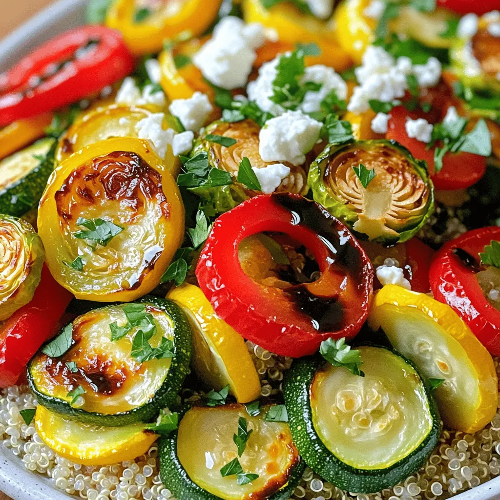 Gathering the right veggies is key. Here’s what you need: - Red bell pepper - Zucchini - Yellow squash - Red onion - Brussels sprouts Each vegetable adds its own flair. The red bell pepper gives a sweet crunch. Zucchini and yellow squash bring a soft texture. Red onion offers a mild bite, while Brussels sprouts add a hearty feel. The dressing makes this dish shine. Use these simple ingredients: - Balsamic vinegar - Olive oil - Garlic - Dried oregano - Thyme - Salt and pepper Mixing balsamic vinegar and olive oil creates a rich flavor. Garlic adds warmth, while herbs like oregano and thyme bring freshness. Don’t forget salt and pepper; they enhance every bite. Want to elevate your bowls? Try these toppings: - Cooked quinoa - Feta cheese - Fresh parsley Quinoa adds protein and makes the meal filling. Feta cheese gives a creamy touch. Fresh parsley adds a pop of color and brightness. You can mix and match these to fit your taste. For the full recipe, refer to the detailed steps provided above. Enjoy crafting your Balsamic Roasted Veggie Bowls! First, preheat your oven to 425°F (220°C). This step is key for even cooking. While the oven heats, prepare your vegetables. Take a large mixing bowl and toss together the diced red bell pepper, sliced zucchini, yellow squash, chopped red onion, and halved Brussels sprouts. Mix them well so they combine nicely. Now, let’s make the balsamic dressing. In a small bowl, combine 3 tablespoons of balsamic vinegar, 2 tablespoons of olive oil, 2 cloves of minced garlic, 1 teaspoon of dried oregano, and 1 teaspoon of thyme. Add salt and pepper to taste. Whisk everything together until it blends smoothly. Next, pour the balsamic dressing over your mixed veggies. Use a spatula to toss them gently, coating each piece well. Transfer the seasoned vegetables to a baking sheet lined with parchment paper. Spread them out in a single layer. This helps them roast evenly. Place the baking sheet in the preheated oven. Roast for 20-25 minutes, stirring halfway through. The veggies should turn tender and slightly brown. While the veggies roast, prepare the quinoa. Use 1 cup of quinoa and cook it according to the package instructions. After cooking, fluff it with a fork. This makes the quinoa light and fluffy, perfect for your bowls. Once the quinoa and veggies are ready, it’s time to assemble the bowls. Start by placing a generous scoop of quinoa at the bottom of each bowl. Then, heap the roasted veggies on top. This layering creates a beautiful and tasty dish. To enhance the visual appeal, consider drizzling extra balsamic vinegar over the assembled bowls. You can also add a sprinkle of chili flakes for a spicy kick. This dish not only tastes great but also looks stunning on the table. For the best results, preheat your oven to 425°F (220°C). This high temperature helps caramelize the veggies, bringing out their natural sweetness. Spread the veggies in a single layer on the baking sheet. This ensures even cooking and prevents steaming. Stir the veggies halfway through cooking. This simple step makes sure they roast evenly and achieve that lovely golden color. You can save time by preparing your veggies ahead of time. Chop the red bell pepper, zucchini, yellow squash, red onion, and Brussels sprouts the night before. Store them in an airtight container in the fridge. You can also mix the balsamic dressing early. Just whisk together the balsamic vinegar, olive oil, garlic, oregano, thyme, salt, and pepper. This way, when you’re ready to cook, everything is ready to go. These bowls are great for meal prep. After roasting, let the veggies cool. Then, store them in airtight containers in the fridge. They will last for about four days. When you’re ready to eat, just reheat them in the microwave or oven. If you want to keep the quinoa fresh, store it separately. This keeps everything tasting great! Just mix them together when serving for a warm, tasty meal. {{image_4}} You can jazz up your Balsamic Roasted Veggie Bowls by adding more veggies. Consider using: - Carrots, sliced - Sweet potatoes, cubed - Broccoli, chopped - Cauliflower, florets - Asparagus, cut into pieces Feel free to mix and match based on what you have at home. Each veggie brings its own flavor and texture! For a heartier meal, you can add protein to your bowls. Here are some tasty options: - Grilled chicken, sliced - Chickpeas, roasted - Tofu, cubed and baked - Lentils, cooked - Shrimp, sautéed Adding protein makes the dish more filling and satisfying. Choose what you enjoy most! If you need vegan or gluten-free options, it’s simple to adapt. Use these substitutions: - Swap feta cheese for avocado or a vegan cheese alternative. - Use quinoa or brown rice for a gluten-free grain. - Ensure all dressings and sauces are gluten-free. These changes keep your meal delicious while meeting dietary needs. Enjoy the freedom to customize! To keep your Balsamic Roasted Veggie Bowls fresh, let them cool first. Place them in airtight containers. This helps prevent moisture loss and keeps flavors intact. Store them in the fridge for up to four days. If you want to enjoy them later, separate the quinoa and veggies. This keeps everything fresh. You can freeze the roasted veggies for longer storage. Place cooled veggies in freezer-safe bags. Make sure to remove as much air as possible before sealing. Use them within three months for the best taste. To thaw, simply place them in the fridge overnight. Reheat in the oven or microwave until hot. When stored properly, the Balsamic Roasted Veggie Bowls last in the fridge for about four days. If frozen, they can last up to three months. Always check for any signs of spoilage before eating. Trust your senses; if it looks or smells off, it’s best to toss it out. Enjoy your delicious bowl while it's fresh! Yes, you can use many veggies! Some great options are: - Carrots - Sweet potatoes - Asparagus - Broccoli - Cauliflower Feel free to mix and match. Each vegetable brings a unique flavor. Try what you love! Balsamic Roasted Veggie Bowls are healthy and packed with nutrients. Here’s a quick overview: - Calories: About 300 per serving - Fiber: High in fiber from veggies and quinoa - Vitamins: Rich in vitamins A, C, and K - Minerals: Good source of potassium and magnesium These bowls nourish your body while delighting your taste buds. To make it vegan, simply leave out the feta cheese. You can also add more protein. Here are a few ideas: - Chickpeas - Tofu - Tempeh These additions keep the meal filling and tasty. These bowls pair well with many dishes. Try serving with: - A side salad - Garlic bread - Grilled chicken or fish You can also add a dollop of hummus for extra flavor. Making these bowls ahead is easy. Follow these steps: 1. Roast the veggies and cook the quinoa as per the recipe. 2. Store them separately in the fridge. 3. When ready to eat, reheat the veggies and quinoa together. This way, you can enjoy a quick meal anytime! For the complete guide, check the [Full Recipe]. It has all the details you need to create this delicious dish. Balsamic Roasted Veggie Bowls are simple yet full of flavor. We covered the veggies, balsamic dressing, and optional toppings. You learned how to roast veggies, cook quinoa, and layer your bowls. Tips for storage and meal prep help keep things easy. You can adapt this dish to fit your tastes and needs. With these steps, you can enjoy healthy meals that are delicious and fun. Try mixing in your favorite flavors, and have fun with it!
