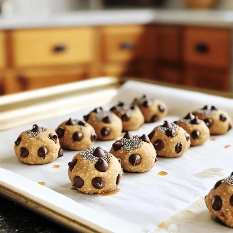 - 1 cup almond flour - 1/2 cup creamy almond butter or peanut butter - 1/4 cup pure maple syrup - 1 teaspoon vanilla extract - 1/4 teaspoon sea salt - 1/2 cup mini chocolate chips - 2 tablespoons chia seeds (optional) Gather these ingredients before you start. Each one brings flavor and texture to your bites. Almond flour gives a nice base. Almond butter or peanut butter adds creaminess. Maple syrup gives sweetness without refined sugar. Vanilla extract brightens the flavor, while sea salt balances it all. Mini chocolate chips add a fun pop of chocolate in every bite. Adding chia seeds is optional. They give a nice crunch and boost the nutrition. If you want, try adding nuts or dried fruit too. Get creative! - Calories per bite: About 80 calories - Macronutrient breakdown: - Carbohydrates: 8g - Fats: 5g - Proteins: 2g - Potential allergens: Contains nuts Each bite is a tasty treat. They are a good source of healthy fats and protein. They work well as a snack or dessert. Be careful if you have nut allergies. Always check your ingredients for allergens. First, gather your ingredients in a large mixing bowl. Combine the dry ingredients, which include almond flour and sea salt. Mix these well to avoid clumps. Next, add your wet ingredients: creamy almond butter, pure maple syrup, and vanilla extract. Now, stir the mixture with a spatula or spoon until it forms a soft dough. Once your dough is mixed, gently fold in mini chocolate chips for sweetness. If you want a crunch, add chia seeds too. Make sure they are evenly spread throughout the dough for the best taste in every bite. Now it's time to roll your dough into balls. Scoop out small portions, about one inch in diameter. With clean hands, roll each piece into a ball. Place these on a parchment-lined baking sheet. Leave some space between them for easy handling. For even sizing, try using a small ice cream scoop. Chilling your cookie dough bites is key. This helps them firm up and hold their shape. Place the baking sheet in the fridge for at least 30 minutes. After chilling, your tasty no-bake cookie dough bites are ready to enjoy! To get the right texture for your cookie dough bites, start with fresh ingredients. The almond flour should be fine, and the nut butter should be smooth. Mix until the dough forms a soft ball. If it feels too dry, add a splash of maple syrup. If it’s too wet, mix in a bit more almond flour. Common pitfalls include over-mixing or using cold ingredients. Cold nut butter makes it hard to blend well. Use room temperature ingredients for the best results. Presentation matters, even for snacks! Serve your cookie dough bites on a colorful platter. You can drizzle some melted chocolate over them for a fancy touch. Pair them with a glass of cold milk or your favorite nut milk. They also taste great with coffee or tea. For a fun twist, try serving them with fresh fruit. Sliced strawberries or banana chunks complement the sweet bites nicely. To keep your cookie dough bites fresh, store them in an airtight container. Place parchment paper between layers to prevent sticking. They stay good in the fridge for up to one week. If you need to keep them longer, freeze them! Just remember to thaw them in the fridge before enjoying. For the full recipe, check out the recipe section above. {{image_4}} You can change the taste of your no-bake cookie dough bites easily. Try using different nut butters. Almond butter is great, but peanut butter works too. Each nut butter adds its own flavor. You can also add spices. A dash of cinnamon brings warmth. Cocoa powder adds a rich, chocolatey taste. Mix and match to find your favorite combo! If you need nut-free bites, use sunflower seed butter instead. It gives a similar texture without nuts. For vegan options, swap the maple syrup for agave syrup. Ensure your chocolate chips are dairy-free. These simple changes keep everyone happy and safe! You can make your bites festive with seasonal add-ins. Dried fruits like cranberries or apricots add sweetness. Pumpkin seeds or sunflower seeds give crunch and nutrition. For holidays, try adding peppermint extract or spices like nutmeg. These flavors create a fun twist for any occasion! To make these tasty bites, follow these quick steps: - Mix 1 cup almond flour, 1/2 cup almond butter, 1/4 cup maple syrup, 1 teaspoon vanilla, and 1/4 teaspoon sea salt in a bowl. - Stir until you have a soft dough. - Fold in 1/2 cup mini chocolate chips and 2 tablespoons chia seeds if you like. - Roll the dough into 1-inch balls and place them on a baking sheet. - Chill in the fridge for at least 30 minutes. Now, enjoy your delicious no-bake cookie dough bites! For the full recipe, check the earlier section. Yes, you can freeze these bites easily! To freeze, place the balls in a single layer on a baking sheet. Freeze them for about 1 hour until firm. Then, transfer the bites to an airtight container or freezer bag. They can last for up to 3 months in the freezer. When you're ready to eat, just thaw them in the fridge for a few hours. If you don’t have almond flour, you can use other flours. Here are some good options: - Oat flour: This gives a mild flavor and a soft texture. - Coconut flour: Use less, as it absorbs more liquid. About 1/4 cup is enough. - Whole wheat flour: This adds a nice nutty taste but may change the texture slightly. Experiment with these choices to find what you like best! To make no-bake cookie dough bites, you need simple ingredients. Here’s what you’ll gather: - 1 cup almond flour - 1/2 cup creamy almond butter (or peanut butter) - 1/4 cup pure maple syrup - 1 teaspoon vanilla extract - 1/4 teaspoon sea salt - 1/2 cup mini chocolate chips - 2 tablespoons chia seeds (optional) Start by mixing the almond flour, almond butter, maple syrup, vanilla, and salt in a bowl. Stir until it forms a soft dough. Mix in the mini chocolate chips and chia seeds if you want. Next, roll the dough into small balls, about one inch wide. Place them on a parchment-lined sheet. Chill them for at least 30 minutes to set. Enjoy your tasty bites! For more details, check out the Full Recipe. If you want to explore more, check out my other recipes like energy bites or healthy snacks. You can also find video tutorials online that show each step clearly. For easy swaps, you can use peanut butter instead of almond butter. If you need a nut-free option, try sunflower seed butter. Make sure you have measuring cups, a mixing bowl, and a baking sheet ready. These tools will help you create these delightful snacks. These no-bake cookie dough bites are simple and fun to make. We covered all the key ingredients and steps to mix and shape your bites. I shared tips for a great texture and ideas for serving. You learned how to store them and keep them fresh. You can even switch things up with different flavors or diet needs. Now, go ahead and try making these treats at home. Enjoy your delicious, healthy snacks!
