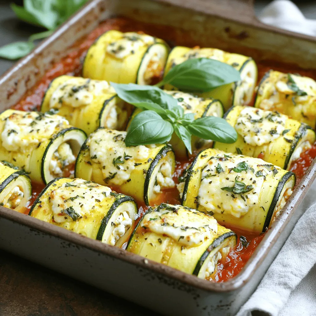 For Cheesy Zucchini Roll-Ups, you need a few simple items. Here’s what you’ll need: - 2 medium zucchinis, sliced lengthwise into thin strips (about ¼ inch thick) - 1 cup ricotta cheese - 1 cup shredded mozzarella cheese - ½ cup grated Parmesan cheese - 1 large egg, beaten - 2 cloves garlic, minced finely - 1 teaspoon dried oregano - Salt and freshly ground black pepper, to taste These ingredients work well together. Zucchini gives a nice base. The cheeses offer creaminess and flavor. Garlic and oregano add a tasty touch. You’ll want a good sauce to dip your roll-ups. Marinara sauce is perfect for this. It adds a rich, tangy flavor that pairs well with the cheesy goodness. For a fresh touch, you can also add some garnishes. Fresh basil leaves look great and add a nice flavor boost. Just sprinkle them on top before serving. This combination makes your Cheesy Zucchini Roll-Ups even more enjoyable. For the complete instructions on how to make this dish, check the Full Recipe. 1. Preheating the oven: Start by preheating your oven to 400°F (200°C). This ensures the oven is hot enough to cook the roll-ups evenly. 2. Preparing zucchini: Take your zucchini and slice it lengthwise into thin strips, about ¼ inch thick. Place the slices on a clean kitchen towel or paper towels. Lightly sprinkle them with salt and let them sit for about 10 minutes. This step draws out excess moisture. After 10 minutes, pat the slices dry with another towel to remove the salt and moisture. 1. Combining cheese ingredients: In a mixing bowl, add 1 cup of ricotta cheese, 1 cup of shredded mozzarella cheese, ½ cup of grated Parmesan cheese, and 1 large beaten egg. Then, add 2 cloves of finely minced garlic, 1 teaspoon of dried oregano, and a pinch of salt and pepper to taste. Mix everything together until you have a smooth and well-blended filling. 1. Rolling technique: Take one zucchini slice and place a generous spoonful of the cheese mixture at one end. Carefully roll the zucchini slice from the filled end, making sure to keep the filling inside. Roll it tightly but gently to secure the filling. 1. Greasing the baking dish: Lightly grease a baking dish with olive oil or cooking spray. Arrange the zucchini roll-ups seam side down in the dish. They can be close together, but don’t overcrowd them. 2. Baking time and temperature: Place the dish in the preheated oven and bake for 15-20 minutes. Look for the cheese to be bubbly and the zucchini to become tender. The edges should have a slight golden hue. Enjoy your Cheesy Zucchini Roll-Ups with marinara sauce for dipping! For the complete recipe, refer to the [Full Recipe]. To make the best cheesy zucchini roll-ups, start with the zucchinis. Excess moisture can make them soggy. To prevent this, slice the zucchinis thinly, about ¼ inch thick. After slicing, sprinkle salt on them and let them rest for about 10 minutes. The salt pulls out water. After 10 minutes, pat them dry with a towel. This step helps keep your roll-ups firm. Next, focus on the cheese filling. Mix your ricotta, mozzarella, and Parmesan in a bowl. Add a beaten egg, minced garlic, and oregano. Season with salt and pepper. Blend until smooth. A well-mixed filling holds together better while baking. You want creamy goodness in every bite. These roll-ups shine when paired with marinara sauce. The sauce adds a rich, tangy flavor that complements the cheese. You can also try other dips. A creamy ranch or spicy aioli can add a fun twist. Serve the roll-ups warm for a delightful treat. Presentation matters! Garnish your roll-ups with fresh basil leaves. This not only adds color but also fresh flavor. Arrange the roll-ups on a nice platter. Drizzle some marinara sauce around them. It creates an inviting look. For a fun touch, use small bowls for the dips. This makes your dish pop and looks great on any table. For the full recipe, check out the steps above! {{image_4}} You can mix up the cheese in these roll-ups. If you love goat cheese, try it instead of ricotta. It adds a tangy flavor. Cheddar also works well for a sharp bite. You can blend different cheeses, too. This creates a unique taste in every bite. Feel free to experiment with cheese types. Each choice brings a new twist to the dish. Want to boost the nutrition? Think about adding more veggies. Spinach is a great option. It wilts nicely when baked and adds a pop of green. Bell peppers can add sweetness and crunch. Just chop them fine and mix them into the cheese filling. You can also try mushrooms or carrots. The more veggies, the better. They make the roll-ups colorful and tasty. To make your roll-ups even tastier, add some spices. Red pepper flakes give a nice kick if you enjoy heat. Thyme brings an earthy taste that pairs well with zucchini. You can also use fresh herbs like parsley or basil. These add freshness and bright flavor. A sprinkle of lemon zest can brighten up the dish, too. Enjoy the process of making these roll-ups your own. For the full recipe, check out the link. To keep your cheesy zucchini roll-ups fresh, place them in an airtight container. This helps to seal in moisture and flavor. You can store them in the fridge for up to three days. If you want to keep them longer, freezing is a great option. Just make sure they cool down before you pack them away. When it comes to reheating, the oven is the best choice. Preheat it to 350°F (175°C). Place the roll-ups on a baking sheet and cover them with foil. This keeps them moist. Bake for about 15 minutes. If you are short on time, the microwave works too. Just heat them on a plate for 1-2 minutes. However, this may make them a bit soggy. To freeze the roll-ups, assemble them as you normally would. After rolling, place them in a single layer on a baking sheet. Freeze them for about an hour until solid. Then, transfer them to a freezer-safe bag or container. Label it with the date. They can stay frozen for up to three months. When you’re ready to enjoy, bake them straight from the freezer without thawing. Just add a few extra minutes to the baking time. For the full recipe, check the earlier section. If you don't have ricotta cheese, you can use cottage cheese. It offers a similar texture but is slightly more watery. You can also try cream cheese for a richer flavor, but it will change the taste a bit. Another option is goat cheese, which adds a tangy twist. Just remember, each cheese will slightly alter the texture and taste of your roll-ups. Yes, you can prepare these roll-ups ahead of time. Just follow the recipe until you assemble the roll-ups. Then, store them in an airtight container in the fridge for up to 24 hours. When you're ready to bake, you can pop them in the oven. This saves time and makes dinner easy on busy days. You’ll know the roll-ups are done when the cheese is bubbly and golden. Look for a slight browning on the edges of the zucchini, which means they are tender. If you see cheese oozing out, that's a good sign too! Trust your eyes; a perfect roll-up should look inviting and delicious. Yes, Cheesy Zucchini Roll-Ups are gluten-free. The main ingredients are zucchini and cheese, which do not contain gluten. Just make sure your marinara sauce is also gluten-free if you are sensitive. This dish is a great option for anyone avoiding gluten while still enjoying a tasty meal. In this post, we explored the delicious world of Cheesy Zucchini Roll-Ups. We covered key ingredients like zucchini and cheese, as well as helpful tips for preparation and baking. You can mix and match cheeses or add veggies for fun twists. Storing and reheating leftovers is simple too. Remember, these roll-ups are not just tasty; they’re also easy to customize. Enjoy making them your own, and impress your family and friends with a delightful dish that is sure to please!