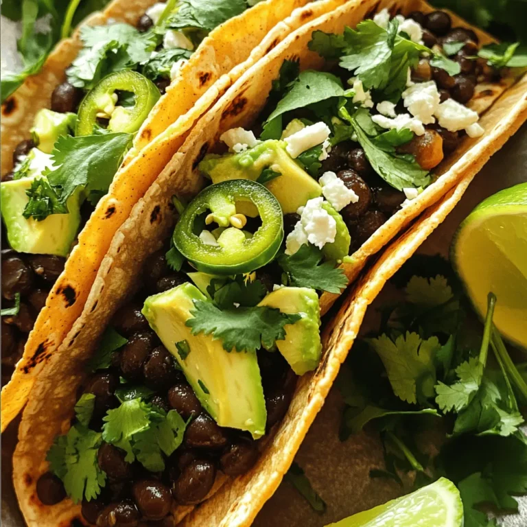 - 1 can (15 oz) black beans, thoroughly drained and rinsed - 1 tablespoon extra-virgin olive oil - 1 small onion, finely diced - 2 cloves garlic, minced - 1 jalapeño, seeds removed and minced - 1 teaspoon ground cumin - 1 teaspoon smoked paprika - 1/2 teaspoon cayenne pepper (adjust to control heat level) - Salt and freshly ground black pepper, to taste - 8 small corn tortillas - 1 cup fresh spinach, coarsely chopped - 1 ripe avocado, sliced into wedges - 1/2 cup crumbled feta cheese - Fresh cilantro sprigs, for garnish - Lime wedges, for serving Gather these simple ingredients for your spicy black bean tacos. Black beans are the star and provide protein. Using fresh veggies like onion, garlic, and jalapeño adds flavor and heat. Cumin and smoked paprika give depth to the dish. The tortillas hold everything together, while toppings like spinach, avocado, and feta add freshness. - For black beans, you can use pinto beans or kidney beans. - If you prefer flour tortillas, they work well too. - For a vegan option, substitute feta with nutritional yeast or dairy-free cheese. Feel free to mix and match based on what you have. This flexibility makes it easy to enjoy tacos any day! You can find the full recipe to guide you in making this delightful meal. - Sautéing the aromatics Start by heating 1 tablespoon of extra-virgin olive oil in a medium skillet over medium heat. When it shimmers, add 1 small, finely diced onion. Sauté for about 3-4 minutes. You want the onion to become soft and clear. Next, add 2 minced garlic cloves and 1 minced jalapeño (seeds removed). Cook for another 1-2 minutes. The garlic should smell great, and the jalapeño should be tender. - Cooking the black bean mixture After the aromatics are ready, it's time for the black beans. Add 1 can of drained and rinsed black beans to the skillet. Stir in 1 teaspoon of ground cumin, 1 teaspoon of smoked paprika, and 1/2 teaspoon of cayenne pepper. Sprinkle with salt and pepper to taste. Cook this mixture for 5-7 minutes, stirring often. You want everything heated through and the flavors to blend well. - Warming the tortillas While the black bean mixture cooks, you can warm the tortillas. Use a separate skillet over medium heat or place them over a low flame. Heat each tortilla for a few seconds on both sides until warm and soft. - Filling and garnishing Now comes the fun part! Take each warm tortilla and spoon a generous amount of the spicy black bean mixture into the center. Top with a handful of coarsely chopped spinach, a few slices of ripe avocado, and a sprinkle of crumbled feta cheese. Finish by adding fresh cilantro sprigs on top. Serve with lime wedges for a burst of fresh flavor. For the complete recipe, check out the Full Recipe section. To make your spicy black bean tacos shine, adjust the spice levels to suit your taste. I often start with half a teaspoon of cayenne pepper. This gives a nice kick without overwhelming the dish. If you prefer more heat, you can add more cayenne or even some hot sauce. For those who like milder flavors, reduce the cayenne to a pinch. Enhancing texture is also key. I love adding fresh spinach for a crunchy bite. You can also mix in some cooked corn or diced bell peppers. These give a nice contrast to the soft black beans and creamy avocado. For the best tortilla experience, I recommend frying them. Heat a skillet over medium heat and add a little oil. Fry each tortilla for about 30 seconds on each side. This makes them crispy and adds great flavor. If you prefer a less hands-on method, you can use the oven. Wrap the tortillas in foil and heat them at 350°F for about 10 minutes. This keeps them warm and soft, ready for filling. Remember to check out the Full Recipe to guide you through every step! {{image_4}} You can change up your tacos by adding different proteins. Chicken or shrimp can bring new flavors. Simply cook the protein in the skillet after the onion and garlic. This step adds a nice touch to your meal. Use about one pound of diced chicken or shrimp. Cook until they are golden brown and cooked through. If you prefer a vegetarian meal, just skip the meat. The black beans are filling and packed with protein. You can add more veggies to keep it hearty. Try mushrooms, zucchini, or bell peppers for extra taste and nutrition. Adding different vegetables boosts your taco's flavor. Try corn, diced tomatoes, or bell peppers. You can sauté these with the onion and garlic. This method brings out their natural sweetness. Incorporating salsas or sauces is another great idea. Fresh salsa adds a bright kick. You can also drizzle a tangy sauce on top. A spicy chipotle sauce can enhance the heat. Choose your favorites to make each bite exciting. For more ideas, check out the Full Recipe for inspiration! To keep your Spicy Black Bean Tacos fresh, store the leftovers properly. First, let the tacos cool down to room temperature. Then, place the black bean mixture in an airtight container. This helps lock in moisture and flavor. Store it in the fridge for up to three days. For the tortillas, keep them in a separate bag to avoid sogginess. If you want to store the black bean mixture longer, freezing is a great option. Transfer the mixture to a freezer-safe bag. Press out any air before sealing. You can freeze the mixture for up to three months. When ready to eat, thaw it in the fridge overnight before reheating. For the best taste, reheat the black bean mixture on the stove. Place it in a skillet over medium heat. Stir it often until it is hot. This keeps the beans from drying out. To reheat the tortillas, use a dry skillet or microwave. In a skillet, heat them for about 30 seconds on each side. If using a microwave, wrap them in a damp paper towel. Heat for about 15-20 seconds. This keeps them soft and fresh. Avoid reheating them too long, as this can make them hard. Enjoy your tacos warm and full of flavor! Spicy Black Bean Tacos last about three to four days in the fridge. Store them in an airtight container. This keeps the flavors fresh and the ingredients safe to eat. Yes, you can make the black bean mixture ahead of time. Prepare it and cool it before storing. You can also warm the tortillas just before serving. This keeps everything fresh and tasty. These tacos pair well with various sides. Here are some great options: - Fresh salsa - Guacamole - Mexican rice - Corn salad - Simple green salad You can easily adjust the spice level in this recipe. Use more or less cayenne pepper for heat. If you want it milder, skip the jalapeño or use only half. Adding toppings like avocado also helps balance the spice. You can find the full recipe for Spicy Black Bean Tacos here: [Full Recipe]. This will guide you through the steps and ingredients for this delicious meal. You now have all the tools to make delicious Spicy Black Bean Tacos. We covered key ingredients, including black beans, spices, and tortillas. You learned how to prepare, assemble, and store tacos for later. There are many ways to mix and match flavors, too. Use different proteins or veggies to suit your taste. Now, it’s time to gather your ingredients and start cooking. Enjoy your taco-making adventure!