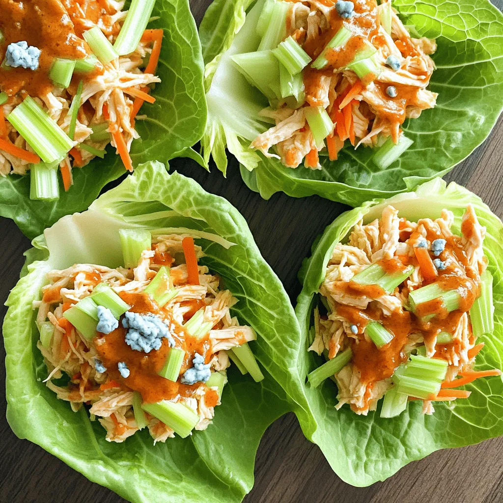 - 2 cups cooked chicken, shredded - 1/2 cup buffalo sauce (adjust according to your spice preference) - 1/4 cup cream cheese, softened at room temperature - 1/4 cup ranch dressing - 1 celery stalk, finely chopped - 1 medium carrot, shredded - 1/4 cup green onions, chopped (white and green parts) - 1 head of Romaine lettuce, leaves carefully separated - Optional: crumbled blue cheese for garnish You can easily swap ingredients in this recipe. If you want less spice, use mild buffalo sauce. You can also use Greek yogurt instead of cream cheese for a lighter option. If you don’t have ranch dressing, try using a yogurt-based dressing or a zesty vinaigrette. For those who don’t eat chicken, try shredded turkey or even canned tuna as a protein base. This dish is low in carbs and high in protein. Each serving packs a punch with flavor and nutrition. A single wrap contains about 200 calories, depending on your specific ingredients. The chicken offers protein, while the veggies provide fiber and vitamins. The ranch dressing and cream cheese add some fat, making the dish creamy and satisfying. If you want to boost the health factor, consider adding more veggies or using a whole grain wrap instead of lettuce. For more details, check the Full Recipe. Start by gathering your ingredients. You need cooked chicken, buffalo sauce, cream cheese, ranch dressing, celery, carrot, green onions, and Romaine lettuce. This prep takes just a few minutes. Make sure to have a clean workspace. 1. In a medium bowl, add the shredded chicken. Pour the buffalo sauce over it. Mix well. Use a fork to coat every piece in sauce. 2. Next, add the softened cream cheese. Blend it into the chicken. Keep mixing until it is smooth. Break up any lumps of cream cheese. 3. Now, add the ranch dressing, chopped celery, shredded carrot, and green onions. Stir everything together. You want a colorful and tasty mixture. 1. Take a strong Romaine lettuce leaf. This will hold your filling well. 2. Spoon a good amount of the buffalo chicken mixture into the leaf. Let it overflow a bit for a hearty bite. 3. If you like, sprinkle crumbled blue cheese on top. This adds great flavor. 4. Carefully fold the sides of the lettuce leaf around the filling. Think of it like a taco. 5. Enjoy your wraps right away for the best taste. Follow these steps, and you’ll have a fun meal ready in no time! For the complete recipe, check out the Full Recipe section. When making buffalo chicken lettuce wraps, avoid using too much buffalo sauce. This can make the filling soggy. Also, be careful not to overmix the chicken and cream cheese. You want the cream cheese to blend smoothly, but don’t turn it into a paste. Lastly, choose strong Romaine leaves. If they tear, your wraps will fall apart. To spice up your wraps, add more buffalo sauce. You can also include hot sauce for an extra kick. If you want to tone it down, use less buffalo sauce. Mixing in more cream cheese can help cool the heat. You can also use a milder ranch dressing. Make your wraps look great by arranging them on a colorful platter. Garnish with chopped green onions or carrot shavings. This adds a pop of color. Serve them with extra ranch dressing on the side for dipping. This makes for a fun and interactive meal. For the full recipe, check out the detailed steps provided earlier. {{image_4}} If you want to switch things up, try different proteins. Ground turkey makes a great substitute. It cooks quickly and absorbs flavors well. Shredded pork also works nicely; it adds a sweet, smoky taste. For a lighter option, use grilled shrimp or fish. Each choice brings its own unique flavor and texture. You can easily make this dish vegetarian or vegan. Swap the chicken for chickpeas or lentils. These ingredients are high in protein and add a hearty feel. For a vegan twist, use cashew cream instead of cream cheese. You can also choose plant-based ranch dressing. These changes keep the wraps tasty and satisfying. Experiment with different sauces and dressings to change the flavor. Try using barbecue sauce for a sweet and tangy twist. Sriracha adds heat, while teriyaki brings a hint of sweetness. You can also mix buffalo sauce with honey for a spicy-sweet version. Each sauce will give your wraps a new life and a fun taste adventure! For the full recipe, check out the detailed instructions above. To store leftover buffalo chicken lettuce wraps, first let them cool. Then, place them in an airtight container. You can keep them in the fridge for up to three days. If you have extra filling, store that separately. This keeps the lettuce fresh and crisp. When you’re ready to eat, take out the filling. Reheat it in a microwave-safe dish. Heat it for about one to two minutes, stirring halfway. Make sure it’s hot all the way through. Avoid reheating the lettuce. It’s best fresh and crisp. You can freeze the buffalo chicken filling, but not the lettuce. To freeze, place the filling in a freezer-safe container. It can last for up to three months. When you’re ready to use it, thaw it in the fridge overnight. Then, reheat it before serving with fresh lettuce. This keeps your meal tasty and enjoyable. For the full recipe, check out the detailed instructions above. Yes, you can make Buffalo Chicken Lettuce Wraps ahead of time. Prepare the filling early and store it in the fridge. The chicken mixture stays tasty for up to three days. Just keep the lettuce separate until you're ready to eat. This way, the wraps stay crisp. Buffalo Chicken Lettuce Wraps pair well with many sides. Here are some great options: - Fresh veggie sticks, like carrots and celery - A side salad with a light dressing - Sweet potato fries for a fun twist - Extra ranch dressing for dipping These sides add color and flavor and make your meal complete. You can easily adjust the spice level in this recipe. Start with less buffalo sauce if you prefer a milder taste. Add more sauce gradually until you find your perfect heat. You can also mix in some honey or sugar to balance out the heat. For extra spice, try adding hot sauce or diced jalapeños to the filling. Enjoy experimenting to create your ideal flavor! For the complete recipe, check out the Full Recipe. Buffalo chicken lettuce wraps are tasty, fun, and easy to make. We covered the key ingredients, steps to cook, and helpful tips. I shared how to avoid common mistakes and presented options for different diets. You can store leftovers and even customize the spice level. Remember, these wraps can fit any meal. Enjoy experimenting with your own twists! Happy cooking!