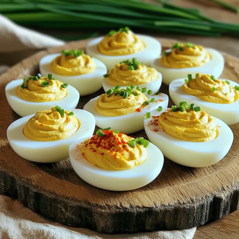 To make classic deviled eggs, you need a few key items: - 6 large eggs - 3 tablespoons mayonnaise - 1 teaspoon Dijon mustard - 1 teaspoon apple cider vinegar - 1/4 teaspoon smoked paprika (plus extra for garnish) - Salt and freshly ground black pepper, to taste - Fresh chives, finely chopped (for garnish) - 1/4 teaspoon cayenne pepper (adjust to taste for extra heat) These ingredients come together to create a creamy and flavorful filling. The eggs provide a rich base, while the mayo and mustard add creaminess and tang. The vinegar and spices give it that classic kick. Feel free to customize your deviled eggs! Here are some fun options: - Paprika for extra color and flavor - Chopped olives for a briny taste - Crispy bacon bits for a savory crunch - Pickled jalapeños for a spicy twist - Capers for a touch of saltiness These additions can elevate your dish and impress your guests. Try mixing and matching! If you have dietary restrictions, don't worry! Here are some swaps: - Use Greek yogurt instead of mayonnaise for a lighter option. - Try avocado for a creamy, dairy-free filling. - For egg allergies, consider using tofu as a base. These substitutions still provide great taste while meeting your needs. Enjoy experimenting! For the full recipe, check out the instructions above. To make perfect hard-boiled eggs, start by placing six large eggs in a pot. Cover the eggs with cold water, about an inch above them. Set the pot on medium-high heat. Once the water boils, cover the pot with a lid. Remove it from the heat and let it sit for 12 to 14 minutes. This method ensures the eggs cook evenly. After 12 to 14 minutes, it's time to cool the eggs. Carefully move the eggs into an ice bath. This is a bowl filled with ice and water. Let them sit for 5 to 10 minutes. This cooling helps stop the cooking process. It also makes peeling easier. Once cool, gently crack the shells on a hard surface. Peel the eggs under running water. This method helps wash away any leftover shell pieces. Now, slice each egg in half lengthwise. Place the yolks in a mixing bowl. Use a fork to mash the yolks until they look like fine crumbs. This step makes the filling smooth. Add 3 tablespoons of mayonnaise, 1 teaspoon of Dijon mustard, 1 teaspoon of apple cider vinegar, and 1/4 teaspoon of smoked paprika. Also, add salt and pepper to taste. If you like heat, mix in 1/4 teaspoon of cayenne pepper. Stir everything until it’s creamy and lump-free. For the full recipe, check the complete instructions. For a creamy filling, start with fresh eggs. Use mayonnaise to add richness. The right ratio is key. I recommend three tablespoons for six eggs. Mix in Dijon mustard and apple cider vinegar for tang. Smashing the yolks well helps avoid lumps. I like to use a fork for this. The creaminess comes from mixing thoroughly. Filling can be neat or rustic. I suggest using a piping bag for a clean look. If you don’t have one, a small spoon works too. Just be gentle to avoid breaking egg whites. Fill them generously; a slight mound is perfect. This gives a nice visual appeal. Garnishing adds flair to your deviled eggs. A sprinkle of smoked paprika gives color and flavor. Fresh chives chopped finely bring a nice crunch. You could also use a slice of olive or a cherry tomato for fun. Consider using edible flowers for a special touch. Each garnish enhances the taste and presentation. {{image_4}} Classic deviled eggs taste rich and creamy. They have a smooth filling with mayo and mustard. For a spicy twist, add cayenne pepper or hot sauce. This gives a nice kick to each bite. Adjust the spice level to fit your taste. You can even mix in diced jalapeños for extra heat. You can make deviled eggs even better by adding unique flavors. Try mixing in crispy bacon bits for a smoky touch. This adds crunch and a savory twist. You can also use avocado for a creamy, fresh flavor. Mash the avocado with the yolks for a smooth blend. Other fun additions include pickles, olives, or even sriracha. Each brings a different taste to your deviled eggs. Serving is just as important as taste. Arrange your deviled eggs on a colorful platter. You can garnish them with fresh herbs or edible flowers for a pop of color. Serve with a side of crunchy vegetables or chips. You can also place a small bowl of spicy sauce next to them for those who love heat. These ideas make your dish stand out at any gathering. For the complete recipe, check out the Full Recipe for more details. Store leftover deviled eggs in an airtight container. This keeps them fresh longer. Place a damp paper towel on top to help maintain moisture. If you don’t have a lid, cover the eggs with plastic wrap. This method is simple and effective. Always refrigerate deviled eggs within two hours of serving. Keep them in the coldest part of your fridge. Avoid storing them with strong-smelling foods. This prevents any unwanted flavors from mixing in. Enjoy your deviled eggs within three to four days for the best taste and texture. Freezing deviled eggs is not recommended. The eggs may become watery and lose their texture. If you want to save the filling, freeze it in a separate container. Thaw it in the fridge overnight before using it again. Just make sure to use it within a month for the best taste. For the full recipe, check out the link above. Deviled eggs last about three to four days in the fridge. Store them in an airtight container to keep them fresh. If you notice any off smells or changes in texture, it's best to discard them. Always check before serving. Yes, you can make deviled eggs a day ahead. This helps the flavors blend well. Just remember to keep them in the fridge until you are ready to serve. They taste great chilled! To transport deviled eggs safely, use a dedicated egg carrier. Place each egg in a section to avoid rolling around. If you don't have one, an empty egg carton works well too. Keep them cool in a cooler or insulated bag with ice packs. Deviled eggs are a simple yet tasty dish. We’ve covered essential ingredients and optional garnishes. You learned how to boil and peel eggs perfectly. We shared tips for a creamy filling and beautiful garnishing. Different variations, like spicy flavors, can spice things up. Plus, we discussed how to store leftovers and common questions about transport and freshness. Remember, deviled eggs are fun and flexible. Enjoy experimenting with flavors to make them your own!