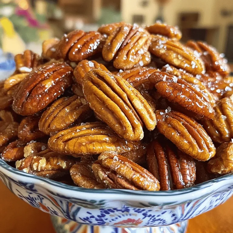 - 2 cups pecan halves - 1/2 cup pure maple syrup - 1/4 cup packed brown sugar - 1/2 teaspoon ground cinnamon - 1/4 teaspoon salt - 1/4 teaspoon vanilla extract - 1 tablespoon unsalted butter To make maple glazed pecans, you need simple and fresh ingredients. I always choose high-quality maple syrup for the best flavor. The pecans should be halved for the perfect bite. The brown sugar adds a lovely sweetness, while the cinnamon brings warmth. Salt is key to balancing the sweetness. A touch of vanilla extract enhances the flavors. Lastly, unsalted butter helps create that rich, sticky glaze. - Chopped nuts or seeds - Chocolate drizzling or coating - Different spices for flavor enhancement If you're feeling creative, you can add fun twists to your maple glazed pecans. Chopped nuts or seeds can give extra crunch. Drizzling chocolate over the cooled pecans makes a sweet treat even more tempting. You can also try different spices like cayenne for heat or nutmeg for warmth. Each add-in can change the flavor profile, making every batch unique. - Preheat oven to 350°F (175°C). - Line a baking sheet with parchment paper. - In a medium saucepan, combine: - 1/2 cup pure maple syrup - 1/4 cup packed brown sugar - 1/2 teaspoon ground cinnamon - 1/4 teaspoon salt - 1 tablespoon unsalted butter Heat the saucepan over medium heat. Stir the mix until the sugar dissolves in the maple syrup. This takes about 2-3 minutes. - Remove the saucepan from heat. Add 1/4 teaspoon vanilla extract and stir. - Now, add 2 cups of pecan halves to the saucepan. Stir well to coat each pecan. - Spread the coated pecans on the baking sheet in a single layer. - Bake for 15-20 minutes. Stir halfway to ensure even cooking. Watch closely to avoid burning. - The pecans are done when they turn golden brown and smell nutty. Remove them from the oven and let them cool on the baking sheet. The glaze will harden as they cool. - If you see any clusters, break them apart with your hands. This recipe is quick and easy, making it a delightful sweet snack. Enjoy your maple glazed pecans! For the full recipe, check out the details above. To get that perfect glaze on your pecans, watch the cooking time closely. The sugar can burn easily, and burnt nuts taste bad. Stir the mixture regularly while it cooks. This keeps everything mixed well and helps it cook evenly. After baking, let the pecans cool completely on the baking sheet. They will stick to the pan if you try to take them off too soon. As they cool, the glaze will harden. If you find any clusters sticking together, break them apart gently. You want them to be separate so every bite is crunchy and sweet. Store them in an airtight container for freshness. Enjoy your maple glazed pecans as a tasty snack or topping! {{image_4}} You can spice up your maple glazed pecans. Try adding cayenne for heat or chili powder for a kick. This twist gives the pecans a bold flavor. For a sweet and savory mix, add fresh herbs like rosemary or thyme. These herbs will enhance the taste and add a lovely aroma. Maple glazed pecans are very versatile. You can add them as a topping for salads. They provide a crunchy, sweet element that brightens up greens. Use them as a garnish on desserts, too. Picture them on ice cream or yogurt. They make a great snack on their own. You can also toss them into trail mixes for extra flavor. They blend well with dried fruits and seeds. Enjoy these pecans in various ways to satisfy your cravings. How long do maple glazed pecans last? Maple glazed pecans typically last about two weeks when stored properly. You can enjoy their sweet crunch for days. - Store in an airtight container at room temperature. This keeps them fresh and tasty. - If you want extended freshness, consider refrigeration. Just make sure the container is airtight. Cold storage can help maintain flavor longer. To make maple glazed pecans vegan, replace the butter with coconut oil. You can also use agave syrup instead of maple syrup. This keeps the sweet flavor while making it plant-based. Yes, you can use other nuts! Almonds, walnuts, or cashews work well. Each nut brings a unique taste and texture. Choose your favorite for a personal touch. You can serve maple glazed pecans in many ways. Try them as a snack or sprinkle them on salads. They also make a great topping for ice cream or yogurt. You can find pre-made maple glazed pecans at local grocery stores. Brands like Trader Joe's and Whole Foods offer them. You can also check online stores like Amazon for more options. For the complete steps and details, check the Full Recipe. It provides a clear guide to making these tasty treats. You now have everything you need to make tasty maple glazed pecans. We covered the key ingredients, steps, tips, and storage methods. Plus, you learned fun variations and serving ideas. Remember to monitor the cooking time to avoid burning. Enjoy sharing these delicious snacks with friends or adding them to your meals. With this guide, you can impress anyone with your new skills. Now, it’s time to get cooking and enjoy your tasty creation!