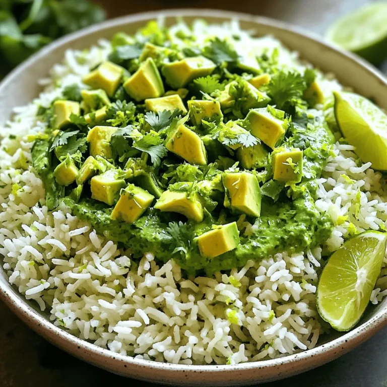 To make Avocado Cilantro Lime Rice, gather these simple ingredients: - 1 cup white rice (jasmine or basmati) - 2 cups vegetable broth (or water) - 1 ripe avocado, cut into bite-sized pieces - 1/4 cup fresh cilantro, finely chopped - 2 tablespoons lime juice (freshly squeezed) - 1 tablespoon extra virgin olive oil - 1/2 teaspoon garlic powder - Salt and freshly cracked pepper to taste - Zest of 1 lime Each ingredient plays a key role. The rice provides a fluffy base. The broth adds depth and flavor. Fresh avocado brings creaminess. Cilantro adds bright notes. Lime juice adds zing, while the garlic powder gives a hint of warmth. Using fresh ingredients makes a big difference. Fresh cilantro and lime juice enhance the dish's flavor. The avocado needs to be ripe for the best texture. I always recommend checking for ripeness by gently pressing the avocado; it should yield slightly. For the best results, use high-quality extra virgin olive oil. This will give your dish a lovely richness. The combination of flavors makes this rice a standout side or a base for your meals. Check out the Full Recipe for more details! To rinse rice, place it in a fine-mesh strainer. Run cold water over it. Move the rice around with your fingers. Keep rinsing until the water runs clear. Rinsing removes extra starch. This step is key for light, fluffy rice. First, combine the rinsed rice with vegetable broth in a medium pot. Bring the mixture to a boil over medium-high heat. Once it boils, turn the heat to low. Cover the pot with a lid. Let it simmer for 15 to 18 minutes. The rice will absorb the liquid and become tender. After cooking, let it sit covered for 5 more minutes. This helps the rice finish cooking. While the rice cooks, make the dressing. In a small bowl, whisk together olive oil, lime juice, garlic powder, salt, and pepper. Mix until smooth. Homemade dressing boosts flavor. It makes every bite taste fresh and zesty. After resting, fluff the rice gently with a fork. Transfer the rice to a large bowl. Drizzle the dressing on top. Toss the rice lightly to coat it evenly. Next, fold in the avocado, cilantro, and lime zest. Be gentle to keep the avocado pieces whole. This adds texture and freshness. Taste the rice mixture. Adjust the seasoning to your liking. Add more salt or lime juice if needed. A little tweak can enhance the flavor. Enjoy your flavorful and fresh dish of Avocado Cilantro Lime Rice! If you want the full recipe, check the section above. Cooking rice can be simple if you follow a few key steps. The best method for cooking rice is to rinse it first. Rinse under cold water until it runs clear. This step removes excess starch. It helps keep your rice fluffy and not sticky. Next, use a ratio of two cups of broth for every cup of rice. This gives great flavor. Bring the mixture to a boil, then reduce the heat to low. Cover the pot and let it simmer. This keeps the rice tender. Common mistakes include lifting the lid too often or not letting it rest. Keep the lid on while it cooks. After cooking, let the rice sit for five minutes. This allows it to finish steaming. For serving, choose a large bowl to showcase your Avocado Cilantro Lime Rice. Garnish with extra lime wedges and fresh cilantro leaves. This adds color and freshness. Pair this rice with grilled chicken or shrimp. Tacos or beans also work well. The bright flavors complement many dishes. This dish is not just tasty; it's also good for you. One serving contains about 250 calories. It provides good fats from avocado and vitamins from cilantro. Avocados are rich in healthy fats. They support heart health and provide fiber. Cilantro adds antioxidants and can help with digestion. This dish is a smart choice for a balanced meal. For the full recipe, click here: [Full Recipe]. {{image_4}} You can easily change the taste of avocado cilantro lime rice. Adding spices gives it more flair. Try a pinch of cumin or chili powder for warmth. Fresh herbs like mint or parsley can also brighten the dish. You can mix in vegetables for extra nutrition. Diced bell peppers or corn add color and crunch. You can even stir in some black beans for protein. These tweaks keep the dish exciting and flavorful. Making this recipe vegan is simple. Just use vegetable broth instead of chicken broth. You can also swap out the olive oil for avocado oil if you prefer. This dish is naturally gluten-free, so you don't need to worry there. If you have nut allergies, ensure any added toppings are safe. You can easily tailor this dish to fit various diets. Just think about what works best for you and your guests. You can serve avocado cilantro lime rice in many ways. It works well as a base for grain bowls, topped with grilled chicken or shrimp. You can serve it as a side dish with tacos or enchiladas. The rice also makes a great filling for wraps. If you have leftovers, use them in a stir-fry or salad. The fresh flavors will shine through, keeping meals fun and tasty. To keep your Avocado Cilantro Lime Rice fresh, store it in an airtight container. This method prevents moisture loss and keeps flavors intact. Place it in the fridge as soon as possible. Rice often stays good for about three to four days. If you want to keep the avocado from browning, sprinkle a bit of lime juice on it before storing. This trick helps maintain the bright color and fresh taste. Yes, you can freeze Avocado Cilantro Lime Rice! Freezing is a great way to save leftovers. First, let the rice cool down completely. Then, place it in a freezer-safe bag or container. Press out as much air as possible before sealing. It can last up to three months in the freezer. To reheat, simply take it out and let it thaw in the fridge overnight. You can also microwave it directly from the freezer. Just add a splash of water to keep it moist. Heat until warm, stirring occasionally. Enjoy your delicious rice even after freezing! For the full recipe, check out the Zesty Avocado Cilantro Lime Rice. You can make this rice dish ahead of time. Cook the rice and let it cool. Store it in a sealed container in the fridge for up to three days. When you are ready to serve, mix in the fresh ingredients like avocado and cilantro. This keeps the flavors bright and fresh. If you don’t have avocado, you can use cooked peas or diced mango. Both add creaminess and sweetness. The taste will change a bit, but it will still be tasty. Yes, this recipe works well for meal prep. You can batch cook the rice and keep it in the fridge. Portion out servings for lunches or dinners. Just add the fresh ingredients right before eating to keep them crisp. You can use brown rice, but it needs a little more time to cook. Use 2 and a half cups of broth and simmer for about 35 to 40 minutes. Brown rice has a nuttier flavor and adds more fiber. This rice goes well with grilled chicken, fish tacos, or black bean bowls. It also works as a side for any Mexican dish. The zesty flavor brightens up the entire meal. For more ideas, check the Full Recipe for inspiration. This article explored how to make Avocado Cilantro Lime Rice. We covered essential ingredients and detailed steps for perfect rice. You learned about cooking tips, fun variations, and how to store leftovers. Remember, making this dish is simple and enjoyable. It’s not just tasty; it’s also healthy. Try different flavors or incorporate more veggies for a unique twist. Enjoy your cooking and share this dish with others. Your kitchen adventures can be a delight for everyone!