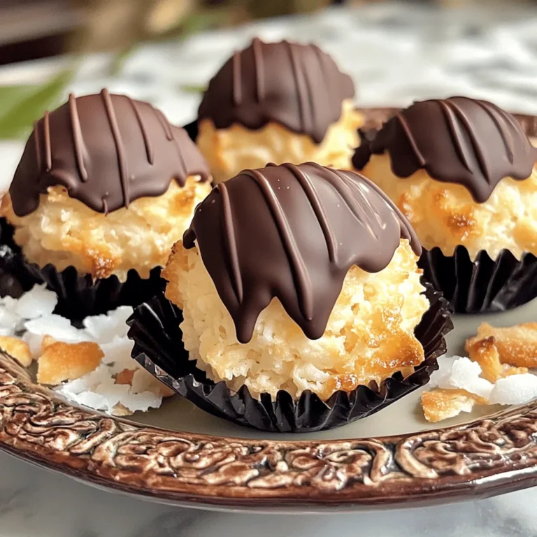 - 3 cups unsweetened shredded coconut - 1 cup sweetened condensed milk - 1 teaspoon pure vanilla extract - 1/4 teaspoon sea salt - 2 large egg whites - 1/4 teaspoon cream of tartar - 8 ounces dark chocolate, finely chopped - 1 tablespoon coconut oil To create chocolate dipped coconut macaroons, you need a few simple ingredients. The base is unsweetened shredded coconut, which gives the macaroons their chewy texture. Sweetened condensed milk adds rich sweetness and moisture. A touch of pure vanilla extract enhances the flavor. Sea salt balances the sweetness. Next, you will whip two large egg whites with cream of tartar. This adds air and lightness to the macaroons. The final touch is the dark chocolate and coconut oil, which makes the perfect dipping sauce. - Mixing bowls - Hand mixer or stand mixer - Baking sheet - Parchment paper - Cookie scooper Having the right tools makes cooking easier. A mixing bowl helps combine your ingredients. A hand mixer or stand mixer whips the egg whites quickly. A baking sheet holds your macaroons while they bake. Parchment paper prevents sticking. Lastly, a cookie scooper shapes your macaroons perfectly. For the full recipe, check out the detailed instructions to guide you through making these treats. Enjoy your baking experience! - Preheat oven to 325°F (163°C) and prepare baking sheet - Mix coconut, condensed milk, vanilla, and salt Start by preheating your oven to 325°F (163°C). This step helps create a nice, warm environment for baking. Next, take a baking sheet and line it with parchment paper to prevent sticking. In a large bowl, combine 3 cups of unsweetened shredded coconut, 1 cup of sweetened condensed milk, 1 teaspoon of pure vanilla extract, and 1/4 teaspoon of sea salt. Stir it well until everything blends smoothly. - Whisk egg whites and cream of tartar until stiff peaks form In another bowl, whisk 2 large egg whites and 1/4 teaspoon of cream of tartar. Use a hand mixer or stand mixer on medium-high speed. Whip until you see stiff peaks form, which takes about 3-5 minutes. This is key for fluffy macaroons. - Fold whipped egg whites into the coconut mixture - Portion the mixture onto the prepared baking sheet Now, gently fold the whipped egg whites into the coconut mixture. Be careful not to deflate the egg whites. This keeps your macaroons light and airy. After that, use a small cookie scooper or your hands to scoop out small mounds of the mixture. Place them on the prepared baking sheet, allowing space between each, about 2 inches apart. - Bake for 15-20 minutes until golden brown - Allow to cool completely on the baking sheet Place the baking sheet in your preheated oven. Bake for about 15-20 minutes. Look for a lovely golden brown color around the edges. Once they are done, take them out and let them cool completely on the baking sheet. This step is important; it sets the texture. - Melt dark chocolate and coconut oil - Dip cooled macaroons into chocolate and drizzle if desired - Refrigerate until chocolate sets While the macaroons cool, melt 8 ounces of dark chocolate and 1 tablespoon of coconut oil. Use a microwave-safe bowl and heat in 30-second intervals, stirring each time until smooth. Once melted, take each cooled macaroon and dip the bottom into the chocolate. Tap off any extra chocolate. Place them back on the parchment-lined sheet. If you want, drizzle any leftover melted chocolate over the top. Finally, refrigerate the macaroons for about 30 minutes, or until the chocolate sets. Enjoy your delicious treat! For the full recipe, check here. To get a light and fluffy texture in macaroons, start with fresh egg whites. Whip them until stiff peaks form. This airiness is key. When you fold the egg whites into the coconut mix, do it gently. You want to keep that air in the egg whites. This step makes your macaroons soft and airy. If you mix too hard, you’ll lose that fluffy texture. For the best results, bake your macaroons at 325°F (163°C). This temperature helps them get a nice golden color. Keep an eye on them while they bake. They usually take about 15-20 minutes. To avoid sticking, always use parchment paper on your baking sheet. It makes removing the macaroons much easier. Arranging your macaroons nicely makes a big difference. Place them on a pretty platter for display. You can even sprinkle toasted coconut flakes around them. This adds a nice touch and makes your treat look more inviting. Your chocolate dipped coconut macaroons will impress everyone! {{image_4}} You can make chocolate dipped coconut macaroons even more special. Try adding almond or mint extract. A small amount can change the taste a lot. Just one teaspoon can add a nice twist. You can also dip them in white chocolate or use other types of chocolate. Each choice gives a new flavor. Experiment with milk chocolate or even ruby chocolate for a fun surprise. Want to make your macaroons unique? Think about adding nuts or dried fruits. Chopped almonds or walnuts add crunch. Dried cherries or cranberries can bring a sweet touch. You can also use different toppings. Try colorful sprinkles or crushed cookies on top. These extra touches make your treats look great and fun to eat. For the full recipe, check out the details above. To keep your chocolate dipped coconut macaroons fresh, store them in an airtight container. This will help them stay soft and tasty. You can keep them at room temperature for up to five days. If you live in a humid area, refrigeration may be best. Just make sure to let them come to room temperature before eating for the best taste. If you want to save some for later, freezing is a great option. To freeze chocolate dipped macaroons, place them in a single layer on a baking sheet. Freeze them for about two hours until solid. Once frozen, move them to an airtight container or a freezer bag. They will stay fresh for up to three months. When you are ready to enjoy them, take the macaroons out and let them thaw at room temperature. This simple step helps the chocolate regain its smoothness. Enjoy your sweet treat whenever you want! For the full recipe, check out the steps above. Chocolate dipped coconut macaroons are sweet treats made from coconut and egg whites. They have a chewy texture and a lovely golden color. The base is a mix of shredded coconut and sweetened condensed milk, which gives them richness. Once baked, I dip them in dark chocolate for a sweet finish. This combination of flavors makes each bite a delightful experience. The chocolate adds a smooth contrast to the chewy coconut, creating a perfect balance. Yes, you can make chocolate dipped coconut macaroons ahead of time. They store well in an airtight container. Once cooled, place them in the container and keep them at room temperature. If you want to make them even earlier, you can freeze them. Just wrap each macaroon in plastic wrap and put them in a freezer bag. When you're ready to enjoy, let them thaw at room temperature. This makes them a great choice for parties or special events. You can find chocolate dipped coconut macaroons at many local bakeries. Look for shops that specialize in desserts or baked goods. Online retailers also offer these treats. However, I always recommend making them at home. Homemade macaroons taste fresher and allow you to control the ingredients. Plus, you can customize them to match your taste! The joy of creating these treats adds to their appeal. For the full recipe, check out my detailed instructions. This blog post covers how to make delicious chocolate-dipped coconut macaroons. We discussed key ingredients, tools, and step-by-step instructions to guide your baking. I shared tips for perfect texture, baking, and presentation, along with fun variations and storage options. With a bit of practice, you can create beautiful treats to impress your friends. Enjoy experimenting and making these sweet delights your own!